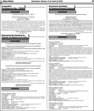 JoãoPessoa- Sábado, 11 de Junho de 2016Diário Oﬁcial 15
COMPANHIA PARAIBANA DE GÁS – PBGÁS
RESULTADO DE LICITAÇÃO – 2ª CHAMADA
CONVITE Nº 001/2016
Registro CGE Nº. 16-00325-1
Objeto:Elaboração de projeto para obtenção do benefício ﬁscal de redução em 75% do Imposto de
Renda por modernização total; bem como assessorar a empresa de todas as providências necessárias que
antecedem a apresentação dos projetos, até a aprovação ﬁnal e expedição do “Laudo Constitutivo” pela
SUDENE – Superintendência do Desenvolvimento do Nordeste, com base na Legislação reguladora dos
incentivos ﬁscais da SUDENE, em conformidade com o Anexo 2 – Termo de Referência.
ACOMPANHIAPARAIBANADE GÁS – PBGÁS, através da Comissão Permanente de Licitações, cons-
tituídos pela Decisão DE PRE n.º 035/2015, de 30 de dezembro de 2015, torna público para conhecimento
dos interessados, que o Convitenº 001/2016, marcadopara o dia06/06/2016, às 14h30min, foi DESERTO.
FABÍOLA GOMES DOS SANTOS
Presidente CPL
LICITAÇÃO
Companhia
Paraibana de Gás - PBGÁS
DEPARTAMENTO ESTADUAL DE TRÂNSITO DO ESTADO DA PARAÍBA
RATIFICAÇÃO DE INEXIGIBILIDADE DE LICITAÇÃO (N.º 0004/2016)
OBJETO: Credenciamento de Clinica de Psicologia
INTERESSADO: CLINICADE PSICOLOGIAE CONSULTORIASARMENTO & DINIZ - LTDA
CNPJ: 14.267.825/0001-81.
Valor: R$ 155.179,20 (cento e cinquenta e cinco mil, cento e setenta e nove reais e vinte centavos).
Período contratação: De 12 meses a partir da assinatura
Dotação Orçamentária: 26201.06.122.5046.4216.0000.0000287.33903900.27000
Reserva Orçamentária: 00123
Registro na CGE: 16-00459-8
FUNDAMENTO LEGAL: Lei n.º 8.666/93 Art. 25, inciso I
RATIFICO nos termos do Art. 25, inciso I da Lei Federal n.º 8.666/93 e em conformidade com os
pareceres jurídicos nº 184/2016 do DETRAN e 322/2016 da SEAD.
João Pessoa, 10 de Junho de 2016.
AGAMENON VIEIRA DA SILVA
DIRETOR SUPERINTENDENTE
DEPARTAMENTO ESTADUAL DE TRÂNSITO DO ESTADO DA PARAÍBA
RATIFICAÇÃO DE INEXIGIBILIDADE DE LICITAÇÃO (N.º 0004/2016)
OBJETO: Credenciamento de Clinica de Psicologia
INTERESSADO: SSF SERVIÇOS DE PSICOLOGIA EIRELI - ME
CNPJ: 18.829.315/0001-01.
Valor: R$ 310.358,40 (trezentos e dez mil, trezentos e cinquenta e oito reais e quarenta centavos).
Período contratação: De 12 meses a partir da assinatura
Dotação Orçamentária: 26201.06.122.5046.4216.0000.0000287.33903900.27000
Reserva Orçamentária: 00129
Registro na CGE: 16-00459-8
FUNDAMENTO LEGAL: Lei n.º 8.666/93 Art. 25, inciso I
RATIFICO nos termos do Art. 25, inciso I da Lei Federal n.º 8.666/93 e em conformidade com os
pareceres jurídicos nº 196/2016 do DETRAN e 322/2016 da SEAD.
João Pessoa, 10 de Junho de 2016.
AGAMENON VIEIRA DA SILVA
DIRETOR SUPERINTENDENTE
Departamento Estadual de
Trânsito do Estado da Paraíba
LICITAÇÕES
DEPARTAMENTO ESTADUAL DE TRÂNSITO DO ESTADO DA PARAÍBA
Extrato de Aditivo de Contrato
Nº do Registro CGE 13-00924-9
Nº do Contrato 0005/2013
Contratante DEPARTAMENTO ESTADUAL DE TRÂNSITO DO ESTADO DA PARAÍBA
Contratado COMPANHIADE PROCESSAMENTO DE DADOS DAPARAÍBA- CODATA
Valor Original do Contrato 16.211.731,32
Nº do Aditivo 04
Objeto do aditivo PRORROGACAO DE PRAZO
Valor do aditivo 18.240.113,52
Classiﬁcação Funcional-Programática 26.201.06.126.5046.4219.0287.3390.39.270.70
Período da Vigência do Contrato 2/5/2013 A 1/5/2017
Data da Assinatura do aditivo 28/4/2016
Valor acumulado do Contrato com o(s) aditivo(s) anterior(es) 52.135.787,76
ARISTEU CHAVES SOUSA - SUPERINTENDENTE
EXTRATO
SECRETARIA DE ESTADO DO DESENVOLVIMENTO HUMANO
AVISO DE LICITAÇÃO
CONVITE Nº 05/2016
REGISTRO CGE N°.: 16-00449-9
A Secretaria de Estado do Desenvolvimento Humano - SEDH, torna público que fará realizar através da
Comissão Permanente de Licitação, às 09:00h do dia 21 de junho 2016, o Convite nº 05/2016, do tipo
Menor Preço, no regime de Execução Indireta de Empreitada por Preço Unitário, que tem como objeto
a contratação de empresa para execução do serviço de RECUPERAÇÃO E MANUTENÇÃO DO
PRÉDIO DO RESTAURANTE POPULAR DE CAMPINA GRANDE/PB. VALOR: R$ 48.679,14
(quarenta e oito mil, seiscentos e setenta e nove reais e quatorze centavos). Recursos: previstos no
orçamento vigente. Fundamento legal: Lei Federal nº 8.666/93. Os interessados poderão obter o Edital
e seus anexos através do email: cpl.sedh.gov@gmail.com. Demais informações poderão ser obtidas na
Comissão Permanente de Licitação, situada na Av. Presidente Epitácio Pessoa, 2501, 1º andar - Bairro
dos Estados - João Pessoa – PB ou pelo Telefone: (083) 3218-6674 – CPL/SEDH.
João Pessoa - PB, 09 de junho de 2016.
ALESSANDRA NÓBREGA GUIMARÃES
Presidente da CPL
Secretaria de Estado
do Desenvolvimento Humano
LICITAÇÃO
SECRETARIA DE ESTADO DO DESENVOLVIMENTO HUMANO
Extrato de CONVÊNIO
Nº do Registro CGE 16-80663-8
Nº do Instrumento 0041/2016
Concedente SECRETARIA DE ESTADO DO DESENVOLVIMENTO HUMANO
Convenente CENTRO DE APOIO A CRIANÇA E O ADOLECENTE
Objeto CONSTITUI OBJETO DESTE CONVÊNIO, TRANSFERIR RECURSOS FINANCEIROS
À CONVENENTE, DESTINADOSAQUALIFICAR PROFISSIONALMENTE 1.100 JOVENS E MU-
LHERES EM SITUAÇÃO DE VULNERABILIDADE SOCIAL, RESIDENTES NAZONAURBANAE
RURAL, COM VISTAÀ INSERÇÃO NO MERCADO DE TRABALHO E ESTÍMULO À GERAÇÃO
DE RENDA, EM VÁRIOS MUNICÍPIOS DA PARAÍBA, CONFORME PLANO DE TRABALHO,
ANEXO AO PROCESSO SEDH Nº 231/2016-0, PARTE INTEGRANTE DESTE INSTRUMENTO,
INDEPENDENTEMENTE DE TRANSCRIÇÃO.
Valor 309.278,35
Classiﬁcação Funcional-Programática 27.902.08.244.5008.1813.0287.3350.43.179
Período da Vigência do Instrumento 19/5/2016 A 31/12/2016
Data da Assinatura 19/5/2016
MARIAAPARECIDA RAMOS DE MENESES - SECRETÁRIA DE ESTADO
Extrato de CONVÊNIO
Nº do Registro CGE 16-80665-4
Nº do Instrumento 0042/2016
Concedente SECRETARIA DE ESTADO DO DESENVOLVIMENTO HUMANO
Convenente ASSOCIAÇÃO DE CRIATIVIDADE ARTÍSTICA E DESPORTIVA DE DEFI-
CIENTES DA PARAÍBA - ACARDD
Objeto IMPLANTAÇÃO DE OFICINAS MÓVEIS DE ARTESANATO, LAZER E FORMAÇÃO
PARA PESSOAS DE BAIXA RENDA E PESSOAS DEFICIENTES DO MUNICÍPIO DE SANTA
RITACOMATENÇÃO ESPECIALNAZONARURAL, FORTALECENDOAPOLÍTICADAPESSOA
COM DEFICIÊNCIA ATRAVÉS DE OFICINAS DE ARTESANATO QUE BUSCAM PROTEÇÕES
SOCIAIS QUE PROMOVAM O FORTALECIMENTO DE VÍNCULOS EAMPLIEM REDES DE CO-
OPERAÇÃO E CONVIVÊNCIA SOCIAL E PROMOÇÃO DE AUTONOMIA, CONFORME PLANO
DE TRABALHO, ANEXO AO PROCESSO SEDH Nº 812/2016-3, PARTE INTEGRANTE DESTE
INSTRUMENTO, INDEPENDENTEMENTE DE TRANSCRIÇÃO.
Valor 82.474,22
Classiﬁcação Funcional-Programática 27.902.08.244.5008.1813.0287.3350.43.179
Período da Vigência do Instrumento 30/5/2016 A 31/12/2016
Data da Assinatura 30/5/2016
MARIAAPARECIDA RAMOS DE MENESES - SECRETÁRIA DE ESTADO
Extrato de Aditivo de Contrato
Nº do Registro CGE 15-00537-2
Nº do Contrato 0083/2015
Contratante SECRETARIA DE ESTADO DO DESENVOLVIMENTO HUMANO
Contratado CLASSIC VIAGENS E TURISMO LTDA.
Valor Original do Contrato 210.000,00
Nº do Aditivo 03
Objeto do aditivo .
Valor do aditivo 0,00
Período da Vigência do Contrato 29/4/2015 A 31/12/2016
Data da Assinatura do aditivo 30/6/2016
MARIAAPARECIDA RAMOS DE MENESES - SECRETÁRIA DE ESTADO
Extrato de Aditivo de Contrato
Nº do Registro CGE 16-00440-0
Nº do Contrato 0191/2016
Contratante SECRETARIA DE ESTADO DO DESENVOLVIMENTO HUMANO
Contratado PRÓSPERA COMÉRCIO E SERVIÇOS EIRELI - ME
Valor Original do Contrato 58.458,56
EXTRATOS
 