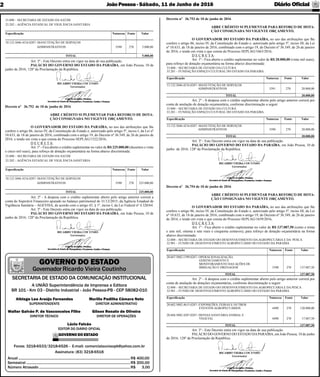 JoãoPessoa- Sábado, 11 de Junho de 2016 Diário Oﬁcial2
Fones: 3218-6533/3218-6526 - E-mail: comercialauniaopb@yahoo.com.br
Assinatura: (83) 3218-6518
A UNIÃO Superintendência de Imprensa e Editora
BR 101 - Km 03 - Distrito Industrial - João Pessoa-PB - CEP 58082-010
SECRETARIA DE ESTADO DA COMUNICAÇÃO INSTITUCIONAL
GOVERNO DO ESTADO
Governador Ricardo Vieira Coutinho
Anual ..................................................................................................................R$ 400,00
Semestral ..........................................................................................................R$ 200,00
Número Atrasado .............................................................................................R$ 3,00
Albiege Lea Araújo Fernandes
SUPERINTENDENTE
GOVERNODOESTADO
Lúcio Falcão
EDITOR DO DIÁRIO OFICIAL
Murillo Padilha Câmara Neto
DIRETOR ADMINISTRATIVO
Gilson Renato de Oliveira
DIRETOR DE OPERAÇÕES
Walter Galvão P. de Vasconcelos Filho
DIRETOR TÉCNICO
25.000 – SECRETARIA DE ESTADO DA SAÚDE
25.202 – AGÊNCIA ESTADUAL DE VIGILÂNCIA SANITÁRIA
Especiﬁcação Natureza Fonte Valor
10.122.5046.4216.0287- MANUTENÇÃO DE SERVIÇOS
ADMINISTRATIVOS 3390 270 5.000,00
TOTAL 5.000,00
Art. 3º - Este Decreto entra em vigor na data de sua publicação.
PALÁCIO DO GOVERNO DO ESTADO DA PARAÍBA, em João Pessoa, 10 de
junho de 2016; 128º da Proclamação da República.
Decreto nº 36.752 de 10 de junho de 2016
ABRE CRÉDITO SUPLEMENTAR PARA REFORÇO DE DOTA-
ÇÃO CONSIGNADA NO VIGENTE ORÇAMENTO.
O GOVERNADOR DO ESTADO DA PARAÍBA, no uso das atribuições que lhe
confere o artigo 86, inciso IV, da Constituição do Estado e, autorizado pelo artigo 5º, inciso I, da Lei nº
10.633, de 18 de janeiro de 2016, combinado com o artigo 19, do Decreto nº 36.549, de 26 de janeiro de
2016, e tendo em vista o que consta do Processo SEPLAG/1522/2016,
D E C R E T A:
Art. 1º - Fica aberto o crédito suplementar no valor de R$ 225.000,00 (duzentos e vinte
e cinco mil reais), para reforço de dotação orçamentária na forma abaixo discriminada:
25.000 – SECRETARIA DE ESTADO DA SAÚDE
25.202 – AGÊNCIA ESTADUAL DE VIGILÂNCIA SANITÁRIA
Especiﬁcação Natureza Fonte Valor
10.122.5046.4216.0287- MANUTENÇÃO DE SERVIÇOS
ADMINISTRATIVOS 3390 270 225.000,00
TOTAL 225.000,00
Art. 2º - A despesa com o crédito suplementar aberto pelo artigo anterior correrá a
conta do Superávit Financeiro apurado no balanço patrimonial de 31/12/2015, da Agência Estadual de
Vigilância Sanitária – AGEVISA, de acordo com o artigo 43, § 1º, inciso I, da Lei Federal nº 4.320/64.
Art. 3º - Este Decreto entra em vigor na data de sua publicação.
PALÁCIO DO GOVERNO DO ESTADO DA PARAÍBA, em João Pessoa, 10 de
junho de 2016; 128º da Proclamação da República.
Decreto nº 36.753 de 10 de junho de 2016
ABRE CRÉDITO SUPLEMENTAR PARA REFORÇO DE DOTA-
ÇÃO CONSIGNADA NO VIGENTE ORÇAMENTO.
O GOVERNADOR DO ESTADO DA PARAÍBA, no uso das atribuições que lhe
confere o artigo 86, inciso IV, da Constituição do Estado e, autorizado pelo artigo 5º, inciso III, da Lei
nº 10.633, de 18 de janeiro de 2016, combinado com o artigo 19, do Decreto nº 36.549, de 26 de janeiro
de 2016, e tendo em vista o que consta do Processo SEPLAG/1663/2016,
D E C R E T A:
Art. 1º - Fica aberto o crédito suplementar no valor de R$ 20.000,00 (vinte mil reais),
para reforço de dotação orçamentária na forma abaixo discriminada:
33.000 – SECRETARIA DE ESTADO DA CULTURA
33.201 – FUNDAÇÃO ESPAÇO CULTURAL DO ESTADO DA PARAÍBA
Especiﬁcação Natureza Fonte Valor
13.122.5046.4216.0287- MANUTENÇÃO DE SERVIÇOS
ADMINISTRATIVOS 3391 270 20.000,00
TOTAL 20.000,00
Art. 2º - A despesa com o crédito suplementar aberto pelo artigo anterior correrá por
conta de anulação de dotação orçamentária, conforme discriminação a seguir:
33.000 – SECRETARIA DE ESTADO DA CULTURA
33.201 – FUNDAÇÃO ESPAÇO CULTURAL DO ESTADO DA PARAÍBA
Especiﬁcação Natureza Fonte Valor
13.122.5046.4216.0287- MANUTENÇÃO DE SERVIÇOS
ADMINISTRATIVOS 3390 270 20.000,00
TOTAL 20.000,00
Art. 3º - Este Decreto entra em vigor na data de sua publicação.
PALÁCIO DO GOVERNO DO ESTADO DA PARAÍBA, em João Pessoa, 10 de
junho de 2016; 128º da Proclamação da República.
Decreto nº 36.754 de 10 de junho de 2016
ABRE CRÉDITO SUPLEMENTAR PARA REFORÇO DE DOTA-
ÇÃO CONSIGNADA NO VIGENTE ORÇAMENTO.
O GOVERNADOR DO ESTADO DA PARAÍBA, no uso das atribuições que lhe
confere o artigo 86, inciso IV, da Constituição do Estado e, autorizado pelo artigo 5º, inciso III, da Lei
nº 10.633, de 18 de janeiro de 2016, combinado com o artigo 19, do Decreto nº 36.549, de 26 de janeiro
de 2016, e tendo em vista o que consta do Processo SEPLAG/1659/2016,
D E C R E T A:
Art. 1º - Fica aberto o crédito suplementar no valor de R$ 137.087,50 (cento e trinta
e sete mil, oitenta e sete reais e cinquenta centavos), para reforço de dotação orçamentária na forma
abaixo discriminada:
32.000 – SECRETARIA DE ESTADO DO DESENVOLVIMENTO DAAGROPECUÁRIA E DA PESCA
32.901 – FUNDO DE DESENVOLVIMENTO AGROPECUÁRIO DO ESTADO DA PARAÍBA
Especiﬁcação Natureza Fonte Valor
20.607.5002.1599.0287- OPERACIONALIZAÇÃO,
GERENCIAMENTO E
MONITORAMENTO DAS AÇÕES DE
IRRIGAÇÃO E DRENAGEM 3390 270 137.087,50
TOTAL 137.087,50
Art. 2º - A despesa com o crédito suplementar aberto pelo artigo anterior correrá por
conta de anulação de dotações orçamentárias, conforme discriminação a seguir:
32.000 – SECRETARIA DE ESTADO DO DESENVOLVIMENTO DAAGROPECUÁRIA E DA PESCA
32.901 – FUNDO DE DESENVOLVIMENTO AGROPECUÁRIO DO ESTADO DA PARAÍBA
Especiﬁcação Natureza Fonte Valor
20.602.5002.4615.0287- EXPOSIÇÕES, FEIRAS E OUTROS
EVENTOS AGROPECUÁRIOS 4490 270 120.000,00
20.604.5002.4287.0287- DEFESA SANITÁRIAANIMAL E
VEGETAL 4490 270 17.087,50
TOTAL 137.087,50
Art. 3º - Este Decreto entra em vigor na data de sua publicação.
PALÁCIO DO GOVERNO DO ESTADO DAPARAÍBA, em João Pessoa, 10 de junho
de 2016; 128º da Proclamação da República.
 