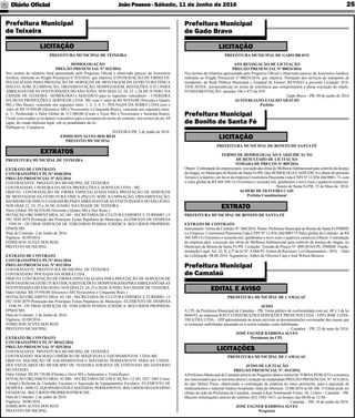 JoãoPessoa- Sábado, 11 de Junho de 2016Diário Oﬁcial 25
PREFEITURA MUNICIPAL DE CAMALAÚ
AVISO
A CPL da Prefeitura Municipal de Camalaú – PB, Torna público de conformidade com art. 48 § 3 da lei
8666/93, as empresas RAVY CONSTRUÇÕES SERVIÇOS E PROJETOS LTDA– EPP e RMC CONS-
TRUÇÕES LTDA – EPP apresentaram no prazo previsto as documentações escoimadas das causas que
as tornaram inabilitadas passando-as a serem tratadas como habilitadas.
Camalaú - PB, 25 de maio de 2016.
JOSÉ FAGNER BARBOSAALVES
Presidente da CPL
PREFEITURA MUNICIPAL DE BONITO DE SANTA FÉ
TERMO DE HOMOLOGAÇÃO E ADJUDICAÇÃO
DE RESULTADO DE LICITAÇÃO
TOMADA DE PREÇOS Nº 009/2016
Objeto: Contratação de empresa para execução das obras de Melhoria Habitacional para controle da doença
de chagas, no Município de Bonito de Santa Fé-PB. Que HOMOLOGAEADJUDICAo objeto do presente
Torneio Licitatório, em favor da empresa Construtora Panorama Ltda-CNPJ Nº 12.036.266/0001-73, com
o valor global de R$ 360.509,14 (Trezentos e sessenta mil, quinhentos e nove reais e quatorze centavos).
Bonito de Santa Fé/PB, 25 de Maio de 2016.
ALDERI DE OLIVEIRA CAJU
Prefeita Constitucional
PREFEITURA MUNICIPAL DE TEIXEIRA
HOMOLOGAÇÃO
PREGÃO PRESENCIAL N° 032/2016
Nos termos do relatório ﬁnal apresentado pelo Pregoeiro Oﬁcial e observado parecer da Assessoria
Juridica, referente ao Pregão Presencial nº 032/2016, que objetiva: CONTRATAÇÃO DE FIRMA ES-
PECIALIZADA PARA PRESTAÇÃO DE SERVIÇOS DE MONTAGEM DA ESTRUTURA FÍSICA
(PALCO, SOM, ILUMINAÇÃO, ORNAMENTAÇÃO, HOSPEDAGEM, REFEIÇÕES, ETC) PARA
ABRILHANTAR AS FESTIVIDADES DO SÃO JOÃO, NOS DIAS 23, 24, 25 e 26 DE JUNHO, NA
CIDADE DE TEIXEIRA. HOMOLOGO e ADJUDICO para os seguintes vencedores: - I PEREIRA
DA SILVA PRODUÇÕES E SERVIÇOS LTDA- ME com o valor de R$ 94.010,00 (Noventa e Quatro
Mil e Dez Reais), vencendo nos seguintes itens: 1, 2, 3, 4, 5;- POUSADA DA SERRA LTDA com o
valor de R$ 19.950,00 (Dezenove Mil e Novecentos e Cinquenta Reais), vencendo nos seguintes itens:
6, 7;- Perfazendo o Valor Global de 113.960,00 (Cento e Treze Mil e Novecentos e Sessenta Reais);
Ficam convocados os licitantes vencedores para a assinatura do termo de contrato, nos termos do art. 64
caput, do citado diploma legal, sob as penalidades da lei.
Publique-se. Cumpra-se.
TEIXEIRA-PB, 2 de junho de 2016.
EDMILSON ALVES DOS REIS
PREFEITO MUNICIPAL
PREFEITURA MUNICIPAL DE TEIXEIRA
EXTRATO DE CONTRATO
CONTRATO/PMT/CPL/N° 0160/2016
PREGÃO PRESENCIAL N° 032/2016
CONTRATANTE: PREFEITURA MUNICIPAL DE TEIXEIRA
CONTRATADO: I PEREIRA DA SILVA PRODUÇÕES E SERFIÇOS LTDA - ME .
OBJETO: CONTRATAÇÃO DE FIRMA ESPECIALIZADA PARA PRESTAÇÃO DE SERVIÇOS
DE MONTAGEM DA ESTRUTURA FÍSICA (PALCO, SOM, ILUMINAÇÃO, ORNAMENTAÇÃO,
BANHEIRO QUIMICO E GERADOR) PARAABRILHANTARAS FESTIVIDADES DO SÃO JOÃO,
NOS DIAS 23, 24, 25 e 26 DE JUNHO, NA CIDADE DE TEIXEIRA.
Valor Global: R$ 94.010,00 (Noventa e Quatro Mil e Dez Reais )
DOTAÇÃO ORÇAMENTÁRIA: 02.140 - SECRETARIA DE CULTURA ESPORTE E TURISMO -13
392 1030 2079 Promoção das Principais Festas Populares do Município -ELEMENTO DE DESPESA
- 3390.39 - OUTROS SERVIÇOS DE TERCEIROS PESSOA JURIDICA -RECURSOS PROPRIOS/
FPM/ICMS
Data do Contrato: 2 de Junho de 2016.
Vigência: 02/09/2016
EDMILSON ALVES DOS REIS
PREFEITO MUNICIPAL
EXTRATO DE CONTRATO
CONTRATO/PMT/CPL/N° 0161/2016
PREGÃO PRESENCIAL N° 032/2016
CONTRATANTE: PREFEITURA MUNICIPAL DE TEIXEIRA
CONTRATADO: POUSADA DA SERRA LTDA .
OBJETO: CONTRATAÇÃO DE FIRMA ESPECIALIZADA PARA PRESTAÇÃO DE SERVIÇOS DE
MONTAGEM DAESTRUTURAFÍSICA(REFEIÇÕES E HOSPEDAGEM) PARAABRILHANTARAS
FESTIVIDADES DO SÃO JOÃO, NOS DIAS 23, 24, 25 e 26 DE JUNHO, NACIDADE DE TEIXEIRA.
Valor Global: R$ 19.950,00 (Dezenove Mil Novecentos e Cinquenta Reais )
DOTAÇÃO ORÇAMENTÁRIA: 02.140 - SECRETARIA DE CULTURA ESPORTE E TURISMO -13
392 1030 2079 Promoção das Principais Festas Populares do Município -ELEMENTO DE DESPESA
- 3390.39 - OUTROS SERVIÇOS DE TERCEIROS PESSOA JURIDICA -RECURSOS PROPRIOS/
FPM/ICMS
Data do Contrato: 2 de Junho de 2016.
Vigência: 02/09/2016
EDMILSON ALVES DOS REIS
PREFEITO MUNICIPAL
EXTRATO DE CONTRATO
CONTRATO/PMT/CPL/N° 00162/2016
PREGÃO PRESENCIAL N° 035/2016
CONTRATANTE: PREFEITURA MUNICIPAL DE TEIXEIRA
CONTRATADO: SOLMAQ COMÉRCIO DE MÁQUINAS E EQUIPAMENTOS LTDA-ME.
OBJETO: AQUISIÇÃO DE EQUIPAMENTOS E MATERIAL PERMANENTE PARA AS UNIDA-
DES ESCOLARES DO MUNICIPIO DE TEIXEIRA ATRAVES DE CONVENIO DO GOVERNO
DO ESTADO.
Valor Global: R$ 89.730,00 (Oitenta e Nove Mil e Setecentos e Trinta Reais)
DOTAÇÃO ORÇAMENTÁRIA: 02.080 - SECRETARIA DE EDUCAÇÃO -12 361 1027 1043 Const.
e Ampl.e Reforma de Unidades Escolares e Aquisição de Equipamentos Escolares -ELEMENTO DE
DESPESA- 4490.52- EQUIPAMENTOS E MATERIALPERMANENTE -RECURSOS DO GOVERNO
ESTADUAL /RECURSOS PROPRIOS/FPM/ICMS
Data do Contrato: 2 de junho de 2016.
Vigência: 30/06/2016
EDMILSON ALVES DOS REIS
PREFEITO MUNICIPAL
PREFEITURA MUNICIPAL DE GADO BRAVO
ATO REVOGAÇÃO DE LICITAÇÃO
PREGÃO PRESENCIAL Nº 00024/2016
Nos termos do relatório apresentado pelo Pregoeiro Oﬁcial e observado parecer da Assessoria Jurídica,
referente ao Pregão Presencial nº 00024/2016, que objetiva: Prestação dos serviços de transporte de
estudantes, da Rede Pública Municipal e Estadual de Ensino. REVOGO a presente Licitação. JUS-
TIFICATIVA: inconsistências no termo de referência que comprometem a plena execução do objeto.
FUNDAMENTAÇÃO: súmulas 346 e 473 do STF.
Gado Bravo - PB, 09 de junho de 2016
AUSTERLIANO EVALDO ARAÚJO
Prefeito
PREFEITURA MUNICIPAL DE BONITO DE SANTA FÉ
EXTRATO DE CONTRATO
Instrumento: Termo de Contrato Nº. 060/2016. Partes: Prefeitura Municipal de Bonito de Santa Fé/PMBSF
e a Empresa: Construtora Panorama Ltda-CNPJ Nº 12.036.266/000173-Valor global do Contrato: de R$
360.509,14 (Trezentos e sessenta mil, quinhentos e nove reais e quatorze centavos);Objeto: Contratação
de empresa para execução das obras de Melhoria Habitacional para controle da doença de chagas, no
Município de Bonito de Santa Fé-PB. Licitação: Tomada de Preços Nº. 009/2016/CPL//PMBSF. Funda-
mentação Legal:Art. 22, II, § 2º da lei Nº. 8.666/93- Fontes de Recursos: Lei Orçamentária - 2016. - Data
da Celebração: 08.06.2016. Signatários: Alderi de Oliveira Cajú e José Wilson Bezerra.
Prefeitura Municipal
de Camalaú
EDITAL E AVISO
Prefeitura Municipal
de Bonito de Santa Fé
LICITAÇÃO
EXTRATO
Prefeitura Municipal
de Gado Bravo
LICITAÇÃO
Prefeitura Municipal
de Teixeira
LICITAÇÃO
EXTRATOS
PREFEITURA MUNICIPAL DE CAMALAÚ
AVISO DE LICITAÇÃO
PREGÃO PRESENCIAL Nº. 014/2016
APrefeitura Municipal de Camalaú através do Pregoeiro abaixo transcrito TORNAPÚBLICO e comunica
aos interessados que se encontra aberta Licitação na modalidade PREGÃO PRESENCIALNº. 014/2016,
do tipo Menor Preço, objetivando a contratação de empresa no ramo pertinente, para a aquisição de
medicamentos e material médico hospitalar. Data de Abertura: 23/06/2016 às 08:30h. O Edital pode ser
obtido na sede da Prefeitura de Camalaú, situada à Rua Nominando Firmo, 56, Centro – Camalaú – PB.
Maiores informações através do telefone (83) 3302-1013, no horário das 08:00 às 12:00.
Camalaú – PB, 10 de junho de 2016.
JOSÉ FAGNER BARBOSAALVES
Pregoeiro
LICITAÇÕES
 