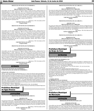 JoãoPessoa- Sábado, 11 de Junho de 2016Diário Oﬁcial 29
PREFEITURA MUNICIPAL DE MARCAÇÃO
AVISO DE LICITAÇÃO
PREGÃO PRESENCIAL Nº 00031/2016
Torna público que fará realizar através do Pregoeiro Oﬁcial e Equipe de Apoio, sediada na Rua Manoel
Benevonuto do Prado, 257 - Centro - Marcação - PB, às 09:00 horas do dia 22 de Junho de 2016, licitação
modalidade Pregão Presencial, do tipo menor preço, para:Aquisição de ar condicionados diversos e bebe-
douros destinado as secretarias deste Município. Recursos: previstos no orçamento vigente. Fundamento
Prefeitura Municipal
de Marcação
LICITAÇÃO
PREFEITURA MUNICIPAL DE BREJO DO CRUZ
3º TERMO ADITIVO DE PRORROGAÇÃO
AO CONTRATO Nº 00129/2014
OBJETO: CONTRATAÇÃO DE EMPRESA ESPECIALIZADA EM OBRAS E SERVIÇOS DE EN-
GENHARIA DE PAVIMENTAÇÃO ASFÁLTICA COM CBUQ (Capeamento de Vias Urbanas) com
sinalização viárias em Diversas Ruas deste Município.
FUNDAMENTO LEGAL: Concorrência nº 00001/2014.
DOTAÇÃO: Recursos CR. 1013.562-26/2013 - CR. 1013.691-59/2013 - CR. 1013.561-01/2013
VIGÊNCIA: 180 (cento e oitenta) dias.
PARTES CONTRATANTES: Prefeitura Municipal de Brejo do Cruz e:
CT Nº 00129/2014 - R & N EMPREENDIMENTO IMOBILIARIOS E SERVIÇOS LTDA - ME
O presente instrumento de termo aditivo ao contrato ﬁca prorrogado pelo período de 180 (cento e oitenta)
dias, ﬁcando o vencimento para o dia 13 de Dezembro de 2016, de conformidade com a clausula Sétima
do presente instrumento de contrato de acordo com a Lei federal 8.666/93 no art. 64 inciso 1º.
Brejo do Cruz - PB, 10 de Junho de 2016.
ANA MARIA DUTRA DA SILVA
Prefeita
1º TERMO ADITIVO
DE PRORROGAÇÃO AO CONTRATO
OBJETO: EXECUÇÃO DE LIMPEZAPÚBLICANAZONAURBANADO MUNICIPIO DE BELEM
DO BREJO DO CRUZ.FUNDAMENTO LEGAL: Dispensa de Licitação nº DP00002/2016.Recursos:
ORDINÁRIOS.VIGÊNCIA: 60 (sessenta) dias.PARTES CONTRATANTES: Prefeitura Municipal de
Belém do Brejo do Cruz e:CT Nº 00047/2016 - 13.04.16 - W E CONSTRUÇÕES E SERVIÇOS LTDA.
- R$ 54.767,31. Fica prorrogado por 60 dias, ﬁcando o vencimento para o dia 12/08/2016, conf. clausula
Sétima do contrato,Lei federal 8.666/93 no art. 64 inciso 1º.
Belem do Brejo do Cruz - PB, 09 de Junho de 2016.
GERMANO LACERDA DA CUNHA
Prefeito
Prefeitura Municipal
de Brejo do Cruz
EXTRATOS
PREFEITURA MUNICIPAL DE ÁGUA BRANCA
ADJUDICAÇÃO
PREGÃO PRESENCIAL Nº 00041/2016
Nos termos do relatório ﬁnal e observado parecer da Assessoria Jurídica, referente ao Pregão Presencial
nº 00041/2016, que objetiva: Aquisição de Pães e Bolos destinados a Merenda dos alunos da rede de
Escolas Públicas do Município e para os Programas da Secretaria de Ação Social, do município de Água
Branca PB; ADJUDICO o correspondente procedimento licitatório em favor de: KLEBER LEITE DA
SILVA 08656144405 - R$ 31.970,00.
Água Branca - PB, 09 de Junho de 2016
DANILA FIRMINO DE LIMA
Pregoeira
Prefeitura Municipal
de Água Branca
LICITAÇÕES
PREFEITURA MUNICIPAL DE ÁGUA BRANCA
HOMOLOGAÇÃO
PREGÃO PRESENCIAL Nº 00041/2016
Nos termos do relatório ﬁnal apresentado pela Pregoeira Oﬁcial e observado parecer da Assessoria Jurí-
dica, referente ao Pregão Presencial nº 00041/2016, que objetiva: Aquisição de Pães e Bolos destinados
a Merenda dos alunos da rede de Escolas Públicas do Município e para os Programas da Secretaria de
Ação Social, do município de Água Branca PB; HOMOLOGO o correspondente procedimento licitatório
em favor de: KLEBER LEITE DA SILVA 08656144405 - R$ 31.970,00.
Água Branca - PB, 09 de Junho de 2016
TARCISIO ALVES FIRMINO
Prefeito
PREFEITURA MUNICIPAL DE ÁGUA BRANCA
ADJUDICAÇÃO
PREGÃO PRESENCIAL Nº 00042/2016
Nos termos do relatório ﬁnal e observado parecer da Assessoria Jurídica, referente ao Pregão Presencial
nº 00042/2016, que objetiva: Contratação de empresa especializada para os serviços de vigilância noturna
dos prédios públicos deste município; ADJUDICO o correspondente procedimento licitatório em favor
de: GILVAN BERNARDO DA SILVA 09954879790 - R$ 10.500,00.
Água Branca - PB, 09 de Junho de 2016
DANILA FIRMINO DE LIMA
Pregoeira
PREFEITURA MUNICIPAL DE ÁGUA BRANCA
HOMOLOGAÇÃO
PREGÃO PRESENCIAL Nº 00042/2016
Nos termos do relatório ﬁnal apresentado pela Pregoeira Oﬁcial e observado parecer daAssessoria Jurídica,
referente ao Pregão Presencial nº 00042/2016, que objetiva: Contratação de empresa especializada para
os serviços de vigilância noturna dos prédios públicos deste município; HOMOLOGO o correspondente
procedimento licitatório em favor de: GILVAN BERNARDO DA SILVA 09954879790 - R$ 10.500,00.
Água Branca - PB, 09 de Junho de 2016
TARCISIO ALVES FIRMINO
Prefeito
PREFEITURA MUNICIPAL DE ITAPOROROCA
FUNDO MUNICIPAL DE SAÚDE DE ITAPOROROCA
EXTRATO DE CONTRATO
OBJETO: Aquisição Parcelada de Medicamentos de A a Z, através da oferta de maior porcentagem de
desconto sobre a tabela da ABCFarma, para a distribuição com Pessoas Carentes deste Município, como
também destinados aAssistência Farmacêutica junto as Unidades Básicas de Saúde, CAPS’S, SAMU e a
Farmácia Básica, através da Secretaria Municipal de Saúde deste Município. FUNDAMENTO LEGAL:
Dispensa de Licitação nº DP00004/2016. DOTAÇÃO: Recursos Próprios e Federais do Município de
Itapororoca: UNIDADE ORÇAMENTÁRIA.: 1212 Fundo Municipal de Saude de Itapororoca 10 301
0210 2.029 | Manut do Programa de Doações de Medicam 10 301 0210 2.030 | Manutenção do Fundo
Municipal de Saude VIGÊNCIA: até o ﬁnal do exercício ﬁnanceiro de 2016 PARTES CONTRATANTES:
Fundo Municipal de Saúde de Itapororoca e:
CT Nº 00173/2016 - 10.06.16 - DROGARIA DROGAVISTA LTDA - R$ 180.000,00
DIVAMARIAQUEIROZ DANÓBREGA- Secretária e Gestora do Fundo Munic de Saúde de Itapororoca
EXTRATO
PREFEITURA MUNICIPAL DE ITAPOROROCA
AVISO DE LICITAÇÃO
PREGÃO PRESENCIAL Nº 00047/2016
Torna público que fará realizar através do Pregoeiro Oﬁcial e Equipe de Apoio, sediada na Rua Frei
Damião Bozzano, 07 - Centro - Itapororoca - PB, às 11:00 horas do dia 22 de Junho de 2016, licitação
modalidade Pregão Presencial, do tipo menor preço, para: Contratação de empresas para o fornecimento
de postes de concreto, no sistema menor preço por item, destinados ao atendimento das demandas ds rede
de iluminação pública deste município. Recursos: previstos no orçamento vigente. Fundamento legal:
Lei Federal nº 10.520/02 e Decreto Municipal nº 028/2005. Informações: no horário das 08:00 as 12:00
horas dos dias úteis, no endereço supracitado. Telefone: (083) 32941112.
Email: pmilicitacao2013@hotmail.com.
Itapororoca - PB, 10 de Junho de 2016
TARCÍSIO FRANÇA DA SILVA
Pregoeiro Oﬁcial
PREFEITURA MUNICIPAL DE ITAPOROROCA
AVISO DE LICITAÇÃO
PREGÃO PRESENCIAL Nº 00048/2016
Torna público que fará realizar através do Pregoeiro Oﬁcial e Equipe de Apoio, sediada na Rua Frei
Damião Bozzano, 07 - Centro - Itapororoca - PB, às 14:15 horas do dia 22 de Junho de 2016, licitação
modalidade Pregão Presencial, do tipo menor preço, para: Contração de empresas para a prestação de
serviços de troca de postes de concreto, no sistema menor preço por item, destinado ao atendimento das
demandas da rede de iluminação pública deste município. Recursos: previstos no orçamento vigente.
Fundamento legal: Lei Federal nº 10.520/02 e Decreto Municipal nº 028/2005. Informações: no horário
das 08:00 as 12:00 horas dos dias úteis, no endereço supracitado. Telefone: (083) 32941112. Email:
pmilicitacao2013@hotmail.com.
Itapororoca - PB, 10 de Junho de 2016
TARCÍSIO FRANÇA DA SILVA
Pregoeiro Oﬁcial
PREFEITURA MUNICIPAL DE ITAPOROROCA
AVISO DE LICITAÇÃO
PREGÃO PRESENCIAL Nº 00049/2016
Torna público que fará realizar através do Pregoeiro Oﬁcial e Equipe de Apoio, sediada na Rua Frei
Damião Bozzano, 07 - Centro - Itapororoca - PB, às 15:00 horas do dia 22 de Junho de 2016, licitação
modalidade Pregão Presencial, do tipo menor preço, para: Contratação de empresa para executar os ser-
viços de trocas ou instalações de materiais elétricos diversos, para manutenção e melhor funcionamento
dos diversos setores da administração municipal. Recursos: previstos no orçamento vigente. Fundamento
legal: Lei Federal nº 10.520/02 e Decreto Municipal nº 028/2005. Informações: no horário das 08:00 as
12:00 horas dos dias úteis, no endereço supracitado. Telefone: (083) 32941112.
Email: pmilicitacao2013@hotmail.com.
Itapororoca - PB, 10 de Junho de 2016
TARCÍSIO FRANÇA DA SILVA
Pregoeiro Oﬁcial
 