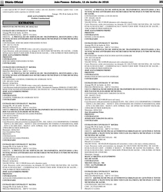 JoãoPessoa- Sábado, 11 de Junho de 2016Diário Oﬁcial 35
OBJETO: A PRESTAÇÃO DE SERVIÇOS DE TRANSPORTES, DESTINADOS A MA-
NUTENÇÃO DAS ATIVIDADES DAS SECRETARIAS MUNICIPAIS E FUNDO MUNICIPAL
DE SAÚDE.
CONTRATADO: DANIEL LUIS DA SILVA
CPF: 038.601.184-20
PRAZO: 02/06/2016
VALOR TOTAL: R$ 19.200,00 (dezenove mil e duzentos reais).
Cujos Recursos serão provenientes na dotação 02.140-FUNDO MUNICIPAL DE SAÚDE;
02140.10.302.0210.2042 – COORDENACAO E MANUT.DOS SERV. PUBLICOS DE SAUDE; –
3390.36.9900 OUTROS SERVIÇOS.
JOSÉ ALEXANDRINO PRIMO
PREFEITO
CONTRATANTE
DANIEL LUÍS DA SILVA
CONTRATADO
EXTRATO DO CONTRATO Nº 064/2016
Araçagi-PB, 02 de Junho de 2016.
PREGÃO PRESENCIAL - SRP N.º 015/2016
OBJETO: A PRESTAÇÃO DE SERVIÇOS DE TRANSPORTES, DESTINADOS A MA-
NUTENÇÃO DAS ATIVIDADES DAS SECRETARIAS MUNICIPAIS E FUNDO MUNICIPAL
DE SAÚDE.
CONTRATADO: MARIA INÁCIO DOS SANTOS ANDRADE
CPF: 025.310.444-00
PRAZO: 02/06/2016
VALOR TOTAL: R$ 16.800,00 (dezesseis mil e oitocentos reais).
Cujos Recursos serão provenientes na dotação 02.140-FUNDO MUNICIPAL DE SAÚDE;
02140.10.302.0210.2042 – COORDENACAO E MANUT.DOS SERV. PUBLICOS DE SAUDE; –
3390.36.9900 OUTROS SERVIÇOS.
JOSÉ ALEXANDRINO PRIMO
PREFEITO
CONTRATANTE
MARIA INÁCIO DOS SANTOS ANDRADE
CONTRATADO
EXTRATO DO CONTRATO Nº 067/2016
Araçagi-PB, 09 de Junho de 2016.
PREGÃO PRESENCIAL - SRP N.º 016/2016
OBJETO: PRESTAÇÃO DE SERVIÇOS DE TRANSPORTE DE ESTUDANTES MATRICULA-
DOS NAS ESCOLAS DA REDE MUNICIPAL.
CONTRATADO: JONIELSON TARGINO DA SILVA
CPF: 104.022.274-92
PRAZO: 09/06/2017.
VALOR TOTAL: R$ 9.000,00 (nove mil reais).
Cujos Recursos serão provenientes na dotação 02.070 – SEC. EDUC.CULT.DESPORTOS E TURISMO
– 02070.12.361.0403.2022 – MANUT. DAS ATIVIDADES DO ENSINO FUNDAMENTAL-MDE
– 0270.12.361.0403.2024 – MANUT. ATIV. D/PROG. NAC. DE APOIO AO TRASNP. ESCOLAR–
339036.000 OUTROS SERVIÇOS.
Município: ARAÇAGI
José Alexandrino Primo
PREFEITO
CONTRATANTE
JONIELSON TARGINO DA SILVA
CONTRATADO
EXTRATO DO CONTRATO Nº 069/2016
Araçagi-PB, 09 de Junho de 2016.
PREGÃO PRESENCIAL - SRP N.º 017/2016
OBJETO: AQUISIÇÃO DE PEÇAS AUTOMOTIVAS ORIGINAIS OU GENUÍNOS E NOVOS
DESTINADOS A MANUTENÇÃO DOS VEÍCULOS DA FROTA MUNICIPAIS E FUNDO
MUNICIPAL DE SAÚDE.
CONTRATADO: MILTON VIEGAS – ME
CNPJ : 24.279.655/0001-09.
PRAZO:31/12/2016
VALOR TOTAL: R$ 40.628,80 (Quarenta mil seiscentos e vinte e oito reais e oitenta centavos).
Cujos Recursos serão provenientes na dotação 02.140-FUNDO MUNICIPAL DE SAÚDE –
02140.10.301.0211.2039 – COORD. E MANUT. D/ PROGR. DE SAÚDE DA FAMÍLIA – PSF -
02140.10.302.0210.2042 – MANUT. DOS SERV. PÚBLICOS DE SAÚDE – 3390.30.9900– OUTROS
MATERIAIS DE CONSUMO.
Município: Araçagi
BIANCA VIRGÍNIAALEXANDRINO
SEC.DE SAÚDE
CONTRATANTE
MILTON VIEGAS – ME
CNPJ : 24.279.655/0001-09
CONTRATADO
EXTRATO DO CONTRATO Nº 068/2016
Araçagi-PB, 09 de Junho de 2016.
PREGÃO PRESENCIAL - SRP N.º 017/2016
OBJETO: AQUISIÇÃO DE PEÇAS AUTOMOTIVAS ORIGINAIS OU GENUÍNOS E NOVOS
DESTINADOS A MANUTENÇÃO DOS VEÍCULOS DA FROTA MUNICIPAIS E FUNDO
MUNICIPAL DE SAÚDE.
CONTRATADO: MILTON VIEGAS – ME
CNPJ : 24.279.655/0001-09.
PRAZO:31/12/2016
PREFEITURA MUNICIPAL DE ARAÇAGI
EXTRATO DO CONTRATO Nº 061/2016
Araçagi-PB, 02 de Junho de 2016.
PREGÃO PRESENCIAL - SRP N.º 015/2016
OBJETO: A PRESTAÇÃO DE SERVIÇOS DE TRANSPORTES, DESTINADOS A MA-
NUTENÇÃO DAS ATIVIDADES DAS SECRETARIAS MUNICIPAIS E FUNDO MUNICIPAL
DE SAÚDE.
CONTRATADO: JOSÉ RICARDO FERNANDES NUNES
CPF: 104.721.374-50
PRAZO: 02/06/2016
VALOR TOTAL: R$ 28.800,00 (vinte e oito mil e oitocentos reais).
Cujos Recursos serão provenientes na dotação 02.140-FUNDO MUNICIPAL DE SAÚDE;– COOR-
DENACAO E MANUT.DOS SERV. PUBLICOS DE SAUDE;;– 3390.36.9900 OUTROS SERVIÇOS.
JOSÉ ALEXANDRINO PRIMO
PREFEITO
CONTRATANTE
JOSÉ RICARDO FERNANDES NUNES
CONTRATADO
EXTRATO DO CONTRATO Nº 065/2016
Araçagi-PB, 02 de Junho de 2016.
PREGÃO PRESENCIAL - SRP N.º 015/2016
OBJETO: A PRESTAÇÃO DE SERVIÇOS DE TRANSPORTES, DESTINADOS A MA-
NUTENÇÃO DAS ATIVIDADES DAS SECRETARIAS MUNICIPAIS E FUNDO MUNICIPAL
DE SAÚDE.
CONTRATADO: LOURIVAL FERREIRA DE ANDRADE NETO
CPF: 095.439.134-98
PRAZO: 02/06/2016
VALOR TOTAL: R$ 25.200,00 (vinte e cinco mil e duzentos reais).
Cujos Recursos serão provenientes na dotação: 02.040 – Secretaria de Finanças; 02040.04.123.0055.2007 –
MANUTENCAO DASATIVIDADES DASEC. DE FINANCAS – 3390.36.9900 OUTROS SERVIÇOS.
JOSÉ ALEXANDRINO PRIMO
PREFEITO
CONTRATANTE
LOURIVAL FERREIRA DE ANDRADE NETO
CONTRATADO
EXTRATO DO CONTRATO Nº 066/2016
Araçagi-PB, 09 de Junho de 2016.
PREGÃO PRESENCIAL - SRP N.º 016/2016
OBJETO: PRESTAÇÃO DE SERVIÇOS DE TRANSPORTE DE ESTUDANTES MATRICULA-
DOS NAS ESCOLAS DA REDE MUNICIPAL.
CONTRATADO: LEONILDO DA GAMA PEREIRA
CPF: 024.413.944-01
PRAZO: 09/06/2017.
VALOR TOTAL: R$ 30.000,00 (trinta mil reais).
Cujos Recursos serão provenientes na dotação 02.070 – SEC. EDUC.CULT.DESPORTOS E TURISMO
– 02070.12.361.0403.2022 – MANUT. DAS ATIVIDADES DO ENSINO FUNDAMENTAL-MDE
– 0270.12.361.0403.2024 – MANUT. ATIV. D/PROG. NAC. DE APOIO AO TRASNP. ESCOLAR–
339036.000 OUTROS SERVIÇOS.
Município: ARAÇAGI
José Alexandrino Primo
PREFEITO
CONTRATANTE
LEONILDO DA GAMA PEREIRA
CONTRATADO
EXTRATO DO CONTRATO Nº 062/2016
Araçagi-PB, 02 de Junho de 2016.
PREGÃO PRESENCIAL - SRP N.º 015/2016
OBJETO: A PRESTAÇÃO DE SERVIÇOS DE TRANSPORTES, DESTINADOS A MA-
NUTENÇÃO DAS ATIVIDADES DAS SECRETARIAS MUNICIPAIS E FUNDO MUNICIPAL
DE SAÚDE.
CONTRATADO: AGNALDO FERNANDES DA CRUZ
CPF: 628.705.647-91
PRAZO: 02/06/2016
VALOR TOTAL: R$ 13.200,00 (treze mil e duzentos reais).
Cujos Recursos serão provenientes na dotação 02.140-FUNDO MUNICIPAL DE SAÚDE;
02140.10.302.0210.2042 – COORDENACAO E MANUT.DOS SERV. PUBLICOS DE SAUDE; –
3390.36.9900 OUTROS SERVIÇOS.
JOSÉ ALEXANDRINO PRIMO
PREFEITO
CONTRATANTE
AGNALDO FERNANDES DA CRUZ
CONTRATADO
EXTRATO DO CONTRATO Nº 063/2016
Araçagi-PB, 02 de Junho de 2016.
PREGÃO PRESENCIAL - SRP N.º 015/2016
EXTRATOS
o valor total de R$ 337.284,07 (Trezentos e trinta e sete mil, duzentos e oitenta e quatro reias e sete
centavos),pelas razões expostas no referido Laudo.
Araçagi - PB, 08 de Junho de 2016.
JOSÉ ALEXANDRINO PRIMO
Prefeito Constitucional
 