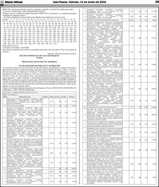 JoãoPessoa- Sábado, 11 de Junho de 2016Diário Oﬁcial 39
00041/2015, que ﬁzerem adesão a esta Ata, mediante a consulta e a anuência do órgão gerenciador.
CLÁUSULA TERCEIRA - DAS DISPOSIÇÕES GERAIS:
Integram esta Ata, o Edital do Pregão Presencial nº 00041/2015 e seus anexos, e as seguintes propostas
vencedoras do referido certame:
- A COSTA COMERCIO ATACADISTA DE PRODUTOS FARMACEUTICOS LTDA.
Item(s): 1 - 2 - 3 - 4 - 5 - 6 - 7 - 8 - 9 - 10 - 11 - 12 - 13 - 14 - 15 - 16 - 17 - 18 - 19 - 20 - 21 - 22 - 23 -
24 - 25 - 26 - 27 - 28 - 29 - 30 - 31 - 32 - 33 - 34 - 35 - 37 - 38 - 39 - 40 - 41 - 42 - 43 - 44 - 45 - 46 - 47
- 48 - 49 - 50 - 51 - 52 - 53 - 54 - 55 - 56 - 57 - 58 - 59 - 60 - 61 - 62 - 63 - 64 - 65 - 66 - 67 - 68 - 69 - 70
- 71 - 72 - 73 - 74 - 75 - 76 - 78 - 79 - 80 - 81 - 82 - 83 - 84 - 85 - 86 - 87 - 88 - 89 - 90 - 91 - 92 - 93 - 94
- 95 - 96 - 97 - 98 - 99 - 100 - 101 - 102 - 103 - 104 - 105 - 106 - 107 - 108 - 109 - 110 - 111 - 112 - 113
- 114 - 115 - 116 - 117 - 118 - 119 - 120 - 121 - 122 - 123 - 124 - 125 - 126 - 127 - 128 - 129 - 130 - 131
- 132 - 133 - 134 - 135 - 136 - 137 - 138 - 139 - 140 - 141 - 142 - 143 - 144 - 145 - 146 - 147 - 148 - 149
- 150 - 151 - 152 - 153 - 154 - 155 - 156 - 157 - 158 - 159 - 160 - 161 - 162 - 163 - 164 - 165 - 166 - 167
- 168 - 169 - 170 - 171 - 172 - 173 - 174 - 175 - 176 - 177 - 178 - 179 - 180 - 181 - 182 - 183 - 184 - 185
- 186 - 187 - 188 - 189 - 190 - 191 - 192 - 193 - 194 - 195 - 196 - 197 - 198 - 199 - 200 - 201 - 202 - 203
- 204 - 205 - 206 - 207 - 208 - 209 - 210 - 211 - 212 - 213 - 214 - 215 - 216 - 217 - 218 - 219 - 220 - 221
- 222 - 223 - 224 - 225 - 226 - 227 - 228 - 229 - 230 - 231 - 232 - 233 - 234 - 235 - 236 - 237 - 238 - 239
- 240 - 241 - 242 - 243 - 244 - 245 - 246 - 247 - 248 - 249 - 250 - 251 - 252.
Valor: R$ 473.233,12.
CLÁUSULA QUARTA - DO FORO:
Para dirimir as questões decorrentes da utilização da presente Ata, ﬁca eleito o Foro da Comarca de
Aroeiras.
Aroeiras - PB, 02 de Fevereiro de 2016.
MYLTON DOMINGUES DE AGUIAR MARQUES
Prefeito
PREFEITURA MUNICIPAL DE AROEIRAS
ATA DE REGISTRO DE PREÇOS Nº: RP 00042/2015
Aos 02 dias do mês de Fevereiro de 2016, na sede da Comissão Permanente de Licitação da Prefeitura
Municipal de Aroeiras, Estado da Paraíba, localizada na Rua Zeferino de Paula - Centro - Aroeiras -
PB, nos termos da Lei Federal de nº 10.520, de 17 de julho de 2002, Decreto Municipal nº , de 30 de
Dezembro de 1899, Decreto Federal nº 7.892, de 23 de Janeiro de 2013, e subsidiariamente pela Lei
Federal nº. 8.666, de 21 de junho de 1993 e suas alterações posteriores, bem como as demais normas
legais aplicáveis, e, ainda, conforme a classiﬁcação da proposta apresentada no Pregão Presencial nº
00042/2015 que objetiva o registro de preços para:AQUISIÇÃO DE MATERIALMEDICO-HOSPITA-
LAR DE CONSUMO E PERMANENTE DESTINADOSAOATENDIMENTO DAS NECESSIDADES
DO FUNDO MUNICIPAL DE SAUDE PELO SISTEMA DE REGISTRO DE PREÇOS - SRP; resolve
registrar o preço nos seguintes termos:
Órgão e/ou entidade integrante da presenteAta de Registro de Preços: PREFEITURAMUNICIPAL DE
AROEIRAS - CNPJ nº 08.865.636/0001-08.
VENCEDOR: L G PRODUTOS HOSPITALARES LTDA - ME
CNPJ: 17.227.485/0001-53
ITEM ESPECIFICAÇÃO MARCA UNID. QUANT. P.UNIT. P.TOTAL
1
ABAIXADOR LÍNGUA, MATERIAL MADEIRA, TIPO
DESCARTÁVEL, COMPRIMENTO 13,5cm, FORMATO
CONVENCIONAL, LARGURA 1,50cm, ESPESSURA 2cm.
PACOTE COM 100UND.
PCT 300 4,21 1.263,00
2 ÁGUA DESTILADA 1.000ML LIT 300 4,64 1.392,00
3
AGULHA DESCARTÁVEL, MATERIAL TUBO AÇO
INOXIDÁVEL, NÚMERO 13 X 4,5, APLICAÇÃO
CPROTETOR PLÁSTICO, IDENT. COR UNIVERSAL, TIPO
HIPODÉRMICA, TIPO BISEL CURTO, TRIFACETADO,
COM PAREDES FINAS, ESTERILIDADE ESTÉRIL,
DESCARTÁVEL, ATÓXICA, SILICONIZADA. CX
C/100UND.
UND 150 8,42 1.263,00
4
AGULHA DESCARTÁVEL, MATERIAL TUBO AÇO
INOXIDÁVEL, NÚMERO 20 X 0,55 APLICAÇÃO C/
PROTETOR PLÁSTICO, IDENT. COR UNIVERSAL, TIPO
HIPODÉRMICA, TIPO BISEL CURTO, TRIFACETADO,
COM PAREDES FINAS, ESTERILIDADE ESTÉRIL,
DESCARTÁVEL, ATÓXICA, SILICONIZADA. CX C/100UND
UND 100 8,49 849,00
5
AGULHA DESCARTÁVEL, MATERIAL TUBO AÇO
INOXIDÁVEL, NÚMERO 25 X 7,0 APLICAÇÃO C/
PROTETOR PLÁSTICO, IDENT. COR UNIVERSAL, TIPO
HIPODÉRMICA, TIPO BISEL CURTO, TRIFACETADO,
COM PAREDES FINAS, ESTERILIDADE ESTÉRIL,
DESCARTÁVEL, ATÓXICA, SILICONIZADA. CX
C/100UND.
UND 200 8,42 1.684,00
6
AGULHA DESCARTÁVEL, MATERIAL TUBO AÇO INO-
XIDÁVEL, NÚMERO 25 X 8,0 APLICAÇÃO C/ PROTETOR
PLÁSTICO, IDENT. COR UNIVERSAL, TIPO HIPODÉRMI-
CA, TIPO BISEL CURTO, TRIFACETADO, COM PAREDES
FINAS, ESTERILIDADE ESTÉRIL, DESCARTÁVEL, ATÓXI-
CA, SILICONIZADA. CX C/100UND.
UND 200 8,39 1.678,00
7
AGULHA DESCARTÁVEL, MATERIAL TUBO AÇO
INOXIDÁVEL, NÚMERO 30 X 8, APLICAÇÃO CPROTETOR
PLÁSTICO,IDENT.CORUNIVERSAL,TIPOHIPODÉRMICA,
TIPO BISEL CURTO, TRIFACETADO, COM PAREDES
FINAS, ESTERILIDADE ESTÉRIL, DESCARTÁVEL,
ATÓXICA, SILICONIZADA. CX C/100UND.
UND 50 8,42 421,00
8
AGULHA DESCARTÁVEL, MATERIAL TUBO AÇO
INOXIDÁVEL, NÚMERO 40 X 12, APLICAÇÃO C/
PROTETOR PLÁSTICO, IDENT. COR UNIVERSAL, TIPO
HIPODÉRMICA, TIPO BISEL CURTO, TRIFACETADO,
COM PAREDES FINAS, ESTERILIDADE ESTÉRIL,
DESCARTÁVEL, ATÓXICA, SILICONIZADA CX C/100UND.
UND 100 9,29 929,00
9 ÁLCOOL ETÍLICO 70% LT 400 5,20 2.080,00
10
ALGODÃO HIDRÓFILO, MATERIAL ALGODÃO
HIDRÓFILO,APRESENTAÇÃO ROLO, 500G, COR BRANCA.
ROLO 400 12,00 4.800,00
11
ATADURA ALGODÃO, MATERIAL ALGODÃO,
QUANTIDADE FIOS 13 UN, LARGURA 10 CM,
COMPRIMENTO 300 CM, TIPO CREPOM.
UND 1500 0,55 825,00
12
ATADURA ALGODÃO, MATERIAL ALGODÃO,
QUANTIDADE FIOS 13 UN, LARGURA 15 CM,
COMPRIMENTO 300 CM, TIPO CREPOM.
UND 1500 0,65 975,00
13
ATADURA ALGODÃO, MATERIAL ALGODÃO,
QUANTIDADE FIOS 13 UN, LARGURA 20 CM,
COMPRIMENTO 300 CM, TIPO CREPOM.
UND 1500 0,75 1.125,00
14
ATADURA ALGODÃO, MATERIAL ALGODÃO,
QUANTIDADE FIOS 13 UN, LARGURA 6 CM,
COMPRIMENTO 300 CM, TIPO CREPOM.
UND 400 0,40 160,00
15 BOBINA PARA ELETROCARDIOGRAMA 80mmx30m ROLO 50 11,78 589,00
16
CATETER INTRAVENOSO, MATERIAL POLIURETANO
OCRILON, CALIBRE 18 G, APLICAÇÃO PERIFÉRICO,
CARACTERÍSTICAS ADICIONAIS CURTO,SISTEMA
SEGURANÇA, AGULHA ELETROPOLIDA, TIPO USO
DESCARTÁVEL, ESTERILIDADE ESTÉRIL, TIPO
RADIOPACO, EMBALAGEM ABERTURAASSÉPTICA.
UND 1500 2,10 3.150,00
17
CATETER INTRAVENOSO, MATERIAL POLIURETANO
OU SILICONE, CALIBRE 22 G, COMPRIMENTO 28
MM, APLICAÇÃO PERIFÉRICO, CARACTERÍSTICAS
ADICIONAIS TAMPA PROTETORA, TIPO USO
DESCARTÁVEL, ESTERILIDADE ESTÉRIL, TIPO
RADIOPACO, COMPONENTES CÂMARA FLUXO
TRANSPARENTE, CANHÃO TRANSLÚCIDO,
COMPONENTE CONECTORLUER LOCK, BISEL
TRIFACETADO, AJUSTADO.
UND 2000 2,11 4.220,00
18
CATETER INTRAVENOSO, MATERIAL TEFLON OU
POLIURETANO, CALIBRE 14G, APLICAÇÃO PERIFÉRICO,
CARACTERÍSTICAS ADICIONAIS SILICONIZADO,
CÂMARA REFLUXO, TAMPA PROTETORA, TIPO
USO DESCARTÁVEL, ESTERILIDADE ESTÉRIL, TIPO
RADIOPACO, COMPONENTES AG. AÇO INOX, BISEL
CURTO, TRIFACETADO, COR PADRÃO DE CORES
UNIVERSAL (NBR/ISO 10555-5), COMPONENTE
CONECTOR LUER, PROTETOR ENCAIXE.
UND 1500 2,17 3.255,00
19
CATETER INTRAVENOSO, MATERIAL VIALON OU
POLIURETANO, CALIBRE 16 G, APLICAÇÃO PERIFÉRICO,
CARACTERÍSTICAS ADICIONAIS SILICONIZADO,
CÂMARA REFLUXO, TAMPA PROTETORA, TIPO
USO DESCARTÁVEL, ESTERILIDADE ESTÉRIL, TIPO
RADIOPACO, COMPONENTES AG. AÇO INOX, BISEL
CURTO, TRIFACETADO.
UND 2000 1,99 3.980,00
20
CATETER INTRAVENOSO, MATERIAL VIALON OU
POLIURETANO, CALIBRE 20 G, COMPRIMENTO32
MM, APLICAÇÃO PERIFÉRICO, CARACTERÍSTICAS
ADICIONAIS SILICONIZADO, CÂMARAREFLUXO,TAMPA
PROTETORA, TIPO USO DESCARTÁVEL, ESTERILIDADE
ESTÉRIL, TIPO RADIOPACO, COMPONENTES AG. AÇO
INOX, BISEL CURTO, TRIFACETADO, COR (1,1MM X
32MM), COMPONENTE TX INFUSÃO 60ML/MIN.
UND 2000 2,10 4.200,00
21
CATETER INTRAVENOSO, MATERIAL VIALON OU
POLIURETANO, CALIBRE 24 G, COMPRIMENTO19
MM, APLICAÇÃO PERIFÉRICO, CARACTERÍSTICAS
ADICIONAIS SILICONIZADO, CÂMARAREFLUXO,TAMPA
PROTETORA, TIPO USO DESCARTÁVEL, ESTERILIDADE
ESTÉRIL, TIPO RADIOPACO, COMPONENTES AG. AÇO
INOX, BISEL CURTO, TRIFACETADO, COR (0,7MM X
19MM), COMPONENTE TX INFUSÃO 22ML/MIN.
UND 2000 2,03 4.060,00
22
CATETER OXIGENOTERAPIA, MATERIAL TUBO
PLÁSTICO ATÓXICO, ADULTO, TIPO FLEXÍVEL,
PONTA ARREDONDADA, TIPO ÓCULOS, TIPO
USO DESCARTÁVEL, ESTERILIDADE ESTÉRIL,
CARACTERÍSTICAS ADICIONAIS EMBALAGEM
INDIVIDUAL, TIPO ADAPTADOR C/ ADAPTADOR PARA
TUBO DE LÁTEX.
UND 500 2,10 1.050,00
23 CLOREXIDINA 2% EM SOLUÇÃO DEGERMANTE LIT 100 21,00 2.100,00
24
COLETOR DE URINA, MATERIAL PVC ESPECIAL
ATÓXICO, TIPO SISTEMA FECHADO, APRESENTAÇÃO
EMBALADO INDIVIDUALMENTE, CAPACIDADE
GRADUAÇÃO DE 50 ATÉ 2.000 ML, CARACTERÍSTICAS
ADICIONAIS CORDÃO FIXAÇÃO LEITO, VÁLVULA E
MANGUEIRA DE DRE-, TIPO VÁLVULA ANTIREFLUXO,
USOADULTO,TIPO PINÇAPINÇACLAMP, COMPONENTES
ADICIONAIS TUBO DE ALÍVIO.
UND 200 10,00 2.000,00
25
COLETOR LIXO HOSPITALAR, MATERIAL PAPELÃO,
CAPACIDADE13L,MODELOCAIXA,TIPOACIONAMENTO
TAMPA FECHAMENTO ENCAIXE MANUAL, APLICAÇÃO
DESCARTE MATERIAL PERFURO CORTANTE.
UND 300 6,50 1.950,00
26
COMPRESSA GAZE, MATERIAL TECIDO 100% ALGODÃO,
TIPO TIPO QUEIJO, MODELO COR BRANCA, ISENTA DE
IMPUREZAS, CAMADAS 8 CAMADAS, QUANTIDADE
FIOS 13 FIOS/CM2, LARGURA 91 CM, COMPRIMENTO 91
M, DOBRAS 4 DOBRAS, CARACTERÍSTICAS ADICIONAIS
EMBALAGEM PLÁSTICA INDIVIDUAL.
PCT 350 33,90 11.865,00
27
DETERGENTE DE LIMPEZA E DESENCRUSTAÇÃO
ENZIMÁTICA (4 ENZIMAS CONCENTRADO: AMILASE,
LÍPASE, PROTEASE E CARBOHIDRASE)
LIT 100 52,00 5.200,00
28
EQUIPO SÔRO, APLICAÇÃO PARA INFUSÃO VENOSA,
MATERIAL PVC CRISTAL, COMPRIMENTO 180, COR IN-
JETOR LATERAL C/LÁTEX AUTOCICATRIZANTE, MA-
CROGOTAS, TIPO USO PINÇA ROLETE ALTA PRECISÃO,
CARACTERÍSTICAS ADICIONAIS CÂMARA DE GOTEJA-
MENTO FLEXÍVEL, TRANSMITÂNCIA FILTRO PARTICU-
LAS 15MICRA,ENTRADAAR C/FILTRO 0,22, ESTERILIDA-
DE ATÓXICO, APIROGÊNICO, DESCARTÁVEL E ESTÉRIL,
COMPONENTES PONTA PERFURANTE, TAMPA PROTETO-
RA PENETRADOR UNIVERSAL NBR 14041/98
UND 5000 2,06 10.300,00
29
ESCALPE, MATERIAL TB PVC CRISTAL FLEXÍVEL,
TRATAMENTO SUPERFICIAL ASAS LEVES, FLEXÍVEIS,
CONECTOR LUER CÔNICO RÍGIDO, CALIBRE Nº 21, TIPO
CÂNULAINOX,SILICONE,ATRAUMÁTICA,PAREDEFINA,
ESTERILIDADE ESTÉRIL, TIPO USO DESCARTÁVEL,
CARACTERÍSTICAS ADICIONAIS BISEL TRIFACETADO,
TAMPA PROTETORA,BAINHA PROTEÇÃO, ACESSÓRIOS
COMPON. SOLDADOS, IDENTIF. COR UNIVERSAL
UND 2000 0,38 760,00
30
ESCALPE, MATERIAL TB PVC CRISTAL FLEXÍVEL,
TRATAMENTO SUPERFICIAL ASAS LEVES, FLEXÍVEIS,
CONECTOR LUER CÔNICO RÍGIDO, CALIBRE Nº 23,
TIPO CÂNULA INOX, SILICONE, ATRAUMÁTICA,
PAREDE FINA, ESTERILIDADE ESTÉRIL, TIPO USO
DESCARTÁVEL, CARACTERÍSTICAS ADICIONAIS BISEL
TRIFACETADO,TAMPAPROTETORA,BAINHAPROTEÇÃO,
ACESSÓRIOS COMPON. SOLDADOS, IDENTIF. COR
UNIVERSAL
UND 2000 0,35 700,00
 