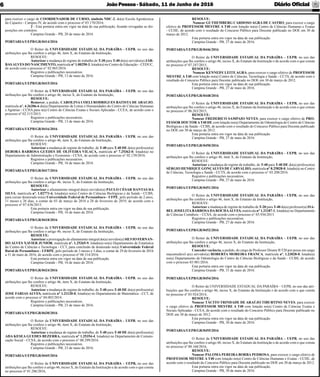JoãoPessoa- Sábado, 11 de Junho de 2016 Diário Oﬁcial6
para exercer o cargo de COORDENADOR DE CURSO, símbolo NDC-2, do(a) Escola Agrotécnica
do Cajueiro - Campus IV, de acordo com o processo nº 03.170/2016.
2 - Esta portaria entra em vigor na data de sua publicação, ﬁcando revogadas as dis-
posições em contrário.
Campina Grande - PB, 20 de maio de 2016.
PORTARIA/UEPB/GR/0414/2016
O Reitor da UNIVERSIDADE ESTADUAL DA PARAÍBA - UEPB, no uso das
atribuições que lhe confere o artigo 46, item X, do Estatuto da Instituição,
RESOLVE:
Autorizar a mudança de regime de trabalho de T-30 para T-40 do(a) servidor(a) JAR-
BASALVES DO NASCIMENTO, matrícula n° 1.00250-3, lotado(a) no Centro de Educação – CEDUC,
de acordo com o processo n° 02.965/2016.
Registros e publicações necessários.
Campina Grande - PB, 13 de maio de 2016.
PORTARIA/UEPB/GR/0415/2016
O Reitor da UNIVERSIDADE ESTADUAL DA PARAÍBA – UEPB, no uso das
atribuições que lhe confere o artigo 46, inciso X, do Estatuto da Instituição,
RESOLVE:
Remover, a pedido, CAROLINA COELI RODRIGUES BATISTA DE ARAUJO,
matrícula nº. 4.26206-6 do(a) Departamento de Letras e Humanidades do Centro de Ciências Humanas
e Agrárias - CCHA para o(a) Centro de Ciências Exatas e Sociais Aplicadas - CCEA, de acordo com o
processo nº 02.515/2015.
Registros e publicações necessários.
Campina Grande - PB, 13 de maio de 2016.
PORTARIA/UEPB/GR/0416/2016
O Reitor da UNIVERSIDADE ESTADUAL DA PARAÍBA - UEPB, no uso das
atribuições que lhe confere o artigo 46, item X, do Estatuto da Instituição,
RESOLVE:
Autorizar a mudança de regime de trabalho, de T-40 para T-40 DE do(a) professor(a)
DEBORA BARBOSA GUEDES DE OLIVEIRA VILAÇA, matrícula n° 7.25362-0, lotado(a) no
Departamento de Administração e Economia - CCSA, de acordo com o processo n° 02.139/2016.
Registros e publicações necessários.
Campina Grande - PB, 16 de maio de 2016.
PORTARIA/UEPB/GR/0417/2016
O Reitor da UNIVERSIDADE ESTADUAL DA PARAÍBA – UEPB, no uso das
atribuições que lhe confere o artigo 46, inciso X, do Estatuto da Instituição,
RESOLVE:
Autorizar o afastamento integral do(a) servidor(a) PAULO CÉSAR DANTAS DA
SILVA, matrícula nº. 1.02771-6, lotado(a) no(a) Centro de Ciências Biológicas e da Saúde - CCBS,
para cursar doutorado no(a) Universidade Federal de Pernambuco - UFPE, pelo período de 2 anos,
11 meses e 26 dias, a contar de 03 de março de 2016 a 28 de fevereiro de 2019, de acordo com o
processo nº 07.636/2015.
Esta portaria entra em vigor na data de sua publicação.
Campina Grande - PB, 16 de maio de 2016.
PORTARIA/UEPB/GR/0418/2016
O Reitor da UNIVERSIDADE ESTADUAL DA PARAÍBA – UEPB, no uso das
atribuições que lhe confere o artigo 46, inciso X, do Estatuto da Instituição,
RESOLVE:
Autorizar a prorrogação do afastamento integral do(a) servidor(a) SILVIO FERNAN-
DO ALVES XAVIER JUNIOR, matrícula nº. 1.25265-9, lotado(a) no(a) Departamento de Estatística
do Centro de Ciências e Tecnologia - CCT, para conclusão de doutorado no(a) Universidade Federal
Rural de Pernambuco - UFRPE, pelo período de 3 meses e 3 dias, a contar de 29 de fevereiro de 2016
a 31 de maio de 2016, de acordo com o processo nº 00.314/2016.
Esta portaria entra em vigor na data de sua publicação.
Campina Grande - PB, 16 de maio de 2016.
PORTARIA/UEPB/GR/0424/2016
O Reitor da UNIVERSIDADE ESTADUAL DA PARAÍBA - UEPB, no uso das
atribuições que lhe confere o artigo 46, item X, do Estatuto da Instituição,
RESOLVE:
Autorizar a mudança de regime de trabalho, de T-40 para T-40 DE do(a) professor(a)
JOSE FARIAS ALVES, matrícula n° 1.21120-0, lotado(a) no Departamento de Matemática - CCT, de
acordo com o processo n° 04.003/2014.
Registros e publicações necessários.
Campina Grande - PB, 23 de maio de 2016.
PORTARIA/UEPB/GR/0430/2016
O Reitor da UNIVERSIDADE ESTADUAL DA PARAÍBA - UEPB, no uso das
atribuições que lhe confere o artigo 46, item X, do Estatuto da Instituição,
RESOLVE:
Autorizar a mudança de regime de trabalho, de T-40 para T-40 DE do(a) professor(a)
ADA KESEA GUEDES BEZERRA, matrícula n° 1.25354-4, lotado(a) no Departamento de Comuni-
cação Social - CCSA, de acordo com o processo n° 00.299/2016.
Registros e publicações necessários.
Campina Grande - PB, 23 de maio de 2016.
PORTARIA/UEPB/GR/0445/2016
O Reitor da UNIVERSIDADE ESTADUAL DA PARAÍBA – UEPB, no uso das
atribuições que lhe confere o artigo 46, inciso X, do Estatuto da Instituição e de acordo com o que consta
no processo nº 01.286/2016,
RESOLVE:
Nomear GUTHEMBERG CARDOSO AGRA DE CASTRO, para exercer o cargo
efetivo de PROFESSOR MESTRE A T40 com lotação no(a) Centro de Ciências Humanas e Exatas
- CCHE, de acordo com o resultado do Concurso Público para Docente publicado no DOE em 30 de
março de 2012.
Esta portaria entra em vigor na data de sua publicação.
Campina Grande - PB, 27 de maio de 2016.
PORTARIA/UEPB/GR/0446/2016
O Reitor da UNIVERSIDADE ESTADUAL DA PARAÍBA – UEPB, no uso das
atribuições que lhe confere o artigo 46, inciso X, do Estatuto da Instituição e de acordo com o que consta
no processo nº 07.247/2015,
RESOLVE:
Nomear KENNEDY LEITE AGRA, para exercer o cargo efetivo de PROFESSOR
MESTRE A T40 com lotação no(a) Centro de Ciências, Tecnologia e Saúde - CCTS, de acordo com o
resultado do Concurso Público para Docente publicado no DOE em 30 de março de 2012.
Esta portaria entra em vigor na data de sua publicação.
Campina Grande - PB, 27 de maio de 2016.
PORTARIA/UEPB/GR/0448/2016
O Reitor da UNIVERSIDADE ESTADUAL DA PARAÍBA – UEPB, no uso das
atribuições que lhe confere o artigo 46, inciso X, do Estatuto da Instituição e de acordo com o que consta
no processo nº 06.263/2015,
RESOLVE:
Nomear FREDERICO SAMPAIO NEVES, para exercer o cargo efetivo de PRO-
FESSOR DOUTORAT40 DE com lotação no(a) Departamento de Odontologia do Centro de Ciências
Biológicas e da Saúde - CCBS, de acordo com o resultado do Concurso Público para Docente publicado
no DOE em 30 de março de 2012.
Esta portaria entra em vigor na data de sua publicação.
Campina Grande - PB, 27 de maio de 2016.
PORTARIA/UEPB/GR/0450/2016
O Reitor da UNIVERSIDADE ESTADUAL DA PARAÍBA - UEPB, no uso das
atribuições que lhe confere o artigo 46, item X, do Estatuto da Instituição,
RESOLVE:
Autorizar a mudança de regime de trabalho, de T-40 para T-40 DE do(a) professor(a)
SÉRGIO HENRIQUE GONÇALVES DE CARVALHO, matrícula n° 8.25828-0, lotado(a) no Centro
de Ciências, Tecnologia e Saúde - CCTS, de acordo com o processo n° 03.208/2016.
Registros e publicações necessários.
Campina Grande - PB, 27 de maio de 2016.
PORTARIA/UEPB/GR/0451/2016
O Reitor da UNIVERSIDADE ESTADUAL DA PARAÍBA - UEPB, no uso das
atribuições que lhe confere o artigo 46, item X, do Estatuto da Instituição,
RESOLVE:
Autorizar a mudança de regime de trabalho de T-20 para T-40 do(a) professor(a) ISA-
BELJOSELITABARBOSADAROCHAALVES, matrícula n° 1.21187-1, lotado(a) no Departamento
de Ciências Contábeis – CCSA, de acordo com o processo n° 03.936/2015.
Registros e publicações necessários.
Campina Grande - PB, 27 de maio de 2016.
PORTARIA/UEPB/GR/0452/2016
O Reitor da UNIVERSIDADE ESTADUAL DA PARAÍBA – UEPB, no uso das
atribuições que lhe confere o artigo 46, inciso X, do Estatuto da Instituição,
RESOLVE:
Conceder vacância, a pedido, do cargo de Professor Doutor B T20 por posse em cargo
inacumulável a(o) servidor(a) ROBERTA MOREIRA FRANCA, matrícula nº. 1.23028-0, lotado(a)
no(a) Departamento de Odontologia do Centro de Ciências Biológicas e da Saúde - CCBS, de acordo
com o processo 03.981/2016.
Esta portaria entra em vigor na data de sua publicação.
Campina Grande - PB, 31 de maio de 2016.
PORTARIA/UEPB/GR/0454/2016
O Reitor da UNIVERSIDADE ESTADUAL DA PARAÍBA – UEPB, no uso das atri-
buições que lhe confere o artigo 46, inciso X, do Estatuto da Instituição e de acordo com o que consta
no processo nº 03.924/2014,
RESOLVE:
Nomear TÁCITO TRINDADE DE ARAÚJO TIBURTINO NEVES, para exercer
o cargo efetivo de PROFESSOR MESTRE A T40 com lotação no(a) Centro de Ciências Exatas e
Sociais Aplicadas - CCEA, de acordo com o resultado do Concurso Público para Docente publicado no
DOE em 30 de março de 2012.
Esta portaria entra em vigor na data de sua publicação.
Campina Grande - PB, 30 de maio de 2016.
PORTARIA/UEPB/GR/0455/2016
O Reitor da UNIVERSIDADE ESTADUAL DA PARAÍBA – UEPB, no uso das
atribuições que lhe confere o artigo 46, inciso X, do Estatuto da Instituição e de acordo com o que consta
no processo nº 00.168/2016,
RESOLVE:
Nomear PALOMA PEREIRA BORBA PEDROSA, para exercer o cargo efetivo de
PROFESSOR MESTRE A T40 com lotação no(a) Centro de Ciências Humanas e Exatas - CCHE, de
acordo com o resultado do Concurso Público para Docente publicado no DOE em 30 de março de 2012.
Esta portaria entra em vigor na data de sua publicação.
Campina Grande - PB, 30 de maio de 2016.
 