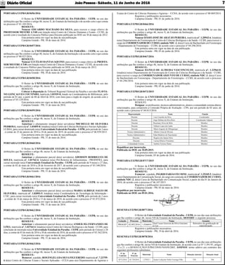 JoãoPessoa- Sábado, 11 de Junho de 2016Diário Oﬁcial 7
PORTARIA/UEPB/GR/0456/2016
O Reitor da UNIVERSIDADE ESTADUAL DA PARAÍBA – UEPB, no uso das
atribuições que lhe confere o artigo 46, inciso X, do Estatuto da Instituição e de acordo com o que consta
no processo nº 01.105/2016,
RESOLVE:
Nomear EDUARDO MACHADO DA SILVA, para exercer o cargo efetivo de
PROFESSOR MESTRE A T40 com lotação no(a) Centro de Ciências Humanas e Exatas - CCHE, de
acordo com o resultado do Concurso Público para Docente publicado no DOE em 30 de março de 2012.
Esta portaria entra em vigor na data de sua publicação.
Campina Grande - PB, 30 de maio de 2016.
PORTARIA/UEPB/GR/0457/2016
O Reitor da UNIVERSIDADE ESTADUAL DA PARAÍBA – UEPB, no uso das
atribuições que lhe confere o artigo 46, inciso X, do Estatuto da Instituição e de acordo com o que consta
no processo nº 00.927/2016,
RESOLVE:
Nomear LUCÉLIO DANTAS AQUINO, para exercer o cargo efetivo de PROFES-
SOR MESTREAT40 com lotação no(a) Centro de Ciências Humanas e Exatas - CCHE, de acordo com
o resultado do Concurso Público para Docente publicado no DOE em 30 de março de 2012.
Esta portaria entra em vigor na data de sua publicação.
Campina Grande - PB, 30 de maio de 2016.
PORTARIA/UEPB/GR/0458/2016
O Reitor da UNIVERSIDADE ESTADUAL DA PARAÍBA – UEPB, no uso das
atribuições que lhe confere o artigo 46, inciso X, do Estatuto da Instituição,
RESOLVE:
Colocar à disposição do Tribunal Regional Eleitoral da Paraíba o servidor FLAVIA-
NO GONÇALVES COUTINHO, matrícula 1.01935-0, lotado na Coordenadoria de Bibliotecas, pelo
período de 01 ano, a partir de 08 de Abril de 2016, com ônus para o órgão de origem, de acordo com o
processo nº 03.129/2016.
Esta portaria entra em vigor na data de sua publicação.
Campina Grande - PB, 31 de maio de 2016.
PORTARIA/UEPB/GR/0459/2016
O Reitor da UNIVERSIDADE ESTADUAL DA PARAÍBA – UEPB, no uso das
atribuições que lhe confere o artigo 46, inciso X, do Estatuto da Instituição,
RESOLVE:
Autorizar o afastamento integral do(a) servidor(a) MICHELLE DE OLIVEIRA
PEDROSA, matrícula nº. 1.01855-8, lotado(a) no(a) Centro de Ciências Biológicas e SociaisAplicadas -
CCBSA, para cursar doutorado no(a) Universidade Federal da Paraíba - UFPB, pelo período de 3 anos
, a contar de 25 de janeiro de 2016 a 24 de janeiro de 2019, de acordo com o processo nº 06.939/2015.
Esta portaria entra em vigor na data de sua publicação.
Campina Grande - PB, 31 de maio de 2016.
PORTARIA/UEPB/GR/0460/2016
O Reitor da UNIVERSIDADE ESTADUAL DA PARAÍBA – UEPB, no uso das
atribuições que lhe confere o artigo 46, inciso X, do Estatuto da Instituição,
RESOLVE:
Autorizar o afastamento parcial do(a) servidor(a) ADERSON RODRIGUES DE
SOUZA, matrícula nº. 1.01762-4, lotado(a) no(a) Pró-Reitoria de Infraestrutura - PROINFRA, para
cursar mestrado no(a) Universidade Estadual da Paraíba - UEPB, pelo período de 9 meses e 27 dias,
a contar de 02 de maio de 2016 a 28 de fevereiro de 2017, de acordo com o processo nº 03.340/2016.
Esta portaria entra em vigor na data de sua publicação.
Campina Grande - PB, 31 de maio de 2016.
PORTARIA/UEPB/GR/0461/2016
O Reitor da UNIVERSIDADE ESTADUAL DA PARAÍBA – UEPB, no uso das
atribuições que lhe confere o artigo 46, inciso X, do Estatuto da Instituição,
RESOLVE:
Autorizar o afastamento parcial do(a) servidor(a) MARIA ALBIEGE SALES DE
OLIVEIRA, matrícula nº. 1.02093-5, lotado(a) no(a) Coordenadoria de Tecnologia da Informação -
CTIC, para cursar mestrado no(a) Universidade Estadual da Paraíba - UEPB, pelo período de 2 anos
, a contar de 14 de março de 2016 a 13 de março de 2018, de acordo com o processo nº 01.872/2016.
Esta portaria entra em vigor na data de sua publicação.
Campina Grande - PB, 31 de maio de 2016.
PORTARIA/UEPB/GR/0462/2016
O Reitor da UNIVERSIDADE ESTADUAL DA PARAÍBA – UEPB, no uso das
atribuições que lhe confere o artigo 46, inciso X, do Estatuto da Instituição,
RESOLVE:
Autorizar o afastamento parcial do(a) servidor(a) ANDEILMA FERNANDES DE
LIMA, matrícula nº. 1.02764-4, lotado(a) no(a) Centro de Ciências Biológicas e da Saúde - CCBS, para
conclusão de mestrado no(a) Universidade Estadual da Paraíba - UEPB, pelo período de 4 meses e 28
dias, a contar de 03 de maio de 2016 a 30 de setembro de 2016, de acordo com o processo nº 03.562/2016.
Esta portaria entra em vigor na data de sua publicação.
Campina Grande - PB, 31 de maio de 2016.
PORTARIA/UEPB/GR/0463/2016
O Reitor da UNIVERSIDADE ESTADUAL DA PARAÍBA – UEPB, no uso das
atribuições que lhe confere o artigo 46, inciso X, do Estatuto da Instituição,
RESOLVE:
Remover, a pedido, ROSÂNGELADASILVAFIGUEREDO, matrícula nº. 7.23759-
6 do(a) Centro de Ciências Exatas e Sociais Aplicadas - CCEA para o(a) Departamento de Agrárias e
Exatas do Centro de Ciências Humanas e Agrarias - CCHA, de acordo com o processo nº 00.869/2014.
Registros e publicações necessários.
Campina Grande - PB, 01 de junho de 2016.
PORTARIA/UEPB/GR/0466/2016
O Reitor da UNIVERSIDADE ESTADUAL DA PARAÍBA – UEPB, no uso das
atribuições que lhe confere o artigo 46, inciso X, do Estatuto da Instituição,
RESOLVE:
Nomear DÁSIO JOSÉ DEARAÚJO PEREIRA, matrícula nº. 1.20942-6, lotado(a)
no(a) Departamento de Fisioterapia do Centro de Ciências Biológicas e da Saúde - CCBS, para exercer o
cargo de COORDENADOR DE CURSO, símbolo NDC-2, do(a) Curso de Bacharelado em Fisioterapia
- Departamento de Fisioterapia – CCBS, de acordo com o processo nº 04.296/2016.
Esta portaria entra em vigor na data de sua publicação.
Campina Grande - PB, 03 de junho de 2016.
PORTARIA/UEPB/GR/0467/2016
O Reitor da UNIVERSIDADE ESTADUAL DA PARAÍBA – UEPB, no uso das
atribuições que lhe confere o artigo 46, inciso X, do Estatuto da Instituição,
RESOLVE:
Nomear DANILO DE ALMEIDA VASCONCELOS, matrícula nº. 1.22964-8,
lotado(a) no(a) Departamento de Fisioterapia do Centro de Ciências Biológicas e da Saúde - CCBS,
para exercer o cargo de COORDENADOR ADJUNTO DE CURSO, símbolo NDC-3, do(a) Curso
de Bacharelado em Fisioterapia - Departamento de Fisioterapia – CCBS, de acordo com o processo
nº 04.296/2016.
Esta portaria entra em vigor na data de sua publicação.
Campina Grande - PB, 03 de junho de 2016.
PORTARIA/UEPB/GR/0473/2015
O Reitor da UNIVERSIDADE ESTADUAL DA PARAÍBA – UEPB, no uso das
atribuições que lhe confere o artigo 46, inciso X, do Estatuto da Instituição,
RESOLVE:
Designar, os professores, técnicos administrativos, alunos e comunidade externa abaixo
relacionados, para comporem a Comissão Própria de Avaliação - CPA, por um período de 02 anos, de
acordo com o processo nº 04.013/2016.
Representação Nome Função
Docente Luiz Custodio da Silva Coordenador
Docente Jorge Dellane da Silva Brito Coordenador Adjunto
Docente Rosemary Alves de Melo Membro
Docente Edilazir Lopes da Cunha Membro
Docente Mácio Augusto de Albuquerque Membro
Técnico Administrativo Alberto Lima de Oliveira Membro
Técnico Administrativo Edna Medeiros do Nascimento Membro
Discente Rogério dos Santos Silva Membro
Discente Larissa Ribeiro Florentino Membro
Comunidade Externa Antônio Ferreira Nunes Membro
Republicar por incorreção.
Publicada no DOE em 10.09.2015.
Esta portaria entra em vigor na data de sua publicação.
Campina Grande, 03 de junho de 2016.
PORTARIA/UEPB/GR/0717/2015
O Reitor da UNIVERSIDADE ESTADUAL DA PARAÍBA – UEPB, no uso das
atribuições que lhe confere o artigo 46, inciso X, do Estatuto da Instituição,
RESOLVE:
Exonerar , a pedido, INGRID FARIAS FECHINE, matrícula nº. 1.25345-5, lotado(a)
no(a) Departamento de Comunicação Social, do cargo em comissão de COORDENADOR DE CURSO,
símbolo NDC-2, do(a) Curso de Bacharelado em Comunicação Social, a partir do dia 01 de Janeiro de
2016, de acordo com o processo nº 06.347/2015.
Registros e publicações necessários.
Campina Grande - PB, 05 de maio de 2016.
Republicar por incorreção.
Publicada no DOE em 09.01.2016.
RESENHA/UEPB/GR/0077/2016
O Reitor da Universidade Estadual da Paraíba - UEPB, no uso das suas atribuições
que lhe confere o artigo 46, inciso VII do Estatuto da Instituição, DEFERIU o seguinte processo:
Lotação Processo Matrícula Nome Assunto
PROGEP 02.892/2016 1.03669-0
José Lucas Gouveia da Silva Graciano
e Luz
Retroativo de gratiﬁcação de
especialização
Registros e publicações necessários.
Campina Grande - PB, 19 de abril de 2016.
RESENHA/UEPB/GR/0078/2016
O Reitor da Universidade Estadual da Paraíba - UEPB, no uso das suas atribuições
que lhe confere o artigo 46, inciso VII do Estatuto da Instituição, de acordo com Lei N° 5.391/91, artigos
12 a 21, e a RESOLUÇÃO/UEPB/CONSUNI/050/2005, ASSINOU termo aditivo aos contratos dos
seguintes professores substitutos:
Nº do
Contrato
Nº do
Processo
Matrícula Nome Situação Anterior Situação Atual
0273/2016 02.750/2016 1.27052-1 Amaro Lafayette Nobre Formiga Filho T20 T40
 