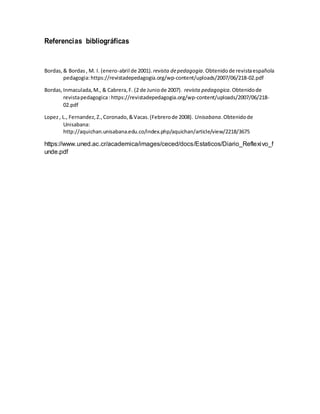 Referencias bibliográficas
Bordas,& Bordas, M. I. (enero-abril de 2001). revista depedagogia.Obtenidode revistaespañola
pedagogia:https://revistadepedagogia.org/wp-content/uploads/2007/06/218-02.pdf
Bordas,Inmaculada,M., & Cabrera,F. (2 de Juniode 2007). revista pedagogica.Obtenidode
revistapedagogica:https://revistadepedagogia.org/wp-content/uploads/2007/06/218-
02.pdf
Lopez, L., Fernandez,Z.,Coronado,&Vacas.(Febrerode 2008). Unisabana.Obtenidode
Unisabana:
http://aquichan.unisabana.edu.co/index.php/aquichan/article/view/2218/3675
https://www.uned.ac.cr/academica/images/ceced/docs/Estaticos/Diario_Reflexivo_f
unde.pdf
 