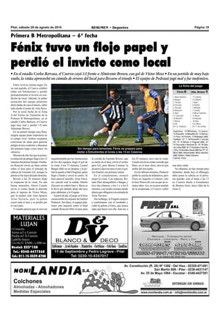 Pilar, sábado 29 de agosto de 2014 RESUMEN • Deportes Página 19 
Primera B Metropolitana – 6ª fecha 
Fénix tuvo un flojo papel y 
perdió el invicto como local 
• En el estadio Carlos Barraza, el Cuervo cayó 1-0 frente a Almirante Brown, con gol de Víctor Meza • En un partido de muy bajo 
vuelo, la visita aprovechó un cúmulo de errores del local para llevarse el triunfo • El equipo de Pedrazzi jugó mal y fue inofensivo. 
Fénix vivió su viernes negro. En 
un mal partido, el Cuervo exhibió 
todas sus limitaciones y perdió 
prematuramente el invicto en con-dición 
de local. Además, la pobre 
actuación del equipo pilarense 
abrió dudas de cara al futuro, sobre 
todo desde el punto de vista físico. 
Por la sexta fecha de la Zona 
A del Torneo de Transición de la 
Primera B Metropolitana, en el 
estadio Carlos Barraza, el Cuervo 
jugó muy mal y perdió 1-0 ante 
Almirante Brown. 
En un primer tiempo muy flojo, 
ningún equipo pudo imponerse en 
el campo rival. Ambos conjuntos 
carecieron de ideas para generar 
peligro al arco contrario y abusaron 
del pelotazo largo como única vía 
ofensiva. 
Muestra de ello fue que la prime-ra 
situación de peligro llegó a los 12 
minutos del primer tiempo: Emilia-no 
Ronconi envió un buen centro 
sobre el área para el anticipo de 
cabeza de Gonzalo Gil, aunque la 
pelota se fue lejos del palo derecho. 
Recién a los 28 minutos llegó 
la respuesta de la visita. En una 
buena maniobra, Alexis Canelo 
envió el centro desde la derecha 
para el ingreso de Víctor Meza, 
que la punteó ante Juan Ignacio 
Arias Navarro, pero la pelota 
cruzó toda el área y se perdió por 
el otro palo. 
Y cuando parecía que el cero era 
MATERIALES 
LUJAN 
• Cemento 
Arena m3 x Camión 
Piedra m3 X Camión 
Ladrillo hueco 
12x18x33: $5800.- x1000 un. 
Nextel: 233*138 
Tel.: 0348-4477360 
Cel.: 011-15-3539-8708 
Sin tiempo para lamentos, Fénix se prepara para 
visitar a Estudiantes el lunes a las 13 en Caseros. 
la corrida de Germán Rivero, que 
se metió en el área, envió el centro 
para Gil, pero Bruno Centeno la 
alcanzó a desviar para evitar el gol. 
Así finalizó esa primera mitad. 
En el complemento, arrancó 
mejor la visita. Con espacios, Ro-mán 
Díaz desequilibró a Bargas y 
tuvo dos chances, a los 3 y a los 8 
minutos, con sendos remates desde 
afuera que obligaron a la estirada de 
Arias Navarro. 
Sin embargo, la Fragata empezó 
a conformarse con el resultado y 
cedió la pelota a Fénix, que nunca 
supo qué hacer con ella. Aún así, a 
inquebrantable por las limitaciones 
de los dos equipos, llegó el gol de 
la visita. A los 37 minutos, Leonel 
Bargas falló en un despeje y la pe-lota 
le quedó a Abel Flegenal, quien 
llegó a fondo y envió el centro. Si 
bien parecía sencillo, Arias Nava-rro 
calculó mal la salida, Martín 
Zúccaro no cubrió bien y Meza se 
la llevó por delante abajo del arco 
para adelantar a la Fragata. 
A partir de ahí, el juego se le hizo 
cuesta arriba al conjunto de Gabriel 
Pedrazzi. Sin ideas, el equipo pila-rense 
solo inquietó sobre el final 
cuando Ronconi filtró el pase para 
1-Centeno 
4-Collavini 
2-Ibars 
6-Zunino 
3-Almada 
7-Canelo 
5-Meza Sánchez 
11-Rossi 
8-Flegenal 
10-Díaz 
9-V. Meza 
DT: F. De la Riva 
una dura caída. 
No obstante, no hay tiempo para 
lamentos: desde hoy, el albinegro 
debe poner la cabeza en el próxi-mo 
partido: será el lunes a las 13 
en Caseros frente a Estudiantes 
de Buenos Aires, único líder de la 
Zona A. 
los 25 minutos, tuvo otra la visita: 
Canelo envió un centro cerrado que 
Ibars, en el área chica, desvió por 
arriba del travesaño. 
En los últimos minutos, Pedrazzi 
pobló la cancha de delanteros, pero 
Fénix no inquietó a Centeno: solo 
lo hizo Petrovelli con un par de re-mates 
altos. Así, en su peor partido 
de la temporada, el Cuervo sufrió 
La ficha del juego 
Fénix 0 Alte. Brown 1 
1-Arias Navarro 
4-Bargas 
2-Tissera 
6-Zúccaro 
3-Toscani 
8-Ronconi 
5-Díaz 
11-Ciaccheri 
10-Bianchi 
7-Rivero 
9-Gil 
DT: G. Pedrazzi 
Suplentes. 12-Mittelman, 13-Juárez, 
15-Parentini, 16-Minutillo (F); 12-Barros, 
13-Tovo, 16-Ferreiro, 17-Rodríguez (AB) 
Cambios. ST. 7’ 18-Petrovelli x Toscani 
(F); 15’ 14-Veloso x Flegenal (AB); 22’ 
14-Troccaioli x Ronconi (F); 24’ 18-Sala-zar 
x Díaz (AB); 36’ 17-Guzmán x Ciacche-ri 
(F) y 15-Heredia x Rossi (AB) Gol. PT. 37’ 
Meza (AB). Amonestado: Meza Sánchez 
(AB). Árbitro: Pablo Giménez 
Cancha: Fénix 
 