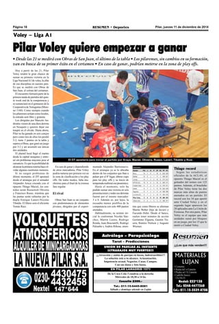 Página 18 RESUMEN • Deportes Pilar, jueves 11 de diciembre de 2014 
Voley – Liga A1 
Pilar Voley quiere empezar a ganar 
• Desde las 21 se medirá con Obras de San Juan, el último de la tabla • Los pilarenses, sin cambios en su formación, 
van en busca de su primer éxito en el certamen • En caso de ganar, podrían meterse en la zona de play offs. 
El DT apostaría para iniciar el partido por Araya, Maciel, Oliveira, Russo, Laneri, Tibaldo y Ruiz. 
Astrólogo – Parapsicólogo 
Tarot – Predicciones 
UNION DE PAREJAS AL INSTANTE 
¡¡¡TRABAJOS MUY FUERTES!!! 
¡¡¡Atracción y unión de parejas en horas, indestructibles!!! 
La solución está a tu alcance. Armonización. 
Impotencia sexual. Negocios. Casas. Campos. 
Con sus datos y foto basta. 
EN PILAR LAMADRID 1571 
De la Coca Cola 3 cuadras a la derecha 
Miércoles de 10,30 a 14 hs. 
Consulta $200.- 
Tel.: 011-15-6445-8081 
Sábado y domingo atiende en Luján 
¡¡¡Los que más venden!!! 
MATERIALES 
LUJAN 
• Cemento 
• Arena m3 x Camión 
• Piedra m3 X Camión 
• Ladrillo hueco 
12x18x33 
Nextel: 233*138 
Tel.: 0348-4477360 
Cel.: 011-15-3539-8708 
Hoy a partir de las 21, Pilar 
Voley tendrá la gran chance de 
sumar su primera victoria en la 
Liga Nacional A1 de voley, la elite 
de esa disciplina en nuestro país. 
Es que se medirá con Obras de 
San Juan, el colista del certamen. 
El encuentro formará parte de la 
primera tanda de partidos del quin-to 
week end de la competencia y 
se sustanciará en el gimnasio de la 
Cooperativa de Tortuguitas (More-no 
1160). Como siempre cuando 
los pilarenses actúan como locales, 
la entrada será libre y gratuita. 
Los dirigidos por Marcelo An-dreatta 
vienen de una dura derrota 
en Neuquén y quieren dejar ese 
traspié en el olvido. Hasta ahora, 
Pilar no ha ganado en seis cotejos 
pero como tres de ellos los perdió 
3-2, tiene 3 puntos en la tabla y 
supera a Obras, que ganó un juego 
por 3-2 y así acumuló sus únicas 
dos unidades. 
El plantel local llegó el martes 
desde la capital neuquina y entre-nó 
sin problemas mayores pese al 
cansancio. Es que la posibilidad de 
alcanzar la primera sonrisa hace ol-vidar 
algunas cuestiones menores. 
Si no surgen problemas de 
último momento, el DT apostará 
desde el arranque por el armador 
Alejandro Araya cruzado con el 
opuesto Thiago Maciel, los cen-trales 
serán Roosewelt Oliveira 
y Francisco Russo, mientras que 
las puntas serán cubiertas por la 
dupla Enrique Laneri-Nicolás 
Tibaldo. El líbero será el eficiente 
Tomás Ruiz. 
En caso de ganar y dependiendo 
de otros marcadores, Pilar Vóley 
podría meterse por primera vez en 
la zona de clasificación a los play 
offs. De todos modos, falta mu-chísimo 
para el final de la extensa 
fase regular. 
El rival 
Obras San Juan es un conjunto 
con predominancia de elementos 
jóvenes, dirigidos por el experi-mentado 
Alejandro Barrionuevo. 
En el arranque ya se lo ubicaba 
dentro de los conjuntos que iban a 
pelear por el 8º lugar, último cupo 
para los play offs y su inicio de 
temporada reafirmó ese pronóstico. 
Hasta el momento, solo ha 
podido sumar una victoria en seis 
presentaciones y todas sus derrotas 
fueron por el mismo marcador: 
3 a 0. Además es, por lejos, la 
escuadra menos prolífica de la 
competencia con solo 400 puntos 
anotados. 
Habitualmente, su sexteto ini-cial 
lo conforman Nicolás Sán-chez, 
Martín Lastra, Rodrigo 
Ronda, Juan Busciarelli, Rodrigo 
Palumbo y Andrés Ribone, mien- 
Thiago record 
Según las estadísticas 
oficiales de la ACLAV, el 
opuesto Thiago Maciel es el 
goleador del torneo con 123 
puntos. Además, el brasileño 
de Pilar Voley tiene las dos 
marcas más altas de puntos 
anotados en un partido: El 
record son los 34 que aportó 
ante Ciudad Voley y en el 
segundo lugar aparecen los 
28 aplicados ante La Unión de 
Formosa. Por otra parte, Pilar 
Voley es el equipo que más 
unidades sumó por bloqueo 
en un juego, por los 15 que le 
metió a Ciudad Voley. 
tras que como líberos se alternan 
Martín Weber (hijo de Javier) y 
Facundo Hehn. Desde el banco, 
suelen tener minutos de acción 
Gerónimo Elgueta, Gastón Tis-sera, 
Ramiro Nielson y Augusto 
Wiernes. 
 