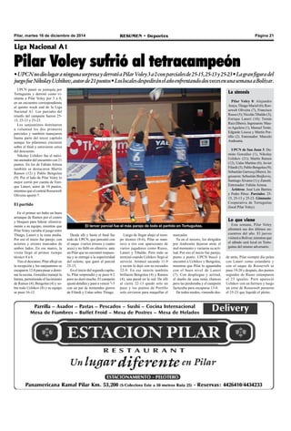 Pilar, martes 16 de diciembre de 2014 RESUMEN • Deportes Página 21 
Liga Nacional A1 
Pilar Voley sufrió al tetracampeón 
• UPCN no dio lugar a ninguna sorpresa y derrotó a Pilar Voley 3 a 0 con parciales de 25-15, 25-13 y 25-23 • La gran figura del 
juego fue Nikolay Uchikov, autor de 21 puntos • Los locales despedirán el año enfrentando dos veces en una semana a Bolívar. 
UPCN paseó su jerarquía por 
Tortuguitas y derrotó como vi-sitante 
a Pilar Voley por 3 a 0, 
en un encuentro correspondiente 
al quinto week end de la Liga 
Nacional A1. Los parciales del 
triunfo del campeón fueron 25- 
15, 25-13 y 25-23. 
Los sanjuaninos dominaron 
a voluntad los dos primeros 
parciales y también manejaron 
buena parte del tercer capítulo 
aunque los pilarenses crecieron 
sobre el final y estuvieron cerca 
del descuento. 
Nikolay Uchikov fue el máxi-mo 
anotador del encuentro con 21 
puntos. En los de Fabián Armoa 
también se destacaron Martín 
Ramos (12) y Pablo Bengolea 
(9). Por el lado de Pilar Voley lo 
mejor corrió por cuenta de Enri-que 
Laneri, autor de 10 puntos, 
mientras que el central Roosewelt 
Oliveira aportó 7. 
El partido 
En el primer set hubo un buen 
arranque de Ramos por el centro 
y bloqueo para liderar ofensiva-mente 
a su equipo, mientras que 
Pilar Voley variaba el juego entre 
Thiago, Laneri y la zona media. 
Por eso el inicio fue parejo, con 
aciertos y errores marcados de 
ambos lados. En ese marco, la 
visita llegó al primer tiempo 
técnico 8 a 6. 
Tras el descanso, Pilar aflojó en 
la recepción y los sanjuaninos se 
escaparon 12-8 para pasar a domi-nar 
la escena. González manejó la 
batuta, permitiendo el lucimiento 
de Ramos (4), Bengolea (4) y so-bre 
todo Uchikov (8) y su equipo 
se puso 16-12. 
El tercer parcial fue el más parejo de todo el partido en Tortuguitas. 
Luego de llegar abajo al tiem-po 
técnico (8-6), Pilar se man-tuvo 
a tiro con apariciones de 
varios jugadores como Russo, 
Laneri y Tibaldo. Pero todo se 
terminó cuando Uchikov llegó al 
servicio. Arrancó sacando 11-9 
y recién lo dejó con su escuadra 
22-9. En ese interín también 
brillaron Bengolea (4) y Ramos 
(4), una pared en la red. De allí 
al cierre 22-13 quedó solo un 
paso y los puntos de Portillo 
solo sirvieron para maquillar el 
Desde allí y hasta el final fue 
todo de UPCN, que percutió con 
el saque (varios errores y cuatro 
aces) y no falló en ofensiva ante 
un Pilar que no encontró respues-tas 
y se entregó a la superioridad 
del celeste, que ganó el parcial 
25-15. 
En el inicio del segundo capítu-lo, 
Pilar sorprendió y se puso 4-2 
pero no duró mucho. El campeón 
ajustó detalles y pasó a vencer 7-5 
con un par de tremendos gorros 
de Filardi y Ualas sobre Thiago. 
marcador. 
Ya en el tercero, los dirigidos 
por Andreatta dejaron atrás el 
mal momento y variaron su acti-tud. 
Por eso el inicio fue parejo, 
punto a punto. UPCN buscó y 
encontró a Uchikov y Bengolea, 
mientras que Pilar lo aguantaba 
con el buen nivel de Laneri 
(7). Con despliegue y actitud, 
el dueño de casa tenía chances 
pero las perdonaba y el campeón 
facturaba para escaparse 13-8. 
De todos modos, viniendo des- 
La síntesis 
Pilar Voley 0: Alejandro 
Araya, Thiago Maciel (6); Roo-sewelt 
Oliveira (7), Francisco 
Russo (5); Nicolás Tibaldo (3), 
Enrique Laneri (10); Tomás 
Ruiz (líbero). Ingresaron: Mau-ro 
Aguilera (1), Manuel Terán. 
Edgardo Liocca y Martín Por-tillo 
(2). Entrenador: Marcelo 
Andreatta. 
UPCN de San Juan 3: De-mián 
González (1), Nikolay 
Uchikov (21); Martín Ramos 
(12), Ualas Martins (6); Javier 
Filardi (5), Pablo Bengolea (9); 
Sebastián Garrocq (líbero). In-gresaron: 
Sebastián Brajkovic, 
Santiago Álvarez (1) y Zanotti. 
Entrenador: Fabián Armoa. 
Árbitros: José Luís Barrios 
y Pedro Pérez. Parciales: 25- 
15, 25-13 y 25-23. Gimnasio: 
Cooperativa de Tortuguitas 
(local Pilar Voley). 
Lo que viene 
Esta semana, Pilar Voley 
afrontará sus dos últimos en-cuentros 
del año. El jueves 
visitará a Bolívar, mientras que 
el sábado será local en Tortu-guitas 
del mismo adversario. 
de atrás, Pilar siempre dio pelea 
con Laneri como estandarte y 
con el saque de Roosevelt se 
puso 19-20 y después, dos puntos 
seguidos de Russo estamparon 
el 23 iguales. Pero apareció 
Uchikov con un fierrazo y luego 
un error de Roosewelt pusieron 
el 25-23 que liquidó el pleito. 
 