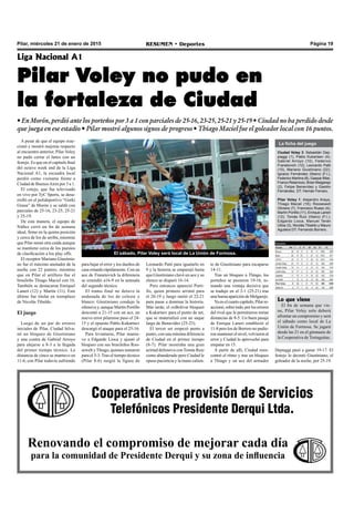 Página 19RESUMEN • DeportesPilar, miércoles 21 de enero de 2015
La ficha del juego
Ciudad Voley 3: Sebastián Dep-
piaggi (1), Pablo Kukartsev (4);
Gabriel Arroyo (10), Federico
Franetovich (12); Leonardo Patti
(10), Mariano Giustiniano (22);
Ignacio Fernández (líbero) (F.I.);
Federico Martina (8), Gaspar Bitar,
Franco Retamozo, Brian Melgarejo
(2), Felipe Benavídez y Gastón
Fernández. DT: Hernán Ferraro.
Pilar Voley 1: Alejandro Araya,
Thiago Maciel (16); Roosewelt
Oliveira (7), Francisco Russo (4);
Martín Portillo (11), Enrique Laneri
(12); Tomás Ruiz (líbero) (F.I.);
Edgardo Lioca, Manuel Terán
Ulloa (3), Nicolás Tibaldo y Mauro
Aguilera DT: Fernando Borrero.
Cooperativa de provisión de Servicios
Telefónicos Presidente Derqui Ltda.
Renovando el compromiso de mejorar cada día
para la comunidad de Presidente Derqui y su zona de influencia
A pesar de que el equipo reac-
cionó y mostró mejoras respecto
al encuentro anterior, Pilar Voley
no pudo cerrar el lunes con un
festejo. Es que en el capítulo final
del octavo week end de la Liga
Nacional A1, la escuadra local
perdió como visitante frente a
Ciudad de BuenosAires por 3 a 1.
El cotejo, que fue televisado
en vivo por TyC Sports, se desa-
rrolló en el polideportivo “Gorki
Grana” de Morón y se saldó con
parciales de 25-16, 23-25, 25-21
y 25-19.
De esta manera, el equipo de
Núñez cerró un fin de semana
ideal, firme en la quinta posición
y cerca de los de arriba, mientras
que Pilar sumó otra caída aunque
se mantiene cerca de los puestos
de clasificación a los play offs.
El receptor Mariano Giustinia-
no fue el máximo anotador de la
noche con 22 puntos, mientras
que en Pilar el artillero fue el
brasileño Thiago Maciel con 16.
También se destacaron Enriquel
Laneri (12) y Martín (11). Este
último fue titular en reemplazo
de Nicolás Tibaldo.
El juego
Luego de un par de errores
iniciales de Pilar, Ciudad hilva-
nó un bloqueo de Giustiniano
y una contra de Gabriel Arroyo
para alejarse a 8-3 a la llegada
del primer tiempo técnico. La
distancia de cinco se mantuvo en
11-6, con Pilar todavía sufriendo
Liga Nacional A1
Pilar Voley no pudo en
la fortaleza de Ciudad
• En Morón, perdió ante los porteños por 3 a 1 con parciales de 25-16, 23-25, 25-21 y 25-19 • Ciudad no ha perdido desde
que juega en ese estadio • Pilar mostró algunos signos de progreso • Thiago Maciel fue el goleador local con 16 puntos.
para bajar el error y los dueños de
casa rotando rápidamente. Con un
ace de Franetovich la diferencia
se extendió a16-9 en la antesala
del segundo técnico.
El tramo final no detuvo la
andanada de los de celeste y
blanco: Giustiniano condujo la
ofensiva y, aunque Martín Portillo
descontó a 21-15 con un ace, un
nuevo error pilarense puso el 24-
15 y el opuesto Pablo Kukartsev
descargó el ataque para el 25-16.
Para levantarse, Pilar mantu-
vo a Edgardo Lioca y ajustó el
bloqueo con sus brasileños Roo-
sewelt yThiago, quienes sumaron
para el 5-3. Tras el tiempo técnico
(Pilar 8-6) surgió la figura de
Leonardo Patti para igualarlo en
9 y la historia se emparejó hasta
que Giustiniano clavó un ace y su
elenco se disparó 16-14.
Pero entonces apareció Porti-
llo, quien primero arrimó para
el 20-19 y luego metió el 22-21
para pasar a dominar la historia.
Más tarde, el exBolívar bloqueó
a Kukartsev para el punto de set,
que se materializó con un saque
largo de Benavídez (25-23).
El tercer set empezó punto a
punto, con una mínima diferencia
de Ciudad en el primer tiempo
(8-7). Pilar mostraba una gran
actitud defensiva con Tomás Ruiz
como abanderado pero Ciudad le
opuso paciencia y la mano calien-
El sábado, Pilar Voley será local de La Unión de Formosa.
te de Giustiniano para escaparse
14-11.
Tras un bloqueo a Thiago, los
porteños se pusieron 19-16, to-
mando una ventaja decisiva que
se tradujo en el 2-1 (25-21) tras
una buena aparición de Melgarejo.
Yaenelcuartocapítulo,Pilarre-
accionó,sobretodo,porloserrores
del rival que le permitieron tomar
distancias de 8-5. Un buen pasaje
de Enrique Laneri estableció el
11-8 pero los de Borrero no pudie-
ron mantener el nivel, volvieron al
error y Ciudad lo aprovechó para
empatar en 15.
A partir de allí, Ciudad reen-
contró el ritmo y tras un bloqueo
a Thiago y un ace del armador
Depiaggi pasó a ganar 19-17. El
festejo lo decretó Giustiniano, el
goleador de la noche, por 25-19.
Lo que viene
El fin de semana que vie-
ne, Pilar Voley solo deberá
afrontar un compromiso y será
el sábado como local de La
Unión de Formosa. Se jugará
desde las 21 en el gimnasio de
la Cooperativa de Tortuguitas.
 