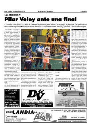 Pilar, sábado 24 de enero de 2015 RESUMEN • Deportes Página 19
MATERIALES
LUJAN
• Cemento
Arena m3 x Camión
Piedra m3 X Camión
Ladrillo hueco
12x18x33: $5800.- x1000 un.
Nextel: 233*138
Tel.: 0348-4477360
Cel.: 011-15-3539-8708
Una final. Eso, aunque todavía
resten numerosas jornadas hasta
el final de la fase regular de la
Liga NacionalA1, es lo que se ju-
gará esta noche el equipo de Pilar
Voley, que desde las 21 recibirá a
La Unión de Formosa, en el único
duelo que animará la escuadra
local a lo largo del noveno wee-
kend de la competencia. El cotejo
se llevará a cabo en el gimnasio
de la Cooperativa de Tortuguitas
y tendrá entrada libre y gratuita.
Para los dirigidos por Fernando
Borrero, el encuentro es decisivo
ya que de ganarlo pasarán en
la tabla a La Unión y quedarán
decididamente dentro de la zona
de play off aunque una derrota lo
dejaría muy complicado en pos
de lograr ese objetivo.
Estos dos conjuntos ya se
enfrentaron en Formosa por la
primera rueda del certamen y en
un partido extenso y emotivo, los
formoseños se quedaron con el
triunfo por 3 a 2. Aquella noche
los parciales fueron 25-21, 20-25,
25-22, 23-25 y 15-10. Aquella
caída caló hondo en el plantel
local, que quiere revancha.
Tras los dos reveses del fin de
semana anterior, Pilar Voley tuvo
una buena semana de trabajo y
enfocó sus entrenamientos en
las virtudes y debilidades de La
Unión con la meta de neutrali-
zarlas y explotarlas, respectiva-
mente.
El plantel no tiene lesionados
y si Borrero mantiene lo que se
vio en las prácticas le ratificaría la
Liga Nacional A1
Pilar Voley ante una final
• Desde las 21 recibirá a La Unión de Formosa, rival directo por el acceso a los play off • Se jugará en Tortuguitas y con
entrada libre y gratuita • Borrero mantiene dos dudas: Araya o Liocca en el armado y Portillo o Tibaldo como receptor.
confianza como uno de los recep-
tores titulares a Martín Portillo,
en lugar de Nicolás Tibaldo. El
exBolívar tuvo una buena faena
ante Ciudad y podría segur entre
los seis.
Aesta altura, la gran duda pasa
por el armador. Es que las últimas
actuaciones de Alejandro Araya
encendieron las alarmas y no son
pocos los que especulan con que
Tras los dos reveses del fin de semana, Pilar Voley tuvo una buena semana de trabajo.
el entrenador le de la chance a
Edgardo Liocca, que tuvo mucha
acción frente a Ciudad.
La formación de Pilar Voley
sería con Araya o Liocca, Thia-
go Maciel; Roosewelt Oliveira,
Francisco Russo; Enrique Laneri
(presenta algunos dolores en la
espalda pero se estima que lle-
gará en condiciones) y Portillo
o Tibaldo, actuando como líbero
Tomás Ruiz.
El rival
La Unión es un rival directo de
Pilar en la lucha por, al menos, el
último lugar de acceso a los play
offs. No tuvo una buena primera
rueda pero impresionó algo mejor
en el arranque del año y llega a
Tortuguitas luego de haber per-
dido el jueves por la noche en la
casa del puntero Bolívar por 3 a 1.
Ante las Águilas, los formo-
seños tuvieron una buena faena
y hasta empezaron el duelo
ganando al llevarse el primer
set 27-25 aunque luego la jerar-
quía individual de los celestes
terminó inclinando la balanza
con parciales de 25-19, 25-16
y 25-17.
El entrenador de La Unión es
Martín López y su habitual sex-
teto abridor lo integran Germán
Galdón, Gustavo Vaca Álvarez;
Iván Postemsky, Franco Gia-
chetta; Ezequiel Palacios y Fede-
rico Gómez, en tanto el líbero es
Franco López. Igual, el DT suele
darle chances como opuesto a Ja-
vier Vega, como central a Ramiro
Benítez y como punta receptor
a Mariano Vildosola. Otros con
minutos son Pablo Rivero, Juan
Pablo Pérez e Iván Postemsky.
 