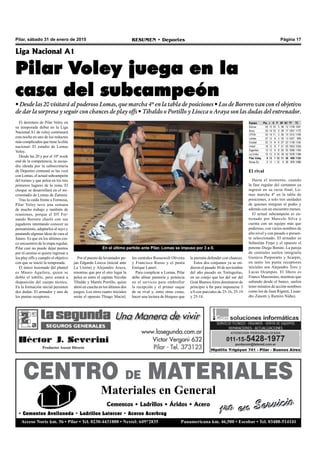 Pilar, sábado 31 de enero de 2015 RESUMEN • Deportes Página 17
CENTRO DE MATERIALES
Materiales en General
1ro en ServicioCementos • Ladrillos • Áridos • Acero
• Cementos Avellaneda • Ladrillos Latercer • Aceros Acerbrag
Acceso Norte km. 56 • Pilar • Tel. 0230-4431888 • Nextel: 649*2835 Panamericana km. 46,500 • Escobar • Tel. 03488-514141
1ro en Servicio
El derrotero de Pilar Voley en
su temporada debut en la Liga
Nacional A1 de voley continuará
esta noche en uno de los reductos
más complicados que tiene la elite
nacional: El estadio de Lomas
Voley.
Desde las 20 y por el 10º week
end de la competencia, la escua-
dra ideada por la subsecretaría
de Deportes comunal se las verá
con Lomas, el actual subcampeón
del torneo y que pelea en los tres
primeros lugares de la zona. El
choque se desarrollará en el mi-
croestadio de Lomas de Zamora.
Tras la caída frente a Formosa,
Pilar Voley tuvo una semana
de mucho trabajo y también de
reuniones, porque el DT Fer-
nando Borrero charló con sus
jugadores intentando conocer su
pensamiento, adaptarlos al suyo y
pautando algunas ideas de cara al
futuro. Es que en los últimos cin-
co encuentros de la etapa regular,
Pilar casi no puede dejar puntos
por el camino si quiere ingresar a
los play offs y cumplir el objetivo
con que se inició la temporada.
El único lesionado del plantel
es Mauro Aguilera, quien se
dobló el tobillo, pero estará a
disposición del cuerpo técnico.
En la formación inicial persisten
dos dudas: El armador y uno de
los puntas receptores.
Liga Nacional A1
Pilar Voley juega en la
casa del subcampeón
• Desde las 20 visitará al poderoso Lomas, que marcha 4º en la tabla de posiciones • Los de Borrero van con el objetivo
de dar la sorpresa y seguir con chances de play offs • Tibaldo o Portillo y Liocca o Araya son las dudas del entrenador.
Por el puesto de levantador pu-
jan Edgardo Liocca (inicial ante
La Unión) y Alejandro Araya,
mientras que por el otro lugar la
pelea es entre el capitán Nicolás
Tibaldo y Martín Portillo, quien
abrió en cancha en los últimos dos
juegos. Los otros cuatro iniciales
serán el opuesto Thiago Maciel,
los centrales Roosewelt Oliveira
y Francisco Russo y el punta
Enrique Laneri.
Para complicar a Lomas, Pilar
debe afinar puntería y potencia
en el servicio para embrollar
la recepción y el primer saque
de su rival y, entre otras cosas,
hacer una lectura de bloqueo que
En el último partido ante Pilar, Lomas se impuso por 3 a 0.
le permita defender con chances.
Estos dos conjuntos ya se mi-
dieron el pasado 30 de noviembre
del año pasado en Tortuguitas,
en un cotejo que los del sur del
Gran BuenosAires dominaron de
principio a fin para imponerse 3
a 0 con parciales de 25-16, 25-19
y 25-18.
El rival
Hasta el momento, cuando
la fase regular del certamen ya
ingresó en su recta final, Lo-
mas marcha 4º en la tabla de
posiciones, a solo tres unidades
de quienes integran el podio y
además con un encuentro menos.
El actual subcampeón es en-
trenado por Marcelo Silva y
cuenta con un equipo más que
poderoso, con varios nombres de
alto nivel y con pasado o presen-
te seleccionado. El armador es
Sebastián Firpo y el opuesto el
potente Diego Bonini. La pareja
de centrales suelen integrarla
Gustavo Porporatto y Scarpin,
en tanto los punta receptores
iniciales son Alejandro Toro y
Lucas Ocampos. El líbero es
Franco Massimino, mientras que
saltando desde el banco, suelen
tener minutos de acción nombres
como los de Juan Riganti, Lisan-
dro Zanotti y Ramiro Núñez.
 