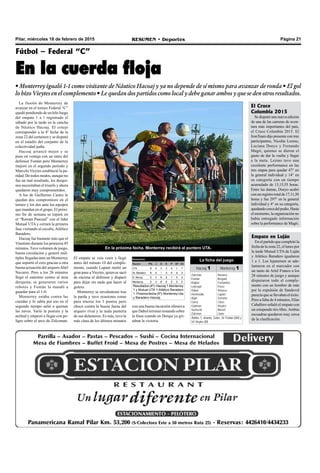 Página 21RESUMEN • DeportesPilar, miércoles 18 de febrero de 2015
Fútbol – Federal “C”
En la cuerda floja
• Monterrey igualó 1-1 como visitante de Náutico Hacoaj y ya no depende de sí mismo para avanzar de ronda • El gol
lo hizo Vieytes en el complemento • Le quedan dos partidos como local y debe ganar ambos y que se den otros resultados.
La ilusión de Monterrey de
avanzar en el torneo Federal “C”
quedó pendiendo de un hilo luego
del empate 1 a 1 registrado el
sábado por la tarde en la cancha
de Náutico Hacoaj. El cotejo
correspondió a la 4º fecha de la
zona 22 del certamen y se disputó
en el estadio del conjunto de la
colectividad judía.
Hacoaj arrancó mejor y se
puso en ventaja con un tanto del
defensor Fontán pero Monterrey
mejoró en el segundo período y
Marcelo Vieytes estableció la pa-
ridad. De todos modos, aunque no
fue un mal resultado, los derqui-
nos necesitaban el triunfo y ahora
quedaron muy comprometidos.
A los de Guillermo Castro le
quedan dos compromisos en el
torneo y los dos ante los equipos
que mandan en el grupo. El próxi-
mo fin de semana se topará en
el “Román Pascual” con el líder
Mutual UTA y cerrará la primera
fase visitando al escolta, Atlético
Baradero.
Hacoaj fue bastante más que el
Vinotinto durante los primeros 45
minutos. Tuvo volumen de juego,
buena circulación y generó múl-
tiples llegadas ante un Monterrey
que soportó el cero gracias a otra
buena actuación del arqueroAbel
Navarro. Pero a los 26 minutos
llegó el enésimo centro al área
derquina, se generaron varios
rebotes y Fontán la mandó a
guardar para el 1-0.
Monterrey estaba contra las
cuerdas y lo sabía por eso en el
segundo tiempo salió a quemar
las naves. Varió la postura y la
actitud y empezó a llegar con pe-
ligro sobre el arco de Zalczman.
El empate se veía venir y llegó
antes del minuto 10 del comple-
mento, cuando Lupani metió un
gran pase a Vieytes, quien se sacó
de encima al defensor y disparó
para dejar sin nada que hacer al
golero.
Monterrey se envalentonó tras
la parda y tuvo ocasiones como
para traerse los 3 puntos pero
chocó contra la buena faena del
arquero rival y la mala puntería
de sus delanteros. Es más, tuvo la
más clara de los últimos minutos
En la próxima fecha, Monterrey recibirá al puntero UTA.
La ficha del juego
Hacoaj 1 Monterrey 1
Zalcman
Fontán
Klajner
Loterspil
Dabul
Hermosilla
Aiger
Garry
Gejtman
Suchecki
Zalcman
Navarro
Bregant
Fernández
Pérez
Velasco
Lupani
Serrano
Class
Vieytes
Maciel
Llano
Árbitro: C. Aranda. Goles: 26’ Fontán (NH) y
54’ Vieytes (M)
Resultados (4º): Hacoaj 1-Monterrey
1 y Mutual UTA 1-Atlético Baradero
1. Próxima fecha (5º): Monterrey-Uta
y Baradero-Hacoaj.
Empate en Luján
En el partido que completó la
fecha de la zona 22, el lunes por
la tarde Mutual UTA de Luján
y Atlético Baradero igualaron
1 a 1. Los lujanenses se ade-
lantaron en el marcador con
un tanto de Ariel Franco a los
28 minutos de juego y aunque
disputaron todo el comple-
mento con un hombre de más
por la expulsión de Sandoval
parecía que se llevaban el éxito.
Pero a falta de 4 minutos, Elías
Caballero señaló el empate con
un estupendo tiro libre.Ambas
escuadras quedaron muy cerca
de la clasificación.
El Cruce
Columbia 2015
Se disputó una nueva edición
de una de las carreras de aven-
tura más importantes del país,
el Cruce Columbia 2015. El
IronTeam dijo presente con tres
participantes, Nicolás Lezmo,
Luciana Doeyo y Fernando
Magri, quienes se dieron el
gusto de dar la vuelta y llegar
a la meta. Lezmo tuvo una
excelente performance en las
tres etapas para quedar 47° en
la general individual y 14° en
su categoría con un tiempo
acumulado de 13,15,55 horas.
Entre las damas, Doeyo acabó
conunregistrototalde17,11,50
horas y fue 297° en la general
individual y 4° en su categoría,
quedandocercadelpodio.Hasta
el momento, la organización no
había entregado información
sobre la performance de Magri.
con una buena incursión ofensiva
que Dabul terminó restando sobre
la línea cuando en Derqui ya gri-
taban la victoria.
 
