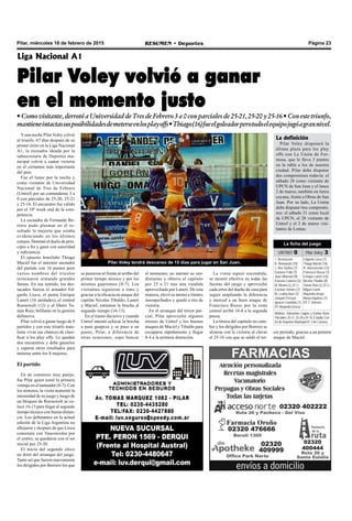 Página 23RESUMEN • DeportesPilar, miércoles 18 de febrero de 2015
Liga Nacional A1
Pilar Voley volvió a ganar
en el momento justo
• Como visitante, derrotó a Universidad deTres deFebrero 3 a 0 con parciales de 25-21, 25-20 y 25-16 • Con estetriunfo,
mantieneintactassusposibilidadesdemeterseenlosplayoffs•Thiago(16)fueelgoleadorperotodoelequipojugóagrannivel.
Pilar Voley tendrá descanso de 15 días para jugar en San Juan.
Yuna noche Pilar Voley volvió
al triunfo. 67 días después de su
primer éxito en la Liga Nacional
A1, la escuadra ideada por la
subsecretaría de Deportes mu-
nicipal volvió a cantar victoria
en el certamen más importante
del país.
Fue el lunes por la noche y
como visitante de Universidad
Nacional de Tres de Febrero
(Untref) por un contundente 3 a
0 con parciales de 25-20, 25-21
y 25-16. El encuentro fue válido
por el 10º week end de la com-
petencia.
La escuadra de Fernando Bo-
rrero pudo plasmar en el re-
sultado la mejoría que estaba
evidenciando en los últimos
cotejos. Dominó el duelo de prin-
cipio a fin y ganó con autoridad
y suficiencia.
El opuesto brasileño Thiago
Maciel fue el máximo anotador
del partido con 16 puntos pero
varios nombres del tricolor
terminaron armando grandes
faenas. En ese sentido, los des-
tacados fueron el armador Ed-
gardo Lioca, el punta Enrique
Laneri (16 unidades), el central
Roosewelt (12) y el líbero To-
más Ruiz, brillante en la gestión
defensiva.
Pilar volvió a ganar luego de 8
partidos y con este triunfo man-
tiene vivas sus chances de clasi-
ficar a los play offs. Le quedan
dos encuentros y debe ganarlos
y esperar otros resultados para
meterse entre los 8 mejores.
El partido
En un comienzo muy parejo,
fue Pilar quien tomó la primera
ventaja en el tanteador (8-7). Con
los minutos, la visita aumentó la
intensidad de su juego y luego de
un bloqueo de Roosewelt se co-
locó 16-13 para llegar al segundo
tiempo técnico con buena distan-
cia. Los debutantes en la actual
edición de la Liga Argentina no
aflojaron y después de que Lioca
conectara con Vasconcelos por
el centro, se quedaron con el set
inicial por 25-20.
El inicio del segundo chico
no distó del arranque del juego.
Tanto así que fueron nuevamente
los dirigidos por Borrero los que
se pusieron al frente al arribo del
primer tiempo técnico y por los
mismos guarismos (8-7). Los
visitantes siguieron a tono y
gracias a la eficacia en ataque del
capitán Nicolás Tibaldo, Laneri
y Maciel, estiraron la brecha al
segundo tiempo (16-13).
En el tramo decisivo y cuando
Untref intentó achicar la brecha
a pura guapeza y se puso a un
punto, Pilar, a diferencia de
otras ocasiones, supo bancar
el momento, no mermó su ren-
dimiento y obtuvo el capítulo
por 25 a 21 tras una vendida
aprovechada por Laneri. De esta
manera, elevó su ánimo a límites
insospechados y quedó a tiro de
victoria.
En el arranque del tercer par-
cial, Pilar aprovechó algunos
errores de Untref y los buenos
ataques de Maciel y Tibaldo para
escaparse rápidamente y llegar
8-4 a la primera detención.
La visita siguió encendida,
se mostró efectiva en todas las
facetas del juego y aprovechó
cada error del dueño de casa para
seguir ampliando la diferencia
y merced a un buen ataque de
Francisco Russo por la zona
central arribó 16-8 a la segunda
pausa.
La tónica del capítulo no cam-
bio y los dirigidos por Borrero se
alzaron con la victoria al clavar
el 25-16 con que se saldó el ter-
La definición
Pilar Voley disputará la
última plaza para los play
offs con La Unión de For-
mosa, que le lleva 3 puntos
en la tabla a los de nuestra
ciudad. Pilar debe disputar
dos compromisos todavía: el
sábado 28 como visitante de
UPCN de San Juan y el lunes
2 de marzo, también en tierra
cuyana, frente a Obras de San
Juan. Por su lado, La Unión
debe disputar tres compromi-
sos: el sábado 21 como local
de UPCN, el 28 visitante de
Untref y el 2 de marzo visi-
tantes de Lomas.
Árbitros: Sebastián Cagiao y Karina René.
Parciales:25-21,25-20y25-16.Estadio:Cen-
tro de Deportes Municipal N° 2 de Caseros.
La ficha del juego
UNTREF 0 Pilar Voley 3
I. Bernasconi
B. Romanutti (10)
J. Dos Santos (7)
Gustavo Folle (7)
Juan Villarruel (9)
Estevan Cabrera (5)
M. Meana (L) (F.I.)
Esteban Símaro (1)
M. Leskiw Auer (3)
Joaquín Pereyra
Ignacio Condotta (1)
DT:Alejandro Grossi.
Edgardo Lioca (1)
Thiago Maciel (16)
R. Vasconcelos (12)
Francisco Russo (1)
Enrique Laneri (16)
Nicolás Tibaldo (8)
Tomás Ruiz (L) (F.I.)
Miguel Liand
Alejandro Araya
Mauro Aguilera (1)
DT: F. Borrero.
cer período, gracias a un potente
ataque de Maciel.
 