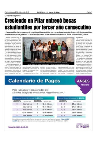 Pilar, miércoles 25 de febrero de 2015 RESUMEN • El Diario de Pilar Página 7
Generoso aporte
Creciendo en Pilar entregó becas
estudiantiles por tercer año consecutivo
• La entidad becó a 24 alumnos de escuelas públicas de Pilar, que cursarán durante el próximo ciclo lectivo su último
año en la educación primaria • La asistencia consta de un emolumento mensual, útiles, indumentaria y libros.
Las becas consisten en la entrega de un emolumento mensual,
darles todos los útiles, indumentaria y libros necesarios para estudiar.
Durante la tarde de ayer la
Fundación Creciendo en Pilar,
por tercer año consecutivo, rea-
lizó el acto de entrega de becas
estudiantiles. En esta ocasión la
entidad becó a 24 alumnos de
escuelas públicas del partido de
Pilar, que cursarán durante el
próximo ciclo lectivo, su último
año en la escuela primaria.
Lasbecasconsistenenlaentrega
deunaayudamensual,darlestodos
los útiles, indumentaria y libros
necesarios para estudiar durante
todo el año escolar. Para ello se ha
convocado nuevamente a “padri-
nos” que se han comprometido a
costear la cursada de sus ahijados.
“Además a cada alumno se
le ha asignado un “tutor” que
tendrá la función de seguir de
cerca el desenvolvimiento del
niño durante el ciclo escolar, en
muchos casos el propio padrino
cumple la función del tutor”, co-
superarse a pesar de vivir en un
contexto socioeconómico desfa-
vorable “y por sobre todo siendo
buen compañero, respetuoso de
sus maestras y compañeros”,
acotó Roldan.
El programa de becas estu-
diantiles es una de las más im-
portantes propuestas que tiene
la entidad. “Hoy lo podemos
llevar a cabo gracias a la colabo-
ración de toda la comunidad, de
las autoridades escolares, a los
padrinos que aportan el dinero
para la compra de las becas, a
los comerciantes y profesionales
que de una u otra manera ayudan
siempre, a los voluntarios de la
fundación”, agradeció Roldán.
La fundación fue creada el 8 de
junio de 2011, y se encuentra al
servicio de los niños desde dife-
rentes áreas, como el deporte, la
cultura, la salud y la educación.
Con las diferentes campañas y
programas que Creciendo en Pilar
lleva a cabo, busca como objetivo
en los niños: Enseñar trabajando,
aprender produciendo y constru-
yendo su propio conocimiento.
mentó el contador Walter Roldán,
presidente de la fundación en el
programa “La Mañana de Resu-
men” de FM Del Sol.
Los alumnos fueron selec-
cionados por sus docentes y
directoras, teniendo en cuenta no
sólo su rendimiento académico,
sino también sus valores huma-
nos, demostrando el interés por
 