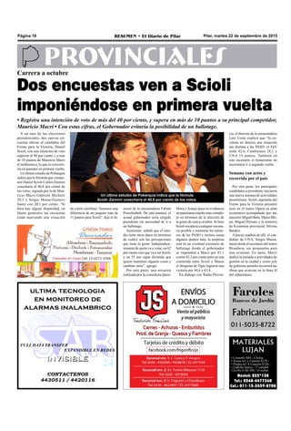 Pilar, martes 22 de septiembre de 2015RESUMEN • El Diario de PilarPágina 18
PROVINCIALESCarrera a octubre
Dos encuestas ven a Scioli
imponiéndose en primera vuelta
• Registra una intención de voto de más del 40 por ciento, y supera en más de 10 puntos a su principal competidor,
Mauricio Macri • Con estas cifras, el Gobernador evitaría la posibilidad de un ballotage.
A un mes de las elecciones
presidenciales, dos nuevas en-
cuestas ubican al candidato del
Frente para la Victoria, Daniel
Scioli, con una intención de voto
superior al 40 por ciento y a más
de 10 puntos de Mauricio Macri
(Cambiemos), lo que lo converti-
ría en ganador en primera vuelta.
Un último estudio de Poliarquía
indica que la fórmula que compo-
nen Daniel Scioli-Carlos Zannini
cosecharía el 40,8 por ciento de
los votos, seguida por la de Mau-
ricio Macri-Gabriela Michetti
29,5 y Sergio Massa-Gustavo
Saenz con 20,1 por ciento. “Si
bien hay alguna disparidad, en
líneas generales las encuestas
están marcando una situación
Mora yAraujo puso en evidencia
un panorama mucho más comple-
jo en términos de la elección de
la gente de cara a octubre. Si bien
Scioli encabeza cualquier escena-
rio posible y mantiene los núme-
ros de las PASO e incluso suma
algunos puntos más, la sorpresa
está en un eventual escenario de
ballotage donde el gobernador
se impondría a Macri por 47,1
contra 42,3 por ciento pero en una
contienda entre Scioli y Massa
el dirigente de Tigre lograría una
victoria por 44,6 a 43,4.
En diálogo con Radio Provin-
MATERIALES
LUJAN
• Cemento $84.- x bolsa
• Arena m3 x Camión $270.-
• Piedra m3 X Camión $720.-
• Ladrillo hueco - 1º calidad
12x18x33 $6.500.- el millar.
Nextel: 233*138
Tel.: 0348-4477360
Cel.: 011-15-3539-8708
Un último estudio de Poliarquía indica que la fórmula
Scioli- Zannini cosecharía el 40,8 por ciento de los votos.
Faroles
Bancos de Jardín
Fabricantes
011-5035-8722
CONTACTENOS
4430511 / 4420116
INVISIBLEINVISIBLE
ultima tecnologia
en monitoreo de
alarmas inalambrico
FULL DATA TRANSFER
EXPANDIBLE EN REDES
rector de la encuestadora Fabián
Perechodnik. De esta manera, el
actual gobernador sería elegido
presidente sin necesidad de ir a
un ballotage.
Asimismo, señaló que el estu-
dio tiene otros datos en términos
de cuáles son las percepciones
que tiene la gente. Independien-
temente de quién va a votar, un 62
por ciento cree que va a ser Scioli,
y un 55 nos sigue diciendo que
quiere mantener algunas cosas y
cambiar otras”, agregó.
Por otra parte, una encuesta
realizada por la consultora Ipsos-
cia, el director de la encuestadora
Luis Costa explicó que “la en-
cuesta no detecta una situación
tan distinta a las PASO: el FpV
mide 42,6; Cambiemos 28,1 y
UNA 19 puntos. También en
este escenario el bonaerense no
necesitaría ir a segunda vuelta.
Semana con actos y
recorrida por el país
Por otra parte, los principales
candidatos a presidente iniciaron
una nueva semana de actividades
proselitistas. Scioli, aspirante del
Frente para la Victoria presentó
ayer en el teatro Opera su plan
económico acompañado por sus
asesores Miguel Bein, Mario Ble-
jer, Miguel Peirano y la ministra
de Economía provincial, Silvina
Batakis.
A pocas cuadras de allí, el can-
didato de UNA, Sergio Massa,
lanzó desde el escenario del teatro
Broadway sus propuestas para
una eventual. En tanto, Macri
dedicó la jornada a actividades de
gestión en la ciudad y como jefe
de gobierno porteño recorrerá las
obras que avanzan en la línea H
del subterráneo.
de cierta similitud. Tenemos una
diferencia de un poquito más de
11 puntos para Scioli”, dijo el di-
 
