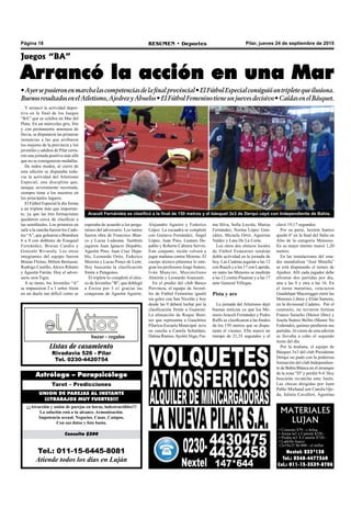 Pilar, jueves 24 de septiembre de 2015RESUMEN • DeportesPágina 18
MATERIALES
LUJAN
• Cemento $79.- x bolsa
• Arena m3 x Camión $250.-
• Piedra m3 X Camión $720.-
• Ladrillo hueco
12x18x33 $6.000.- el millar.
Nextel: 233*138
Tel.: 0348-4477360
Cel.: 011-15-3539-8708
Tel.: 011-15-6445-8081
Atiende todos los días en Luján
Consulta $200
¡¡¡Atracción y unión de parejas en horas, indestructibles!!!
La solución está a tu alcance. Armonización.
Impotencia sexual. Negocios. Casas. Campos.
Con sus datos y foto basta.
UNION DE PAREJAS AL INSTANTE
¡¡¡TRABAJOS MUY FUERTES!!!
Tarot – Predicciones
Astrólogo – Parapsicólogo
Listas de casamiento
Rivadavia 526 - Pilar
Tel. 0230-4420754
bazar - regalos
Y arrancó la actividad depor-
tiva en la final de los Juegos
“BA” que se celebra en Mar del
Plata. En un miércoles gris, frío
y con permanente amenaza de
lluvia, se disputaron las primeras
instancias a las que arribaron
los mejores de la provincia y los
juveniles y adultos de Pilar cerra-
ron una jornada positiva más allá
que no se consiguieron medallas.
De todos modos, al cierre de
esta edición se disputaba toda-
vía la actividad del Atletismo
Especial, una disciplina que,
aunque severamente recortada,
siempre tiene a los nuestros en
los principales lugares.
El Fútbol Especial le dio forma
a un triplete más que importan-
te, ya que las tres formaciones
quedaron cerca de clasificar a
las semifinales. Los primeros en
salir a la cancha fueron los Cade-
tes “A”, que golearon a Brandsen
6 a 0 con dobletes de Ezequiel
Fernández, Braian Candia y
Gonzalo Rivarola. Los otros
integrantes del equipo fueron
Braian Fleitas, Milton Bernazar,
Rodrigo Castillo, Alexis Ribatto
y Agustín Farrán. Hoy el adver-
sario será Tigre.
A su turno, los Juveniles “A”
se impusieron 2 a 1 sobre Alem
en un duelo tan difícil como se
Juegos “BA”
Arrancó la acción en una Mar
•Ayersepusieronenmarchalascompetenciasdelafinalprovincial•ElFútbolEspecialconsiguióuntripletequeilusiona.
BuenosresultadosenelAtletismo,AjedrezyAbuelos•ElFútbolFemeninotieneunjuevesdecisivo•CaídasenelBásquet.
esperaba de acuerdo a los perga-
minos del adversario. Los tantos
fueron obra de Francisco Blan-
co y Lucas Ledesma. También
jugaron Juan Ignacio Depablo,
Agustín Pino, Juan Cruz Depa-
blo, Leonardo Ortiz, Federico
Moreira y Lucas Ponce de León.
Hoy buscarán la clasificación
frente a Patagones.
El triplete lo completó el elen-
co de Juveniles “B”, que doblegó
a Ezeiza por 3 a1 gracias las
conquistas de Agustín Aguirre,
Alejandro Aguirre y Federico
López. La escuadra se completó
con Gustavo Fernández, Ángel
López, Juan Pino, Lautaro De-
pablo y Roberto Cabrera Servìn.
Este conjunto, recién volverá a
jugar mañana contra Moreno. El
cuerpo técnico pilarense lo inte-
gran los profesores Jorge Suárez,
Iván Mancini, Maximiliano
Almirón y Leonardo Aranzasti.
En el predio del club Banco
Provincia, el equipo de Juveni-
les de Fútbol Femenino igualó
sin goles con San Nicolás y hoy
desde las 9 deberá luchar por la
clasificación frente a Guaminí.
La alineación de Roque Bení-
tez que representa a Gauchitos
Pilarica-Escuela Municipal tuvo
en cancha a Camila Schuldais,
Dalma Ramos,Ayelén Vega, Fia-
ma Silva, Sofía Loyola, Marisa
Fernández, Norma López Gon-
zález, Micaela Ortiz, Agustina
Valdez y Lara De La Corte.
Los otros dos elencos locales
de Fútbol Femenino tendrán
doble actividad en la jornada de
hoy. Las Cadetas jugarán a las 12
con Rauch y a las 17 con Laprida,
en tanto las Menores se medirán
a las 12 contra Pinamar y a las 17
ante General Villegas.
Pista y aro
La jornada del Atletismo dejó
buenas noticias ya que los Me-
nores Araceli Fernández y Pedro
Raffo se clasificaron a las finales
de los 150 metros que se dispu-
tarán el viernes. Ella marcó un
tiempo de 21,35 segundos y el
clavó 19,17 segundos.
Por su parte, Jazmín Santos
quedó 6º en la final del Salto en
Alto de la categoría Menores.
En su mejor intento marcó 1,20
metros.
En las instalaciones del esta-
dio mundialista “José Minella”
se está disputando el torneo de
Ajedrez. Allí cada jugador debe
afrontar dos partidas por día,
una a las 9 y otra a las 16. En
el turno matutino, vencieron
Guadalupe Mayeregger entre las
Menores Libres y Elián Samora,
en la divisional Cadetes. Por el
contrario, no tuvieron fortuna
Franco Saracho (Menor libre) y
Josela Suárez Bellin (Menor No
Federado), quienes perdieron sus
partidas.Al cierre de esta edición
se llevaba a cabo el segundo
turno del día.
Por la mañana, el equipo de
Básquet 3x3 del club Presidente
Derqui no pudo con la poderosa
formación del club Independien-
te de Bahía Blanca en el arranque
de la zona “D” y perdió 9-4. Hoy
buscarán revancha ante Junín.
Las chicas dirigidas por Juan
Pablo Michaud son Camila Oje-
da, Julieta Cavalleri, Agustina
Araceli Fernández se clasificó a la final de 150 metros y el básquet 3x3 de Derqui cayó con Independiente de Bahía.
 