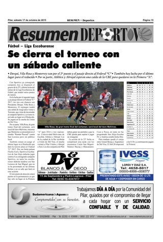 Página 15RESUMEN • DeportesPilar, sábado 17 de octubre de 2015
Con Sportivo ya consagrado
campeón, hoy se disputará el
grueso de la 25º y última fecha del
torneo de la Liga Escobarense de
Fútbol, que tendrá varios puntos
de interés.
En la lucha por el segundo lugar
y un pasaje directo al Federal “C”
2017, los tres con chances son
Presidente Derqui, Villa Rosa y
Monterrey. El rojinegro tendrá
una salida de riesgo para visitar a
Torcuato, que viene de incomodar
al campeón Sportivo y ya tiene re-
servado un lugar en el Reducido.
Se jugará en la cancha de Unión
de Del Viso.
Por su parte,Villa Rosa, de gran
tramo final del certamen, será
local del duro Malvinas, mientras
que Monterrey se presentará en el
estadio “Román Pascual” contra
San Lorenzo pero sin público
local.
También estará en juego el
último lugar en el Reducido que
dará la tercera plaza al Federal
“C” 2017. Por ese botín pelean
Flecha Azul y Sportivo Escobar.
Los de San Alejo deberán jugar
contra el ya consagrado campeón
Sportivo, en tanto los escoba-
renses deberán medirse con San
Lorenzo de San Miguel, que no
se ha presentado en las últimas
fechas y no se sabe que hará en
esta ocasión.
El otro punto de atención estará
puesto en la permanencia ya que
hay solo un lugar en la Primera
Fútbol – Liga Escobarense
Se cierra el torneo con
un sábado caliente
• Derqui, Vila Rosa y Monterrey van por el 2º puesto y el pasaje directo al Federal “C” • También hay lucha por el último
lugar para el reducido • Por su parte, Atlético y Abrojal esperan una caída de la CBE para quedarse en la Primera “A”.
PRESENTANDO ESTE AVISO 1 BIDON DE 12 LTS
DE AGUA + 1 DISPENSER SIN CARGO
Villa Rosa, de gran tramo final del certamen, será local del duro Malvinas.
a las 9.30 y a continuación jugará
la Primera.
“A” para 2016 y tres aspiran-
tes. Colectividad Boliviana de
Escobar, Atlético y Abrojal. Los
de la ciudad de la flor recibirán
a Unión de Del Viso, el rancho
visitará a Pilar Unidos y Abrojal
a Toro. Los dos conjuntos de Pilar
deben ganar sus partidos y que la
CBE pierda para aspirar a jugar
un triangular.
La acción de la 25º fecha se
completará esta tarde con los
encuentros Unión San Miguel-
Náutico Hacoaj y Manzanares-
Caza y Pesca, en tanto no fue
programado San Alejo-Escobar
FC y América tendrá fecha libre.
Para mañana quedó el cotejo
entre Grand Bourg y Argentinos
de Del Viso. El Sub 20 empezará
 