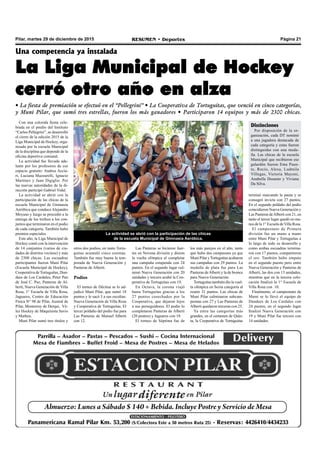 Página 21RESUMEN • DeportesPilar, martes 29 de diciembre de 2015
Con una colorida fiesta cele-
brada en el predio del Instituto
“Carlos Pellegrini”, se desarrolló
el cierre de la edición 2015 de la
Liga Municipal de Hockey, orga-
nizada por la escuela Municipal
de la disciplina que depende de la
oficina deportiva comunal.
La actividad fue llevada ade-
lante por los profesores de ese
espacio gratuito: Andrea Accia-
ri, Luciana Mazzarelli, Ignacio
Martínez y Juan Digiglio. Por
las nuevas autoridades de la di-
rección participó Gabriel Vidal.
La actividad se abrió con la
participación de las chicas de la
escuela Municipal de Gimnasia
Aeróbica que conduce Alejandro
Moyano y luego se procedió a la
entrega de los trofeos a los con-
juntos que terminaron en el podio
de cada categoría. También hubo
premios especiales.
Este año, la Liga Municipal de
Hockey contó con la intervención
de 14 conjuntos (varios de ciu-
dades de distritos vecinos) y más
de 2300 chicas. Las escuadras
participantes fueron Muni Pilar
(Escuela Municipal de Hockey),
Cooperativa de Tortuguitas, Dun-
dees de Los Cardales, Peter Pan
de José C. Paz, Panteras de Al-
berti, Nueva Generación de Villa
Rosa, 1° Escuela de Villa Rosa,
Jaguares, Centro de Educación
Física N° 98 de Pilar, Austral de
Pilar, Monterrey de Derqui, Vé-
lez Hockey de Maquinista Savio
y Matheu.
Muni Pilar sumó tres títulos y
Una competencia ya instalada
La Liga Municipal de Hockey
cerró otro año en alza
• La fiesta de premiación se efectuó en el “Pellegrini” • La Cooperativa de Tortuguitas, que venció en cinco categorías,
y Muni Pilar, que sumó tres estrellas, fueron los más ganadores • Participaron 14 equipos y más de 2300 chicas.
otros dos podios, en tanto Tortu-
guitas acumuló cinco coronas.
También fue muy buena la tem-
porada de Nueva Generación y
Panteras de Alberti.
Podios
El torneo de Décima se lo ad-
judicó Muni Pilar, que sumó 18
puntos y le sacó 3 a sus escoltas:
Nueva Generación de Villa Rosa
y Cooperativa de Tortuguitas. El
tercer peldaño del podio fue para
Las Panteras de Manuel Alberti
con 12.
Las Panteras se hicieron fuer-
tes en Novena división y dieron
la vuelta olímpica al completar
una campaña estupenda con 24
puntos. En el segundo lugar cul-
minó Nueva Generación con 20
unidades y tercero acabó la Coo-
perativa de Tortuguitas con 19.
En Octava, la corona viajó
hasta Tortuguitas gracias a los
27 puntos cosechados por la
Cooperativa, que dejaron lejos
a sus perseguidores. El podio lo
completaron Panteras de Alberti
(20 puntos) y Jaguares con 18.
El torneo de Séptima fue de
los más parejos en el año, tanto
que hubo dos campeones ya que
Muni Pilar yTortuguitas acabaron
sus campañas con 29 puntos. La
medalla de plata fue para Las
Panteras deAlberti y la de bronce
para Nueva Generación.
Tortuguitas también dio la vuel-
ta olímpica en Sexta categoría al
reunir 31 puntos. Las chicas de
Muni Pilar culminaron subcam-
peonas con 27 y Las Panteras de
Alberti quedaron terceras con 25.
Ya entre las categorías más
grandes, en el certamen de Quin-
ta, la Cooperativa de Tortuguitas
La actividad se abrió con la participación de las chicas
de la escuela Municipal de Gimnasia Aeróbica.
terminó marcando la pauta y se
consagró invicta con 27 puntos.
En el segundo peldaño del podio
coincidieron Nueva Generación y
Las Panteras deAlberti con 21, en
tanto el tercer lugar quedó en ma-
nos de la 1° Escuela deVilla Rosa.
El campeonato de Primera
división fue un mano a mano
entre Muni Pilar y Tortuguitas a
lo largo de todo su desarrollo y
como ambas escuadras termina-
ron con 17 puntos, compartieron
el oro. También hubo empate
en el segundo puesto pero entre
Nueva Generación y Panteras de
Alberti, las dos con 13 unidades,
mientras que en la tercera colo-
cación finalizó la 1° Escuela de
Villa Rosa con 10.
Finalmente, el campeonato de
Mami se lo llevó el equipo de
Dundees de Los Cardales con
24 puntos, en el segundo lugar
finalizó Nueva Generación con
19 y Muni Pilar fue tercero con
14 unidades.
Distinciones
Por disposición de la or-
ganización, cada DT nominó
a una jugadora destacada de
cada categoría y estas fueron
distinguidas con una meda-
lla. Las chicas de la escuela
Municipal que recibieron ese
galardón fueron Ema Puen-
te, Rocío, Alexa, Ludmila
Villegas, Victoria Mayoni,
Anabella Dosanto y Viviana
Da Silva.
 