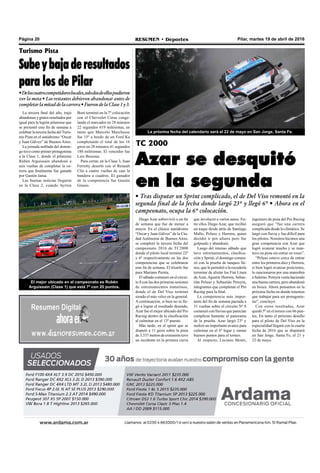 Pilar, martes 19 de abril de 2016RESUMEN • DeportesPágina 20
TC 2000
Azar se desquitó
en la segunda
• Tras disputar un Sprint complicado, el de Del Viso remontó en la
segunda final de la fecha donde largó 23º y llegó 6º • Ahora en el
campeonato, ocupa la 6º colocación.
que involucró a varios autos. En-
tre ellos Diego Azar, que recibió
un toque desde atrás de Santiago
Mallo, Peluso y Herrera, quien
decidió ir por afuera pero fue
golpeado y abandonó.
Luego del intenso sábado que
tuvo entrenamientos, clasifica-
ción y Sprint, el domingo comen-
zó con la prueba de tanques lle-
nos, que le permitió a la escudería
terminar de alistar los Fiat Línea
de Azar, Agustín Herrera, Sebas-
tián Peluso y Sebastián Pereyra,
integrantes que completan el Pro
Racing para la final.
La competencia más impor-
tante del fin de semana pactada a
31 vueltas sobre el circuito Nº 8
comenzó con lluvias que parecían
complicar bastante el panorama
de la prueba. Azar largó 23º y
realizó un importante avance para
culminar en el 6º lugar y sumar
buenos puntos para el torneo.
Al respecto, Luciano Monti,
ingeniero de pista del Pro Racing
aseguró que “fue una carrera
complicada desde lo climático. Se
largó con lluvia y fue difícil para
los pilotos. Nosotros hicimos una
gran competencia con Azar que
logró avanzar mucho y se man-
tuvo en pista sin entrar en roses”.
“Peluso estuvo cerca de entrar
entre los primeros diez y Herrera,
si bien logró avanzar posiciones,
lo sancionaron por una maniobra
a Salerno. Pereyra venía haciendo
una buena carrera, pero abandonó
en boxes. Ahora pensamos en la
próxima fecha en donde tenemos
que trabajar para ser protagonis-
tas", concluyó.
Con estos resultados, Azar
quedó 5º en el torneo con 66 pun-
tos. En tanto el próximo desafío
para el piloto de Del Viso en la
especialidad llegará con la cuarta
fecha de 2016 que se disputará
en San Jorge, Santa Fe, el 21 y
22 de mayo.
El mejor ubicado en el campeonato es Rubén
Arguissain (Clase 1) que está 7º con 20 puntos.
Diego Azar sobrevivió a un fin
de semana que fue de menor a
mayor. En el clásico autódromo
“Oscar y Juan Gálvez” de la Ciu-
dad Autónoma de Buenos Aires,
se completó la tercera fecha del
campeonato 2016 de TC2000
donde el piloto local terminó 22º
y 6º respectivamente en las dos
competencias que se celebraron
este fin de semana. El triunfo fue
para Mariano Pernía.
El sábado comenzó en el circui-
to 8 con las dos primeras sesiones
de entrenamientos matutinos,
donde el de Del Viso terminó
siendo el más veloz en la general.
A continuación, si bien no se lle-
gó a lograr el resultado deseado,
Azar fue el mejor ubicado del Pro
Racing dentro de la clasificación
al culminar en el 13º puesto.
Más tarde, en el sprint que se
disputó a 11 giros sobre la pista
de 3.337 metros de extensión tuvo
un incidente en la primera curva
Turismo Pista
Subeybajaderesultados
para los de Pilar
•Deloscuatrocompetidoreslocales,solodosdeellospudieron
ver la meta • Los restantes debieron abandonar antes de
completarlamitaddelacarrera•FuerondelaClase1y3.
La tercera final del año, trajo
abandonos y gratos resultados por
igual para la legión pilarense que
se presentó este fin de semana a
celebrar la tercera fecha delTuris-
mo Pista en el autódromo “Oscar
y Juan Gálvez” de Buenos Aires.
La jornada nublada del domin-
go tuvo como primer protagonista
a la Clase 1, donde el pilarense
Rubén Arguissain abandonó a
seis vueltas de completar la ca-
rrera que finalmente fue ganada
por Gastón Iansa.
Las buenas noticias llegaron
en la Clase 2, cuando Ayrton
Boni terminó en la 7º colocación
con el Chevrolet Corsa conge-
lando el marcador en 28 minutos
22 segundos 619 milésimas, en
tanto que Marcelo Marchesse
fue 15º a bordo de un Ford Ka
completando el total de los 16
giros en 28 minutos 41 segundos
188 milésimas. El vencedor fue
Luis Bessone.
Para cerrar, en la Clase 3, Juan
Ferretty desertó con el Renault
Clio a cuatro vueltas de caer la
bandera a cuadros. El ganador
de la competencia fue Gastón
Grasso.
La próxima fecha del calendario será el 22 de mayo en San Jorge, Santa Fe.
 