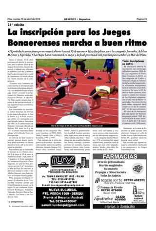 Página 23RESUMEN • DeportesPilar, martes 19 de abril de 2016
25° edición
La inscripción para los Juegos
Bonaerenses marcha a buen ritmo
•Elperíododeanotacionespermaneceráabiertohastael30deestemes•HaydisciplinasparalascategoríasJuveniles,Adultos
Mayores y Especiales • La Etapa Local comenzará en mayo y la final provincial está prevista para octubre en Mar del Plata.
Tenis: Inscripciones
en LATIC
Se encuentra abierta la
inscripción para participar
del torneo Apertura 2016 de
la Liga Argentina de Tenis
Inter Countries (LATIC) en
las categorías de Ladies y
Veteranos. Según se informó
desde la entidad organizado-
ra, se tomarán inscripciones
hasta el miércoles 27 de abril,
inclusive. En tanto, el 29 de
abril se darán a conocer a los
socios y clubes los fixtures
de las distintas competen-
cias y las Listas de Buena Fe
aprobadas. La primera fecha
para ambas categorías dará
comienzo el fin de semana
del 7 y 8 de mayo próximos.
El valor de la inscripción
por cada equipo de Mayores
presentado será de 2.000 pe-
sos hasta el 6 de mayo inclu-
sive. A partir del 7 de mayo
el importe es de 2.400 pesos.
Hasta el sábado 30 de abril
permanecerá abierta la inscrip-
ción para la edición 2016 de los
Juegos Bonaerenses, la justa de-
portiva y cultural más relevante
deAmérica y este año, el primero
bajo la administración provincial
de Cambiemos, se busca reflotar
los valores iniciales de la com-
petencia.
“Estamos muy contentos en
como marcha la inscripción para
las diferentes disciplinas deporti-
vas y no dudamos en que será un
gran torneo”, comentó la subse-
cretaria de Deportes municipal,
Florencia Donatti. Y advirtió:
“no falta mucho tiempo para el
cierre de las inscripciones por lo
que sugerimos hacer el trámite a
la brevedad”.
Los interesados en inscribir-
se deben descargar de internet
(www.juegos.gba.gob.ar) la lista
de buena fe y la ficha médica,
que deben ser entregadas por
cuatriplicado junto a fotocopias
del DNI, en la subsecretaría de
Deportes municipal, ubicada en
Bolívar 389, entre las 9 y las
14. Los atletas especiales deben
agregar el Certificado Único de
Discapacidad.
En caso de no tener acceso a
internet, quienes deseen inscri-
birse deben acercarse a la oficina
deportiva local y allí se les entre-
garán las planillas.
Recordamos que se mantendrá
el formato de los últimos años.
Del 2 de mayo al 30 de junio se
disputará la Etapa Local, entre el
1° de julio y el 16 de septiembre
las instancias Regional e Inter
Regional, en tanto la final pro-
vincial será del 3 al 7 de octubre
en Mar del Plata. En este caso, la
diferencia sustancial estará en los
Adultos Mayores, que el año pa-
sado no tuvieron Inter Regional.
Pilar integrará la Región 11
junto a Exaltación de la Cruz,
Escobar, Campana y Zárate y en
el Inter Regional se cruzará con la
región 10 que conforman Luján,
General Rodríguez, Suipacha,
Mercedes, Navarro, Marcos Paz,
Cañuelas, Las Heras y San An-
drés de Giles
La competencia
La divisional Juveniles estará
dividida en tres categorías: Me-
nores (nacidos en 2002, 2003,
2004), Cadetes (2000 y 2001) y
Juveniles (1998 y 1999).
Para esta edición la oferta de-
portiva se diversificó y los intere-
sados pueden optar entre ajedrez,
atletismo, básquet, básquet 3x3,
beach vóley, cestoball, futsal,
Del 2 de mayo al 30 de junio se disputará la Etapa Local.
fútbol 7, fútbol 11, gimnasia artís-
tica, handball, hockey, natación,
patín, rugby, tenis, tenis de mesa y
vóley.Además, hay otras 17 disci-
plinas que son acuatlón, bádmin-
ton, boxeo, canotaje, ciclismo,
ciclismo de montaña, esgrima,
gimnasia rítmica, judo, karate,
lucha, nado sincronizado, pesas,
skate, surf, taekwondo y tiro,
cuyos torneos serán organizados
por las federaciones respectivas.
En la categoría Adultos Mayo-
res (1956 en adelante) se jugará
a fútbol tenis, pentatlón, tenis de
mesa, sapo, tejo, vóley adaptado,
ajedrez, burako, chin-chon, da-
mas, escoba de 15 y truco.
Finalmente, en la rama de Es-
peciales se podrá escoger entre
atletismo, básquet en silla de
ruedas, boccia, futbol intelectual,
futbol PC, goalball, natación,
tenis de mesa, torball.
Vale recordar que algunas ca-
tegorías y disciplinas clasificarán
a sus campeones a los Juegos
Nacionales Evita.
 
