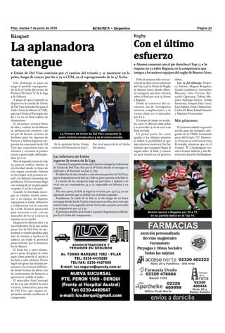 Página 23RESUMEN • DeportesPilar, martes 7 de junio de 2016
Rugby
• Alumni comenzó con el pie derecho el Top 14 • Se
impuso 20-13 sobre Regatas, en la competencia que
integraalosmejoresequiposdelrugbydeBuenosAires.
Con el último
esfuerzo
El ﬁn de semana sólo tuvo ac-
ción de la elite con el comienzo
del Top 14 de laUniónde Rugby
de Buenos Aires, donde Alum-
ni consiguió una dura victoria
sobre el ﬁnal por 20 a 13, frente
a Regatas.
Desde el comienzo del en-
cuentro, los de Tortuguitas
tuvieron complicaciones y se
vieron abajo en el marcador
por 8 a 3.
El campo de juego no ayuda-
ba, pero el albirojo daba pelea
y se acercaba 13-10 de cara a un
ﬁnal cerrado.
Un penal ponía las cosas
iguales y los últimos minutos
le daban la posibilidad al que
más entero se mostrara. Ese fue
Alumni, que consiguió llegar al
ingoal sobre el ﬁnal, y traerse
un gran triunfo en un positivo
Este domingo se puso en
juego el partido reprograma-
do de la 4º fecha del torneo de
Primera División “A” de la Liga
3 de Febrero.
A pesar de que el partido se
disputó en la cancha de Unión
de Del Viso, la localía fue para el
Club Unión de Munro (CUM),
que cayó frente al Tatengue por
80 a 74 en un ﬁnal repleto de
dramatismo.
El encuentro arrancó lleno
de idas y vueltas, los de Munro
se adelantaron primero con
un par de buenas acciones de
Verboso, pero los ingresos de
Noreno y Aldana lograron em-
parejar las cosas para los de Del
Viso que conectaron bien en
ofensiva y cerraron el primer
cuarto a puro triple, adelantán-
dose 30 a 19.
Para el segundo tramo la cosa
no parecía cambiar mucho, la
efectividad desde la línea de
tres seguía creciendo (fueron
10 los triples en la primera mi-
tad) y la defensa transitaba sin
problemas. El entretiempo llegó
con ventaja de 52-33 para quien
ocupaba el rol de visitante.
Cuando la hinchada taten-
gue se relajaba viendo domi-
nar a su equipo, las lagunas
regresaron al andar defensivo
y colaboraron con la reacción
de CUM. El local aprovechó
para acercarse a seis, con un
marcador de 63-57 y elevar la
tensión en la cancha.
Llegaron los últimos diez y la
incertidumbre de lo que podía
pasar. Los de Del Viso no me-
joraban y cuando quedaba algo
más de minuto y medio en el
tablero, un triple le permitió
pasar al frente por la mínima a
los de Munro.
El final fue a puro drama,
pero a pesar del golpe, la visita
supo cómo ponerle el pecho a
las balas y salir adelante. El tate
logró recuperar las últimas po-
sesiones y lo terminó deﬁnien-
do desde la línea de libres con
las conversiones de Samarra, a
quien no le tembló el pulso.
El marcador final entregó
un 80 a 74 que declaró la sexta
victoria consecutiva para los
de Del Viso, que siguen ex-
pectantes siendo escoltas en el
campeonato.
Las inferiores de Unión
jugaron la octava de la Liga
Comenzó la segunda rueda para las tres categorías inferiores
de Unión de Del Viso. Fue por la 8º fecha donde el tatengue se
enfrentó a El Porvenir en José C. Paz.
El saldo fue de dos triunfos y una derrota para los de Del Viso,
que se impusieron en la Sub 15 y Sub 19, pero cayeron en la Sub 17.
La menor de las categorías jugó un partidazo y aplastó a su
rival con un contundente 74 a 12, impecable en defensa y en
ataque.
Por otra parte, la Sub 19 logró la victoria por 45 a 44 en un
apretado partido que se deﬁnió en el último segundo.
Finalmente, la caída de la Sub 17 se dio luego de un buen
arranque donde los de Unión comenzaron arriba, pero tras una
notoria baja en la segunda mitad, los locales sacaron provecho
y se impusieron por 47 a 37.
El próximo desafío será frente a Laureles Argentinos en Merlo,
por la 9º fecha del campeonato.
debut.
Los 15 del albirojo. Federi-
co Abente, Miguel Bengolea,
Guido Cambareri, Gerónimo
Mazzoni, Alex Terzian, Ber-
nardo Quaranta, Tobías Mo-
yano, Santiago Furesz, Tomás
Passerotti, Joaquín Díaz Luzzi,
Luca Sábato, Franco Battezzati,
Carlos Di Masi, Rafael Desanto
y Máximo Provenzano.
Más pilarenses
El próximo sábado regresa la
acción para las restantes cate-
gorías de la URBA. Formando
parte del Grupo I “A”, Deporti-
va Francesa se enfrentará a San
Fernando, mientras que en el
Grupo I “B”, Champagnat visi-
tará a Lomas Athletic y San Pa-
tricio será local de Hurlingham.
Alumni venció a Regatas por 20 a 13,
en su partido debut en el Top 14.
Básquet
La aplanadora
tatengue
• Unión de Del Viso continúa por el camino del triunfo y se mantiene en la
pelea, luego de vencer por 80 a 74 a CUM, en el reprogramado de la 4º fecha.
La Primera de Unión de Del Viso conquistó la
sexta victoria consecutiva y es el único escolta.
En la próxima fecha, Unión
visitará a El Porvenir en José C.
Paz en el marco de la 10º fecha
del torneo.
 