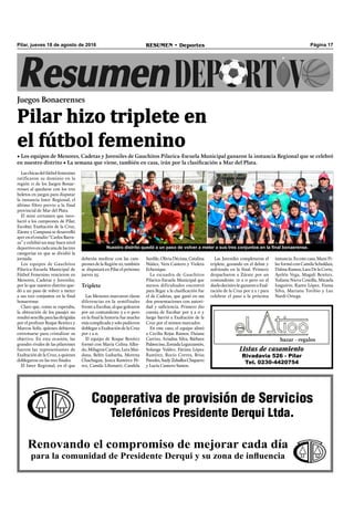Página 17RESUMEN • DeportesPilar, jueves 18 de agosto de 2016
Laschicasdelfútbolfemenino
ratificaron su dominio en la
región 11 de los Juegos Bonae-
renses al quedarse con los tres
boletos en juegos para disputar
la instancia Inter Regional, el
último filtro previo a la final
provincial de Mar del Plata.
El mini certamen que invo-
lucró a los campeones de Pilar,
Escobar, Exaltación de la Cruz,
Zárate y Campana se desarrolló
ayer en el estadio “Carlos Barra-
za” y exhibió un muy buen nivel
deportivoencadaunadelastres
categorías en que se dividió la
jornada.
Los equipos de Gauchitos
Pilarica-Escuela Municipal de
Fútbol Femenino vencieron en
Menores, Cadetas y Juveniles,
por lo que nuestro distrito que-
dó a un paso de volver a meter
a sus tres conjuntos en la ﬁnal
bonaerense.
Claro que, como se esperaba,
la obtención de los pasajes no
resultósencillaparalasdirigidas
por el profesor Roque Benítez y
Marcos Solís, quienes debieron
extremarse para cristalizar su
objetivo. En esta ocasión, las
grandes rivales de las pilarenses
fueron las representantes de
Exaltación de la Cruz, a quienes
doblegaron en las tres ﬁnales.
El Inter Regional, en el que
Cooperativa de provisión de Servicios
Telefónicos Presidente Derqui Ltda.
Renovando el compromiso de mejorar cada día
para la comunidad de Presidente Derqui y su zona de influencia
deberán medirse con las cam-
peones de la Región 10, también
se disputará en Pilar el próximo
jueves 25.
Triplete
Las Menores marcaron claras
diferencias en la semifinales
frente a Escobar, al que golearon
por un contundente 5 a 0 pero
en la ﬁnal la historia fue mucho
más complicada ysolopudieron
doblegara ExaltacióndelaCruz
por 1 a 0.
El equipo de Roque Benítez
formó con María Celina Allin-
do, Milagros Carrizo, Lara Mai-
dana, Belén Ludueña, Morena
Chachagua, Jesica Ramírez Pé-
rez, Camila Libonatti, Candela
Sardile,OliviaDécima,Catalina
Núñez, Vera Cantero y Violeta
Echenique.
La escuadra de Gauchitos
Pilarica-Escuela Municipal que
menos dificultades encontró
para llegar a la clasiﬁcación fue
el de Cadetas, que ganó en sus
dos presentaciones con autori-
dad y suﬁciencia. Primero dio
cuenta de Escobar por 3 a 0 y
luego barrió a Exaltación de la
Cruz por el mimos marcador.
En este caso, el equipo alistó
a Cecilia Rojas Ramos, Daiana
Carrizo, Ariadna Silva, Bárbara
Palavecino,ZoraidaLeguizamón,
Solange Valdez, Fátima López
Ramírez, Rocío Correa, Brisa
Paredes,SuelyZeballosChaparro
y Lucía Cantero Santos.
Listas de casamiento
Rivadavia 526 - Pilar
Tel. 0230-4420754
bazar - regalos
Juegos Bonaerenses
• Los equipos de Menores, Cadetas y Juveniles de Gauchitos Pilarica-Escuela Municipal ganaron la instancia Regional que se celebró
en nuestro distrito • La semana que viene, también en casa, irán por la clasificación a Mar del Plata.
Pilar hizo triplete en
el fútbol femenino
Las Juveniles completaron el
triplete, gozando en el debut y
sufriendo en la ﬁnal. Primero
despacharon a Zárate por un
contundente 12 a 0 pero en el
duelodecisivoleganaronaExal-
tación de la Cruz por 2 a 1 para
celebrar el paso a la próxima
instancia. En este caso, Muni Pi-
lar formó con Camila Schuldais,
DalmaRamos,LaraDelaCorte,
Ayelén Vega, Magalí Benítez,
Yuliana Nieva Costilla, Micaela
Izaguirre, Karen López, Fiama
Silva, Mariana Toribio y Luz
Nardi Ortega.
Nuestro distrito quedó a un paso de volver a meter a sus tres conjuntos en la final bonaerense.
 
