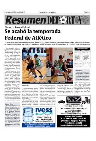 Página 15RESUMEN • DeportesPilar, sábado 15 de abril de 2017
La temporada de Atlético en
el torneo Federal ya es historia.
El equipo dirigido por Juan
Manuel Nardini no pudo con
Sarmiento en Junín y al caer
por 80 a 73 perdió la serie de
Reclasiﬁcación por 3 a 2.
Como la mayoría de los
otros cuatro cotejos de esta
llave, las acciones fueron muy
equilibradas de principio a ﬁn
y Sarmiento logró destrabar el
choque recién en el lapso ﬁnal
y festejó durante largo rato
la clasificación a la próxima
instancia.
La gran figura del elenco
verdolaga fue el intermina-
ble Julio Mázzaro, que fue el
goleador de la noche con 24
puntos pero además aportó 6
rebotes y otorgó 2 asistencias.
Por su parte, el jugador más
determinante en el visitante
fue el pivote Martín Gareis,
quien acabó la noche con 19
conversiones y 5 rebotes.
De esta manera, en “La For-
taleza” se acabó el certamen
para Atlético, que luchó en la
serie y estuvo a punto de dar el
batacazo pero falló como local
en el cuarto compromiso, dejó
pasar su chance y ahora debe-
rá enfocarse en el Oﬁcial de la
Asociación Zárate-Campana
que se abrirá en dos semanas.
PRESENTANDO ESTE AVISO 1 BIDON DE 12 LTS
DE AGUA + 1 DISPENSER SIN CARGO
La acción
Después de un paso en falso,
Sarmiento acomodó el resul-
tado hacia el cierre del primer
cuarto y terminó ganando
24-19 gracias a un notable
trabajo de Julio Mázzaro con
dos bombas consecutivas en el
minuto ﬁnal.
Reaccionó Pilar con Riam-
bau y Romani para dar vuelta
el resultado apenas iniciado el
segundo capítulo y lo sostuvo
Básquet – Torneo Federal
•ElRanchonopudoconSarmientoenJunín,perdió80-73ycayóenlaseriedeReclasificaciónpor3-2•ElVerdesacóladiferencia
en el cuarto final y en el marco de un choque muy parejo. Mázzaro fue la figura de la noche y en Atlético se destacó Gareis.
Se acabó la temporada
Federal de Atlético
hasta restando cuatro minutos,
cuando un triplazo de Ammiel
Márquez dejó las cosas 32-21.
En ese momento, Sarmiento
tomó las riendas del juego para
cerrar un primer tiempo favo-
rable por 36-33.
Con un una bomba de Mi-
chelini, Atlético dejó en tablas
el partido tras la reanudación
36-36. De allí en más se fueron
prestando el marcador todo el
cuarto. En el ﬁnal, Sarmiento
quedó tres arriba (57-54) por
una volcada de Agustín Acuña
en el último segundo.
Julio Mázzaro destrabó el
juego en el último segmento
con un triple y un doble con-
secutivos. Ammiel Márquez
Árbitros: Guillermo Grondona y Diego
Monti . Parciales: 24-19, 12-14 (36-33),
21-21 (57-54) y 23-19
La ficha del juego
Sarmiento 80 Atlético 73
J. Mázzaro (24)
A. Márquez (13)
J. Corniglia (4)
E.D´Angelo (7)
A. Acuña (8)
J. Chahab (11)
R. Acuña (13)
DT: Marcelo Alsina
M. Gareis (19)
F. Romani (10)
L. Hasenauer (9)
S. Sevegnani (9)
L.Riambau (9)
F. Michelini (10)
J. Thorp (7)
T. Lynn
DT: Juan Nardini
Historial
Atlético y Sarmiento se
enfrentaron en 14 oportu-
nidades de manera oﬁcial.
El Verde se impuso en nue-
ve, mientras que el Rancho
celebró en las otras cuatro.
Como sigue
La próxima instancia de
los play off del Federal ten-
dría los siguientes cruces:
Ramos Mejía-Independien-
te de Neuquén, Belgrano
de San Nicolás-Sanjustino,
Deportivo Rivadavia-Ra-
cing de Avellaneda, Pérfora
de Plaza Huincul-Escobar,
Centro Español de Plottier-
Sarmiento de Junín, Racing
de Chivilcoy-Lanús, Hura-
cán-Villa Mitre de Bahía
Blanca y River Plate-Pedro
Echagüe.
Atlético luchó en la serie y estuvo a punto de dar el batacazo. ratiﬁcó el camino con otro tri-
plazo y Emmanuel D´Angelo
con un doble a once segundos
del ﬁnal le bajó el telón al par-
tido, sentenciando la suerte del
Rancho para quien su segunda
temporada en el Federal ya es
pasado.
 