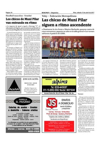 Página 16 RESUMEN • Deportes Pilar, sábado 15 de abril de 2017
JOSE LUIS ACEÑA
PRODUCTOR - ASESOR
DE SEGUROS
Hipólito Yrigoyen 271
Tel. 0230-4420111/27713
Paseo Comercial Bianea
Ciudad del Pilar
Voley – Federación Metropolitana
Las chicas de Muni Pilar
siguen a ritmo ascendente
• Dominaron la tira frente a Náutico Buchardo, ganaron cuatro de
cinco encuentros y pegaron un salto en la tabla general • Los varones
sufrieron el poderío de GEBA.
Los equipos femeninos de
la Escuela Municipal de Voley
dieron otro paso en su ritmo
ascendente y por la 5° fecha del
torneo de nivel “E” de la Fede-
ración Metropolitana de Voley
(FMV) dominaron claramente
la tira que las opuso como local
frente a Náutico Buchardo.
Las dirigidas por el profesor
Los chicos de Muni Pilar
van entrando en ritmo
Handball masculino - Femebal
• Le jugaron de igual a igual a Dorrego “C”, el
subcampeóndeQuinta,peroterminaronperdiendo20
a15.GonzaloMagallánfueelmásdestacadodeltricolor.
La juvenil formación de la ca-
tegoría mayores masculino de la
Escuela Municipal de Handball
cambió notoriamente su imagen
y en el juego por la 3° fecha de
Quinta división de la Federación
Metropolitana de Balonmano
(Femebal) puso en jaque al sub-
campeón del año pasado: Dorre-
go “C”.
El encuentro se disputó en el
gimnasio del Instituto “San José”
de Morón y tras una dura lucha
acabóconvictoriadelexperimen-
tado conjunto dorreguense 20 a
15. Pese a ese marcador, Muni Pi-
lardejóunagrataimpresiónyeso
permitepensarconoptimismode
cara al futuro.
En la previa Pilar no era can-
didato, sobre todo porque en el
partidoanteriorfrenteaMariano
Moreno de Wilde, un equipo de
menor valía, cometió numerosos
errores y terminó perdiendo de-
jando una pálida imagen.
Julián Gagliano volvió a poner
en cancha una escuadra integra-
da en más de un 60 por ciento
por juveniles en proceso de for-
mación pero esta vez el equipo
mostró actitud, concentración,
buentrabajodefensivoyelaﬁan-
zamiento de varios de los chicos
que están haciendo sus primeras
experiencias.
El primer tiempo terminó em-
patado en 9 luego de que los pi-
larenses se mantuvieron al frente
por dos o tres goles a lo largo de
casitodoelcapítulo.Peroprome-
diandoelsegundotiempofueex-
pulsado Gonzalo Magallán (una
de las ﬁguras) por un contacto
excesivo y Gagliano debió rear-
marelequipo.Igual,eltricolorno
bajó la intensidad y forzó errores
rivales.Enelﬁnal,Dorrego,quees
unequipomáslargoyconmayor
experiencia, capitalizó mejor el
cierre y ganó 20 a 15.
Magallán,autordevariosgoles,
Martín Umbert, Brian Vergara y
elarqueroNicolásDíazfueronlos
másdestacadosdeMuniPilar,que
el domingo 23, luego del receso
por Semana Santa, recibirá a Ar-
gentinos Juniors por la 4° fecha.
José María Giménez ganaron
los puntos en cuatro de los cinco
encuentros de la tira disputa-
da en el gimnasio del Instituto
Almafuerte y pegaron un salto
importante en la tabla general.
EnelpleitodelacategoríaSub
17,MuniPilarimpusoclarasdife-
rencias y se llevó la victoria por
un contundente 3 a 0, mientras
que el partido de la divisional
más grande, Sub 21, fue mucho
más parejo y se resolvió en favor
de las tricolores por un ajustado
3 sets a 2.
Laspilarensestambiénseadju-
dicaronlospuntosenlasdivisio-
nales Sub 13 y Sub 15, en las que
celebrósinnecesidaddesalirala
canchaporlanopresentaciónde
sus adversarias.
Buchardo solo logró quedarse
con los puntos en el duelo de la
categoría Sub 19. Allí Pilar no
pudo hacer pie y pese a dar pe-
lea en todos los períodos acabó
cediendo por 3 a 0.
Este ﬁn de semana no habrá
actividadesyenlapróximafecha
laschicasdeMuniPilarseránlo-
calesdeTortuguitaselsábado22.
Varones
Alosquenolefuetanbienfue
a los conjuntos masculinos de
Muni Pilar, que por la 5° fecha
del nivel “C” visitaron a Gim-
nasia y Esgrima de Buenos Aires
(GEBA).
Los porteños, un club con
riquísima historia en vóley, ga-
naron en las tres categorías en
las que hubo acción. Vencieron
en Sub 17 por 3 a 0 con parciales
de 25-11, 25-115 y 25-17, repitie-
ron en Sub 19 pero por 3 sets a
1 (25-17, 25-21, 19-25 y 25-23) y
completaroneltripleteenSub21,
división en la que los pilarenses
habían arrancado ganando 2 a
0 pero no supieron sostener la
ventaja. Ese cotejo acabó 3-2 con
parciales de 23-25, 23-25, 25-16,
25-22 y 15-12.
La próxima presentación pi-
larense será el sábado 22 como
visitante de Marcos Paz.
El sábado 22 las chicas de Muni Pilar serán locales de Tortuguitas.
 