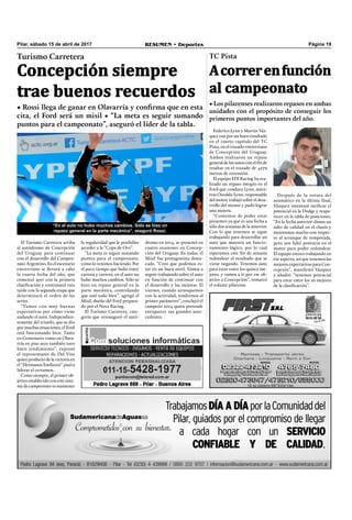 Pilar, sábado 15 de abril de 2017 RESUMEN • Deportes Página 19
¡¡¡Los que más venden!!!
Turismo Carretera
Concepción siempre
trae buenos recuerdos
• Rossi llega de ganar en Olavarría y confirma que en esta
cita, el Ford será un misil • “La meta es seguir sumando
puntos para el campeonato”, aseguró el líder de la tabla.
El Turismo Carretera arriba
al autódromo de Concepción
del Uruguay para continuar
con el desarrollo del Campeo-
nato Argentino. En el escenario
entrerriano se llevará a cabo
la cuarta fecha del año, que
comenzó ayer con la primera
clasiﬁcación y continuará esta
tarde con la segunda etapa que
determinará el orden de las
series.
“Vamos con muy buenas
expectativas por cómo viene
andando el auto. Independien-
temente del triunfo, que se dio
por muchas situaciones, el Ford
está funcionando bien. Tanto
en Centenario como en Olava-
rría en piso seco también tuvo
buen rendimiento”, expresó
el representante de Del Viso
quien producto de la victoria en
el “Hermanos Emiliozzi” pasó a
liderar el certamen.
Como siempre, el primer ob-
jetivo establecido con este siste-
ma de campeonato es mantener
dromo en 2014, se presentó en
cuatro ocasiones en Concep-
ción del Uruguay. En todas, el
Misil fue protagonista desta-
cado. “Creo que podemos es-
tar en un buen nivel. Vamos a
seguir trabajando sobre el auto
en función de continuar con
el desarrollo y las mejoras. El
viernes, cuando arranquemos
con la actividad, tendremos el
primer parámetro”, concluyó el
campeón 2014 quien pretende
enriquecer sus grandes ante-
cedentes.
la regularidad que le posibilite
acceder a la “Copa de Oro”.
“La meta es seguir sumando
puntos para el campeonato,
como lo venimos haciendo. Por
el poco tiempo que hubo entre
carrera y carrera, en el auto no
hubo muchos cambios. Sólo se
hizo un repaso general en la
parte mecánica, controlando
que esté todo bien”, agregó el
Misil, dueño del Ford prepara-
do por el Nova Racing.
El Turismo Carretera, cate-
goría que reinauguró el autó-
Acorrerenfunción
al campeonato
TC Pista
• Los pilarenses realizaron repasos en ambas
unidades con el propósito de conseguir los
primeros puntos importantes del año.
Federico Lynn y Martín Váz-
quez van por un buen resultado
en el cuarto capítulo del TC
Pista, en el trazado entrerriano
de Concepción del Uruguay.
Ambos realizaron un repaso
general de los autos con el ﬁn de
resaltar en el trazado de 4279
metros de extensión.
El equipo EFE Racing ha rea-
lizado un repaso íntegro en el
Ford que conduce Lynn, mien-
tras Osvaldo Lynn, responsable
del motor, trabajó sobre el desa-
rrollo del mismo y pudo lograr
una mejora.
“Contentos de poder estar
presentes ya que es una fecha a
sólo dos semanas de la anterior.
Con lo que tenemos se sigue
trabajando para desarrollar un
auto que muestra un funcio-
namiento lógico, por lo cual
esperamos este ﬁn de semana
redondear el resultado que se
viene negando. Tenemos auto
para estar entre los quince me-
jores, y vamos a ir por ese ob-
jetivo a Concepción”, remarcó
el volante pilarense.
Después de la rotura del
neumático en la última ﬁnal,
Vázquez intentará ratiﬁcar el
potencial en la Dodge y reapa-
recer en la tabla de posiciones.
“En la fecha anterior dimos un
salto de calidad en el chasis y
mejoramos mucho con respec-
to al arranque de temporada,
pero nos faltó potencia en el
motor para poder redondear.
El equipo estuvo trabajando en
ese aspecto, así que tenemos las
mejores expectativas para Con-
cepción”, manifestó Vázquez
y añadió: “tenemos potencial
para estar entre los 10 mejores
de la clasiﬁcación”.
“En el auto no hubo muchos cambios. Sólo se hizo un
repaso general en la parte mecánica”, aseguró Rossi.
 
