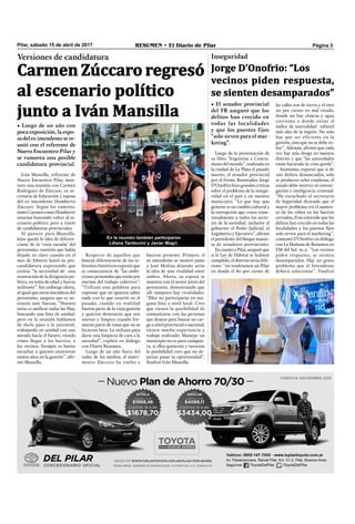 Pilar, sábado 15 de abril de 2017 RESUMEN • El Diario de Pilar Página 3
Luego de la presentación de
su libro “Argentina a Contra-
mano del mundo”, realizada en
la ciudad de La Plata el pasado
martes, el senador provincial
por el Frente Renovador, Jorge
D’Onofrio hizo grandes críticas
sobre el problema de la insegu-
ridad en el país y en nuestro
municipio. “Lo que hay que
generar es un cambio cultural y
la corrupción que cruza trans-
versalmente a todos los secto-
res de la sociedad, inclusive el
gobierno: el Poder Judicial, el
Legislativo y Ejecutivo”, aﬁrmó
el presidente del bloque massis-
ta de senadores provinciales.
En cuanto a Pilar, aseguró que
si la Ley de Hábitat se hubiese
cumplido, el distrito sería dife-
rente: “no tendríamos un Pilar
en donde el 80 por ciento de
• El senador provincial
del FR aseguró que los
delitos han crecido en
todas las localidades
y que los puestos fijos
“solo sirven para el mar-
keting”.
las calles son de tierra y el otro
20 por ciento en mal estado,
donde no hay cloacas y agua
corriente o donde existe el
índice de mortalidad infantil
más alto de la región. No solo
hay que ser eficiente en la
gestión, sino que no se debe ro-
bar”. Además, aﬁrmó que cada
vez hay más droga en nuestro
distrito y que “las autoridades
están haciendo la vista gorda”.
Asimismo, expresó que si de
100 delitos denunciados, solo
se producen ocho condenas, el
estado debe invertir en investi-
gación e inteligencia criminal.
“He escuchado al secretario
de Seguridad diciendo que el
mayor problema era el aumen-
to de los robos en los barrios
cerrados, él no entiende que los
delitos han crecido en todas las
localidades y los puestos ﬁjos
solo sirven para el marketing”,
comentó D’Onofrio en diálogo
con La Mañana de Resumen en
FM del Sol 91.5. “Los vecinos
piden respuesta, se sienten
desamparados. Hay un grave
problema que el Intendente
deberá solucionar”, finalizó
Inseguridad
Carmen Zúccaro regresó
al escenario político
junto a Iván Mansilla
Versiones de candidatura
• Luego de un año con
poca exposición, la espo-
sa del ex intendente se re-
unió con el referente de
Nuevo Encuentro Pilar y
se rumorea una posible
candidatura provincial.
Respecto de aquellos que
buscan diferenciarse de los re-
ferentes históricos expresó que
es consecuencia de “las ambi-
ciones personales que están por
encima del trabajo colectivo”:
“Utilizan esas palabras para
expresar que no quieren saber
nada con lo que ocurrió en el
pasado, cuando en realidad
fueron parte de la vieja gestión
y quieren demostrar que son
nuevos y limpios cuando for-
maron parte de cosas que no se
hicieron bien. Lo utilizan para
darse una limpieza de cara a la
sociedad”, explicó en diálogo
con Diario Resumen.
Luego de un año fuera del
radar de los medios, el matri-
monio Zúccaro ha vuelto a
Iván Mansilla, referente de
Nuevo Encuentro Pilar, man-
tuvo una reunión con Carmen
Rodríguez de Zúccaro, ex se-
cretaria de Educación y esposa
del ex intendente Humberto
Zúccaro. Según los rumores,
tanto Carmen como Humberto
estarían buscando volver al es-
cenario político, pero a través
de candidaturas provinciales.
Al parecer para Mansilla,
lejos quedó la idea de diferen-
ciarse de la ‘vieja escuela’ del
peronismo, cuestión que había
dejado en claro cuando en el
mes de febrero lanzó su pre-
candidatura expresando que
existía “la necesidad de una
renovación de la dirigencia po-
lítica, en tema de edad y fuerza
militante”. Sin embargo ahora,
al igual que otros miembros del
peronismo, asegura que es ne-
cesario unir fuerzas. “Nuestra
tarea es uniﬁcar todas las ﬁlas,
buscando una lista de unidad,
pero en la reunión hablamos
de darle paso a la juventud,
trabajando en unidad con una
mirada hacia el futuro, viendo
cómo llegar a los barrios, a
los vecinos. Siempre es bueno
escuchar a quienes estuvieron
tantos años en la gestión”, aﬁr-
mó Mansilla.
Jorge D’Onofrio: “Los
vecinos piden respuesta,
se sienten desamparados”
hacerse presente. Primero, el
ex intendente se mostró junto
a José Molina dejando atrás
la idea de una rivalidad entre
ambos. Ahora, su esposa se
muestra con el sector joven del
peronismo, demostrando que
allí tampoco hay rivalidades.
“Ellos no participarán en nin-
guna lista a nivel local. Creo
que tienen la posibilidad de
comunicarse con las personas
que deseen para buscar un car-
go a nivel provincial o nacional,
tienen mucha experiencia y
trabajo realizado. Manejar un
municipio no es para cualquie-
ra, si ellos quisieran y tuvieran
la posibilidad creo que no de-
jarían pasar la oportunidad”,
ﬁnalizó Iván Mansilla.
En la reunión también participaron
Liliana Tamburini y Javier Magri.
 