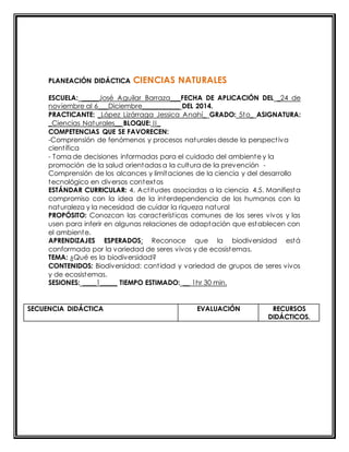 PLANEACIÓN DIDÁCTICA CIENCIAS NATURALES 
ESCUELA: _____José Aguilar Barraza___FECHA DE APLICACIÓN DEL _24 de 
noviembre al 6___Diciembre___________ DEL 2014. 
PRACTICANTE: _López Lizárraga Jessica Anahí_ GRADO: 5to_ ASIGNATURA: 
_Ciencias Naturales__ BLOQUE: II_ 
COMPETENCIAS QUE SE FAVORECEN: 
-Comprensión de fenómenos y procesos naturales desde la perspect iva 
cient ífica 
- Toma de decisiones informadas para el cuidado del ambiente y la 
promoción de la salud orientadas a la cultura de la prevención - 
Comprensión de los alcances y limitaciones de la ciencia y del desarrollo 
tecnológico en diversos contextos 
ESTÁNDAR CURRICULAR: 4. Act itudes asociadas a la ciencia. 4.5. Manifiesta 
compromiso con la idea de la interdependencia de los humanos con la 
naturaleza y la necesidad de cuidar la riqueza natural 
PROPÓSITO: Conozcan las característ icas comunes de los seres vivos y las 
usen para inferir en algunas relaciones de adaptación que establecen con 
el ambiente. 
APRENDIZAJES ESPERADOS: Reconoce que la biodiversidad está 
conformada por la variedad de seres vivos y de ecosistemas. 
TEMA: ¿Qué es la biodiversidad? 
CONTENIDOS: Biodiversidad: cant idad y variedad de grupos de seres vivos 
y de ecosistemas. 
SESIONES: ____1_____ TIEMPO ESTIMADO: __ 1hr 30 min. 
SECUENCIA DIDÁCTICA EVALUACIÓN RECURSOS 
DIDÁCTICOS. 
 