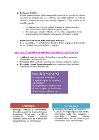 2. Fortalezas distintivas
Cuando una determinada fortaleza es poseída solamente por un reducido número
de empresas competidoras. Las empresas que saben explotar su fortaleza
distintiva generalmente logran una ventaja competitiva. Éstas pueden no ser
imitables cuando:
o Su adquisición o desarrollo pueden depender de una circunstancia
histórica única que otras empresas no pueden copiar.
o Su naturaleza y carácter podría no ser conocido o comprendido por las
empresas competidoras (cultura empresarial o trabajo en equipo).
3. Fortalezas de Imitación de las Fortalezas Distintivas
Es la capacidad de copiar la fortaleza distintiva de otra empresa y de convertirla
en una estrategia que genere utilidad económica.
ÁREAS A CONSIDERAR OPORTUNIDADES Y AMENAZAS
 Análisis de entorno, estructura de la industria (proveedores, canales de
distribución, clientes mercados)
 Grupos de interés, gobiernos, instituciones públicas, sindicatos, gremios.
 El entorno visto en forma más amplia, aspectos demográficos, políticos,
legislativos, cultural, ambiental, etc.
• Estrategia fortalezas y oportunidades:
Cuando una empresa posee debilidades
importantes, lucha para vencerlas y
convertirlas. Cuando enfrenta
amenazas serias, trata de evitarlas para
concentrarse en las oporunidades
• Estrategia fortalezas y oportunidades:
Cuando una empresa posee debilidades
importantes, lucha para vencerlas y
convertirlas. Cuando enfrenta
amenazas serias, trata de evitarlas para
concentrarse en lasoportunidades.
Estrategia 1 Estrategia 2
Pasos de la Matriz PCI
• Se elaboran 4 columnas
• La primera para los elementos
encontrados
• La segunda para las fortalezas
• La tercera para las debilidades
• La cuarta para el impacto
 
