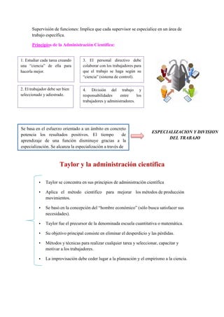 1. Estudiar cada tarea creando
una “ciencia” de ella para
hacerla mejor.
3. El personal directivo debe
colaborar con los trabajadores para
que el trabajo se haga según su
“ciencia” (sistema de control).
Se basa en el esfuerzo orientado a un ámbito en concreto
potencia los resultados positivos. El tiempo de
aprendizaje de una función disminuye gracias a la
especialización. Se alcanza la especialización a través de
Supervisión de funciones: Implica que cada supervisor se especialice en un área de
trabajo específica.
Principios de la Administración Científica:
Taylor y la administración científica
Taylor se concentra en sus principios de administración científica
Aplica el método científico para mejorar los métodos de producción
movimientos.
Se basó en la concepción del “hombre económico” (sólo busca satisfacer sus
necesidades).
Taylor fue el precursor de la denominada escuela cuantitativa o matemática.
Su objetivo principal consiste en eliminar el desperdicio y las pérdidas.
Métodos y técnicas para realizar cualquier tarea y seleccionar, capacitar y
motivar a los trabajadores.
La improvisación debe ceder lugar a la planeación y el empirismo a la ciencia.
ESPECIALIZACION Y DIVISION
DEL TRABAJO
2. El trabajador debe ser bien
seleccionado y adiestrado.
4. División del trabajo y
responsabilidades entre los
trabajadores y administradores.
•
•
•
•
•
•
•
 