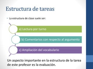 Estructura de tareas
• La estructura de clase suele ser:
a) Lectura por turno
b) Comentarios con respecto al argumento
c) Ampliación del vocabulario
Un aspecto importante en la estructura de la tarea
de este profesor es la evaluación.
 