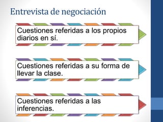 Entrevista de negociación
Cuestiones referidas a los propios
diarios en sí.
Cuestiones referidas a su forma de
llevar la clase.
Cuestiones referidas a las
inferencias.
 