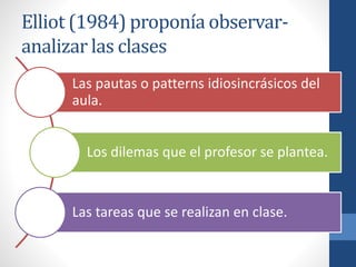 Elliot (1984) proponía observar-
analizar las clases
Las pautas o patterns idiosincrásicos del
aula.
Los dilemas que el profesor se plantea.
Las tareas que se realizan en clase.
 