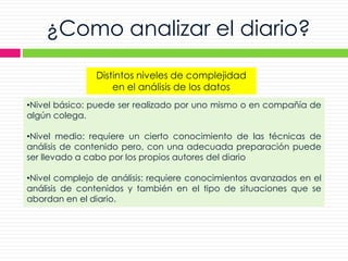 ¿Como analizar el diario?
Distintos niveles de complejidad
en el análisis de los datos
•Nivel básico: puede ser realizado por uno mismo o en compañía de
algún colega.
•Nivel medio: requiere un cierto conocimiento de las técnicas de
análisis de contenido pero, con una adecuada preparación puede
ser llevado a cabo por los propios autores del diario
•Nivel complejo de análisis: requiere conocimientos avanzados en el
análisis de contenidos y también en el tipo de situaciones que se
abordan en el diario.
 
