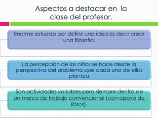 Aspectos a destacar en la
clase del profesor.
Enorme esfuerzo por definir una idea es decir crear
una filosofía.
La percepción de los niños se hace desde la
perspectiva del problema que cada uno de ellos
plantea
Son actividades variables pero siempre dentro de
un marco de trabajo convencional (con apoyo de
libros).
 