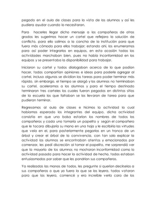 pegado en el aula de clases para la vista de los alumnos y así les
pudiera ayudar cuando lo necesitaran.
Para hacerles llegar dicho mensaje a los compañeros de otros
grados les sugerimos hacer un cartel que reflejara la solución de
conflicto, para ello salimos a la cancha de la institución para que
fuera más cómodo para ellos trabajar; estando ahí, los enumeramos
para así poder integrarlos en equipos, en esta ocasión todas las
actividades marchaban bien, pues no había inconformidad en los
equipos y se presentaba la disponibilidad para trabajar.
Iniciaron su cartel y todos dialogaban acerca de lo que podían
hacer, todos compartían opiniones e ideas para poderle agregar al
cartel, incluso algunos se dividían las tareas para poder terminar más
rápido, sin embargo, el tiempo se alargó y los alumnos no terminaban
su cartel, aceleramos a los alumnos y para el tiempo destinado
terminaron tres carteles los cuales fueron pegados en distintos sitios
de la escuela los que faltaban se los llevaron de tarea para que
pudieran terminar.
Regresamos al aula de clases e hicimos la actividad la cual
habíamos esperado los integrantes del equipo, dicha actividad
consistía en que una bolsa estarían los nombres de todos los
compañeros y cada uno tomaría un papelito y según el compañero
que le tocara dibujaría su mano en una hoja y le escribiría las virtudes
que veía en el, para posteriormente pegarlas en un tronco de un
árbol y crear el árbol de la convivencia, con tan solo explicar la
actividad los alumnos se encontraban atentos y emocionados por
comenzar, les pedí discreción al tomar el papelito, me sorprendió ver
que la mayoría de los alumnos no mostraron inconformidad como la
actividad pasada para hacer la actividad de hecho, todos estaban
entusiasmados por saber que les pondrían sus compañeros.
Ya realizadas las manos de todos, les pregunte si querían decírselas a
sus compañeros o que yo fuera la que se los leyera, todos votaron
para que las leyera, comencé y era increíble verla cara de los
 