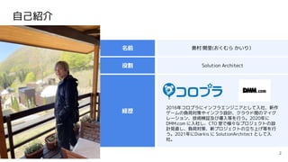 自己紹介
2
奥村 開里(おくむら かいり）
名前
2016年コロプラにインフラエンジニアとして入社、新作
ゲームの負荷対策やインフラ設計、クラウド間のマイグ
レーション、技術検証及び導入等を行う。2020年に
DMM.com に入社し、CTO 室で様々なプロジェクトの設
計見直し、負荷対策、新プロジェクトの立ち上げ等を行
う。2021年にDiarkis に SolutionArchitect として入
社。
経歴
Solution Architect
役割
 