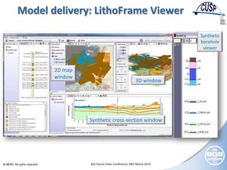 © NERC All rights reserved AGI Future Cities Conference 18th March 2014
Model delivery: LithoFrame Viewer
2D map
window
3D window
Synthetic cross-section window
Synthetic
borehole
viewer
 
