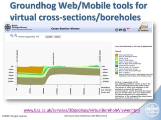 © NERC All rights reserved AGI Future Cities Conference 18th March 2014
Groundhog Web/Mobile tools for
virtual cross-sections/boreholes
www.bgs.ac.uk/services/3Dgeology/virtualBoreholeViewer.html
 