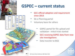© NERC All rights reserved AGI Future Cities Conference 18th March 2014
GSPEC – current status
− GSPEC portal for file upload and
validation - Initial trials started
− GCC receiving GSPEC data from new
site investigations
− Data transfer to BGS
− GCC official adoption and requirement
since 2013
− SG e-Planning portal
− Voluntary basis for others
 
