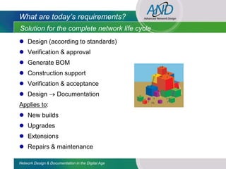 What are today’s requirements?
Solution for the complete network life cycle
 Design (according to standards)
 Verification & approval
 Generate BOM
 Construction support
 Verification & acceptance
 Design             Documentation
Applies to:
 New builds
 Upgrades
 Extensions
 Repairs & maintenance

Network Design & Documentation in the Digital Age
 