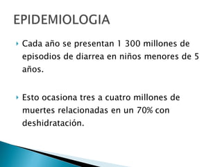 Cada año se presentan 1 300 millones de episodios de diarrea en niños menores de 5 años. Esto ocasiona tres a cuatro millones de muertes relacionadas en un 70% con deshidratación. 