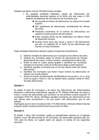 Estados que tienen más de 120 defunciones anuales:
         • En aquellas entidades federativa, donde las defunciones por
            enfermedades diarreicas agudas en el último año sea mayor a 120,
            deberán considerarse las ocurridas en los municipios que:
                      De acuerdo al número de defunciones, se ubican en el cuartil
                      superior.
                      Son repetidores de defunciones, considerando los últimos
                      dos años.
                      Presentan incremento en el número de defunciones con
                      relación al mismo periodo del año anterior.
                      Estén incluidos dentro de los clasificados con Menor Índice
                      de Desarrollo Humano
                      Cuando dicha suma sea menor o igual a 120 defunciones
                      por año, se realizará AV al 100% de las defunciones que
                      ocurran en esos municipios.

Estas entidades federativas deberán realizar el siguiente procedimiento:

      a)   Obtener el listado de defunciones por municipio en los últimos dos años.
      b)   Ordenar los municipios según el número de defunciones de manera
           descendente (de mayor a menor número), considerando el último año.
      c)   Dividir la serie en cuatro partes iguales e identificar los municipios
           ubicados en el primer cuarto de arriba hacia abajo (cuartil superior).
      d)   Identificar aquellos municipios que en los dos últimos años han tenido
           defunciones.
      e)   Identificar los municipios que tienen mayor número de defunciones en
           relación con el año anterior.
      f)   Sumar el número de defunciones identificadas en los puntos c, d y e. Si la
           suma es igual o menor a 120, se deberá hacer autopsia verbal al 100%
           de estas defunciones.

Ejemplo 1:

El estado X tiene 80 municipios y de éstos hay defunciones por enfermedades
diarreicas e infecciones respiratorias agudas en 70. Deberá ordenarlos de mayor a
menor y sumar las defunciones que ocurrieron en los primeros (cuartil superior) 15
municipios (70/4=15). Ahora, identifique aquellos municipios con defunciones en los
dos últimos años consecutivos y los que tienen más defunciones que en año
anterior.
Supóngase que en esos municipios hubo 115 defunciones, entonces deberá hacerse
autopsia verbal a todas las defunciones que ocurran en ellos.

Ejemplo 2:

El Estado 1 tiene 128 municipios, realizó el procedimiento descrito en el ejemplo
anterior y tuvo 198 defunciones en 45 municipios. De éstas debe quedarse sólo con
120, para tal efecto, se sugiere optar por alguna (o varias) de las siguientes
opciones:




                                                                                 100
 