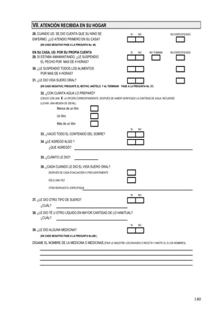 VII. ATENCIÓN RECIBIDA EN SU HOGAR
28. CUÁNDO UD. SE DIO CUENTA QUE SU NIÑO SE                               SI    NO                  NO ESPECIFICADO
ENFERMO, ¿LO ATENDIO PRIMERO EN SU CASA?
     (EN CASO NEGATIVO PASE A LA PREGUNTA No. 40)

EN SU CASA, UD. POR SU PROPIA CUENTA                                      SI    NO      NO TOMABA   NO ESPECIFICADO
29. SI ESTABA AMAMANTANDO, ¿LE SUSPENDIÓ
       EL PECHO POR MÁS DE 4 HORAS?
30. ¿LE SUSPENDIÓ TODOS LOS ALIMENTOS
      POR MÁS DE 4 HORAS?
31. ¿LE DIO VIDA SUERO ORAL?
     (EN CASO NEGATIVO, PREGUNTE EL MOTIVO, ANÓTELO Y AL TERMINAR PASE A LA PREGUNTA No. 37)

     32. ¿CON CUÁNTA AGUA LO PREPARÓ?
     (CRUCE CON UNA
                 X LA OPCIÓN CORRESPONDIENTE, DESPUÉS DE HABER VERIFICADO LA CANTIDAD DE AGUA, RECUERDE
     LLEVAR UNA MEDIDA DE 250 ML)
                  Menos de un litro

                  Un litro

                  Más de un litro
                                                                          SI    NO
     33. ¿VACIÓ TODO EL CONTENIDO DEL SOBRE?

     34. ¿LE AGREGÓ ALGO ?
           ¿QUE AGREGÓ?

     35. ¿CUÁNTO LE DIO?

     36. ¿CADA CUÁNDO LE DIO EL VIDA SUERO ORAL?
           DESPUÉS DE CADA EVACUACIÓN O FRECUENTEMENTE

           SÓLO UNA VEZ

           OTRA RESPUESTA, ESPECIFIQUE

                                                                          SI    NO
37. ¿LE DIO OTRO TIPO DE SUERO?
     ¿CUÁL?
38. ¿LE DIO TÉ U OTRO LÍQUIDO EN MAYOR CANTIDAD DE LO HABITUAL?
      ¿CUÁL?
                                                                          SI    NO
39. ¿LE DIO ALGUNA MEDICINA?
     (EN CASO NEGATIVO PASE A LA PREGUNTA No.406 )

DÍGAME EL NOMBRE DE LA MEDICINA O MEDICINAS (PIDA LE MUESTRE LOS ENVASES O RECETA Y ANOTE EL O LOS NOMBRES)




                                                                                                                      140
 