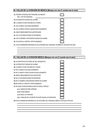 III.- FALLAS DE LA ATENCIÓN NO MÉDICA (Marque con una X cuando sea el caso)

18.- RECIBIÓ ATENCIÓN POR PERSONAL NO MÉDICO
     18.1.- TIPO DE PERSONAL
19.- NO IDENTIFICÓ SIGNOS DE ALARMA

20.- LE INDICÓ AYUNO POR MÁS DE 4 HORAS

21.- NO LE INDICÓ VSO ADECUADAMENTE

22.- NO LE INDICÓ OTROS LIQUIDOS ADECUADAMENTE

23.- INDICÓ MEDICAMENTOS INJUSTIFICADOS

24.- NO LE DIO INDICACIONES DE REGRESAR

25.- NO LE ENSEÑÓ A RECONOCER SIGNOS DE ALARMA

26.- NO ENVIÓ AL HOSPITAL OPORTUNAMENTE

27.- SI SE CONSIDERAN ERRORES EN LAS ACCIONES DEL PERSONAL NO MÉDICO, EXPLIQUE POR QUÉ




IV.- FALLAS DE LA ATENCIÓN MÉDICA (Marque con una X cuando sea el caso)

28.- NO IDENTIFICÓ FACTORES DE MAL PRONÓSTICO
29.- NO IDENTIFICÓ SIGNOS DE ALARMA
30.-LE INDICÓ AYUNO POR MÁS DE 4 HORAS
31.-NO LE INDICÓ VSO ADECUADAMENTE
32.-NO LE INDICÓ OTROS LIQUIDOS ADECUADAMENTE
33.-INDICÓ MEDICAMENTOS INJUSTIFICADOS
34.-NO LE DIO INDICACIONES DE REGRESAR
35.-NO LE ENSEÑÓ A RECONOCER SIGNOS DE ALARMA
36.-NO ENVIÓ AL HOSPITAL OPORTUNAMENTE
37.-NO HUBO ATENCIÓN MÉDICA INSTITUCIONAL PORQUE:
     a) LA UNIDAD ESTABA CERRADA
     b) NO HUBO MÉDICO
     c) SE NEGÓ LA ATENCIÓN
     d) EL FAMILIAR DEL PACIENTE NO PUDO PAGAR LOS SERVICIOS

38.-SI SE CONSIDERAN ERRORES EN LAS ACCIONES DEL PERSONAL MÉDICO, EXPLIQUE POR QUÉ




                                                                                         150
 