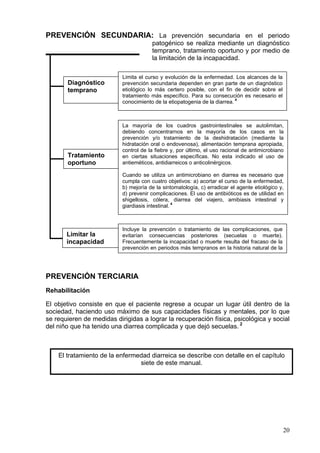 PREVENCIÓN SECUNDARIA: La prevención secundaria en el periodo
                                       patogénico se realiza mediante un diagnóstico
                                       temprano, tratamiento oportuno y por medio de
                                       la limitación de la incapacidad.

                           Limita el curso y evolución de la enfermedad. Los alcances de la
       Diagnóstico         prevención secundaria dependen en gran parte de un diagnóstico
       temprano            etiológico lo más certero posible, con el fin de decidir sobre el
                           tratamiento más específico. Para su consecución es necesario el
                           conocimiento de la etiopatogenia de la diarrea. 4



                           La mayoría de los cuadros gastrointestinales se autolimitan,
                           debiendo concentrarnos en la mayoría de los casos en la
                           prevención y/o tratamiento de la deshidratación (mediante la
                           hidratación oral o endovenosa), alimentación temprana apropiada,
                           control de la fiebre y, por último, el uso racional de antimicrobiano
       Tratamiento         en ciertas situaciones específicas. No esta indicado el uso de
       oportuno            antieméticos, antidiarreicos o anticolinérgicos.

                           Cuando se utiliza un antimicrobiano en diarrea es necesario que
                           cumpla con cuatro objetivos: a) acortar el curso de la enfermedad,
                           b) mejoría de la sintomatología, c) erradicar el agente etiológico y,
                           d) prevenir complicaciones. El uso de antibióticos es de utilidad en
                           shigellosis, cólera, diarrea del viajero, amibiasis intestinal y
                           giardiasis intestinal. 4



                           Incluye la prevención o tratamiento de las complicaciones, que
       Limitar la          evitarían consecuencias posteriores (secuelas o muerte).
       incapacidad         Frecuentemente la incapacidad o muerte resulta del fracaso de la
                           prevención en periodos más tempranos en la historia natural de la
                                        4




PREVENCIÓN TERCIARIA
Rehabilitación

El objetivo consiste en que el paciente regrese a ocupar un lugar útil dentro de la
sociedad, haciendo uso máximo de sus capacidades físicas y mentales, por lo que
se requieren de medidas dirigidas a lograr la recuperación física, psicológica y social
del niño que ha tenido una diarrea complicada y que dejó secuelas. 2



    El tratamiento de la enfermedad diarreica se describe con detalle en el capítulo
                                siete de este manual.




                                                                                               20
 