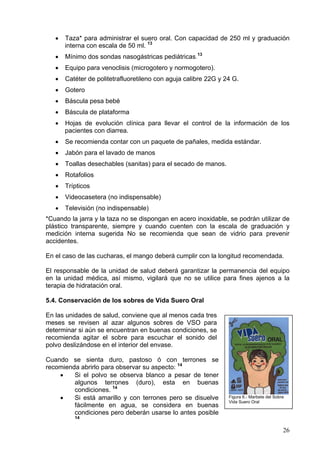 •   Taza* para administrar el suero oral. Con capacidad de 250 ml y graduación
       interna con escala de 50 ml. 13
   •   Mínimo dos sondas nasogástricas pediátricas.13
   •   Equipo para venoclisis (microgotero y normogotero).
   •   Catéter de politetrafluoretileno con aguja calibre 22G y 24 G.
   •   Gotero
   •   Báscula pesa bebé
   •   Báscula de plataforma
   •   Hojas de evolución clínica para llevar el control de la información de los
       pacientes con diarrea.
   •   Se recomienda contar con un paquete de pañales, medida estándar.
   •   Jabón para el lavado de manos
   •   Toallas desechables (sanitas) para el secado de manos.
   •   Rotafolios
   •   Trípticos
   •   Videocasetera (no indispensable)
   •   Televisión (no indispensable)
*Cuando la jarra y la taza no se dispongan en acero inoxidable, se podrán utilizar de
plástico transparente, siempre y cuando cuenten con la escala de graduación y
medición interna sugerida No se recomienda que sean de vidrio para prevenir
accidentes.

En el caso de las cucharas, el mango deberá cumplir con la longitud recomendada.

El responsable de la unidad de salud deberá garantizar la permanencia del equipo
en la unidad médica, así mismo, vigilará que no se utilice para fines ajenos a la
terapia de hidratación oral.

5.4. Conservación de los sobres de Vida Suero Oral

En las unidades de salud, conviene que al menos cada tres
meses se revisen al azar algunos sobres de VSO para
determinar si aún se encuentran en buenas condiciones, se
recomienda agitar el sobre para escuchar el sonido del
polvo deslizándose en el interior del envase.

Cuando se sienta duro, pastoso ó con terrones se
recomienda abrirlo para observar su aspecto: 14
    •    Si el polvo se observa blanco a pesar de tener
         algunos terrones (duro), esta en buenas
         condiciones. 14
    •    Si está amarillo y con terrones pero se disuelve        Figura 6.- Marbete del Sobre
                                                                 Vida Suero Oral
         fácilmente en agua, se considera en buenas
         condiciones pero deberán usarse lo antes posible
          14


                                                                                            26
 